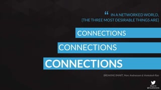 #SoAI18
@CloudElements
IN A NETWORKED WORLD,
[THE THREE MOST DESIRABLE THINGS ARE]
CONNECTIONS
“
CONNECTIONS
CONNECTIONS
BREAKING SMART, Marc Andreessen & Venkatesh Rao
 