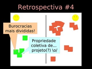 Retrospectiva #4

 Burocracias
mais divididas!

            Propriedade
            coletiva de...
            projeto(?) o/
 
