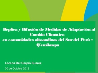 Replica y Difusión de Medidas de Adaptación al
              Cambio Climático
en comunidades altoandinas del Sur del Perú –
                 Q’emikuspa



 Lorena Del Carpio Suarez
 30 de Octubre 2012
 