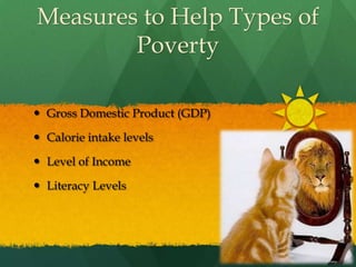 Measures to Help Types of PovertyGross Domestic Product (GDP)Calorie intake levelsLevel of Income Literacy Levels