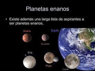 Planetas enanos Existe además una larga lista de aspirantes a ser planetas enanos.  