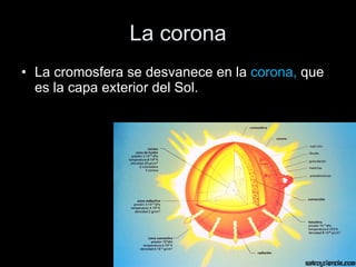 La corona La cromosfera se desvanece en la  corona,  que es la capa exterior del Sol.  