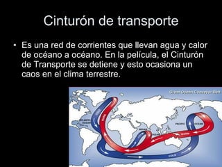 Cinturón de transporte Es una red de corrientes que llevan agua y calor de océano a océano. En la película, el Cinturón de Transporte se detiene y esto ocasiona un caos en el clima terrestre. 