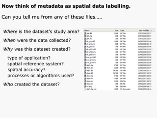 Where  is the dataset’s study area? When  were the data collected? Why   was this   dataset created?  type of application? spatial reference system?  spatial accuracy? processes or algorithms used? Who  created the dataset? Can you tell me from any of these files….. Now think of metadata as spatial data labelling. 