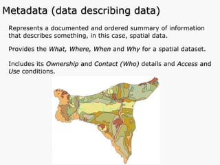 Represents a documented and ordered summary of information that describes something, in this case, spatial data. Provides the  What, Where, When  and   Why  for a spatial dataset. Includes its  Ownership  and  Contact (Who)  details and  Access  and  Use  conditions.  Metadata (data describing data) 