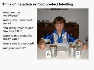 Think of metadata as food product labelling. What  are the  ingredients? What  is the nutritional value? How  many calories and  how  much fat? When  is this product’s expiry date? Where  was it produced? Who  produced it? 