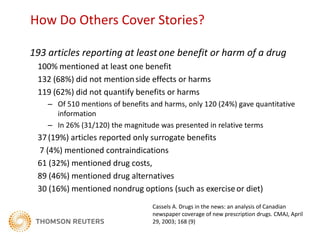 How Do Others Cover Stories?

193 articles reporting at least one benefit or harm of a drug
  120 (62%) quoted at least on...