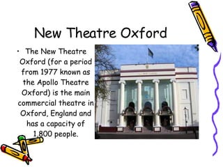 New Theatre Oxford The New Theatre Oxford (for a period from 1977 known as the Apollo Theatre Oxford) is the main commercial theatre in Oxford, England and has a capacity of 1,800 people. 