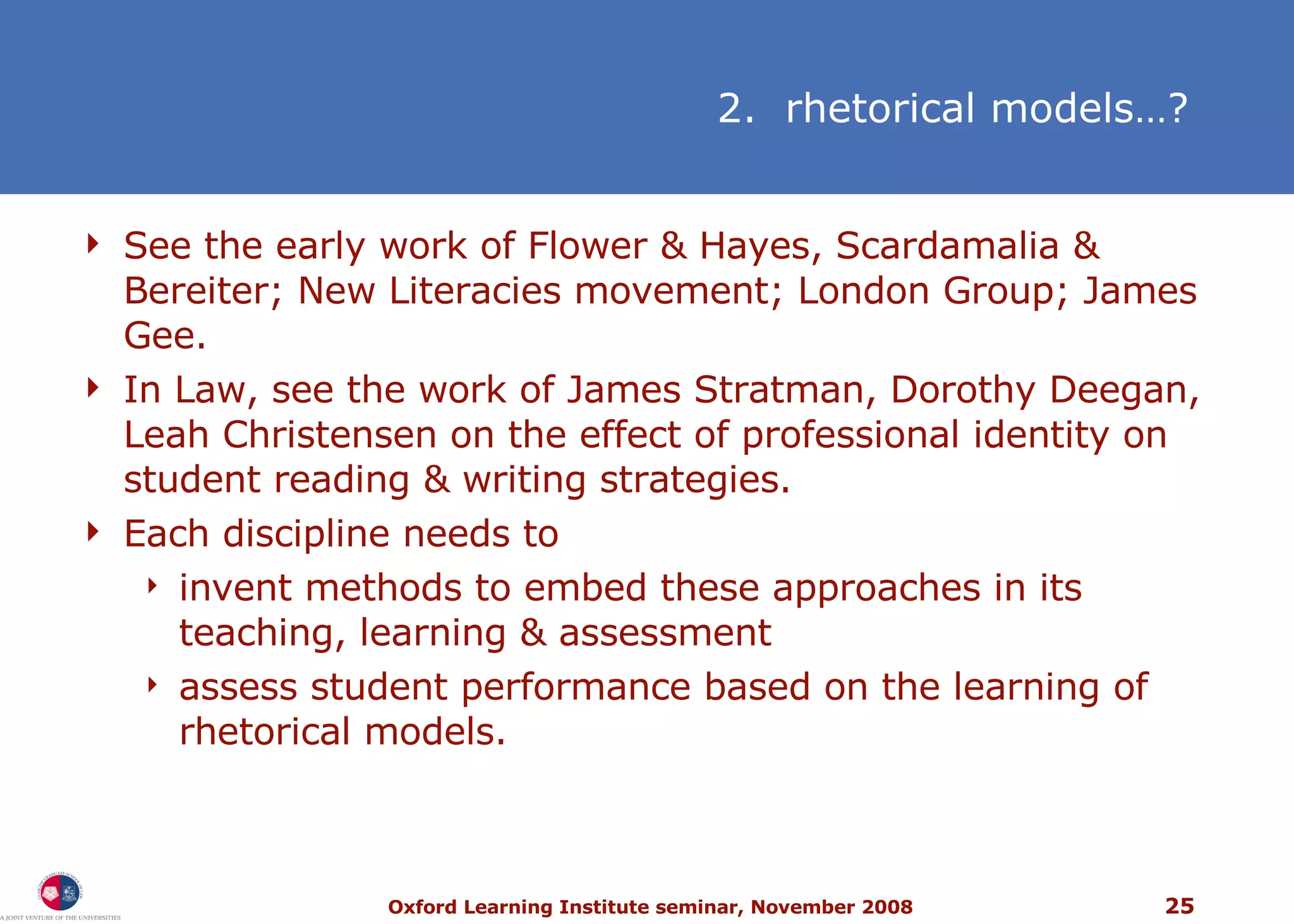See the early work of Flower & Hayes, Scardamalia & Bereiter; New Literacies movement; London Group; James Gee. In Law, see the work of James Stratman, Dorothy Deegan, Leah Christensen on the effect of professional identity on student reading & writing strategies. Each discipline needs to  invent methods to embed these approaches in its teaching, learning & assessment assess student performance based on the learning of rhetorical models.  2.  rhetorical models…? 