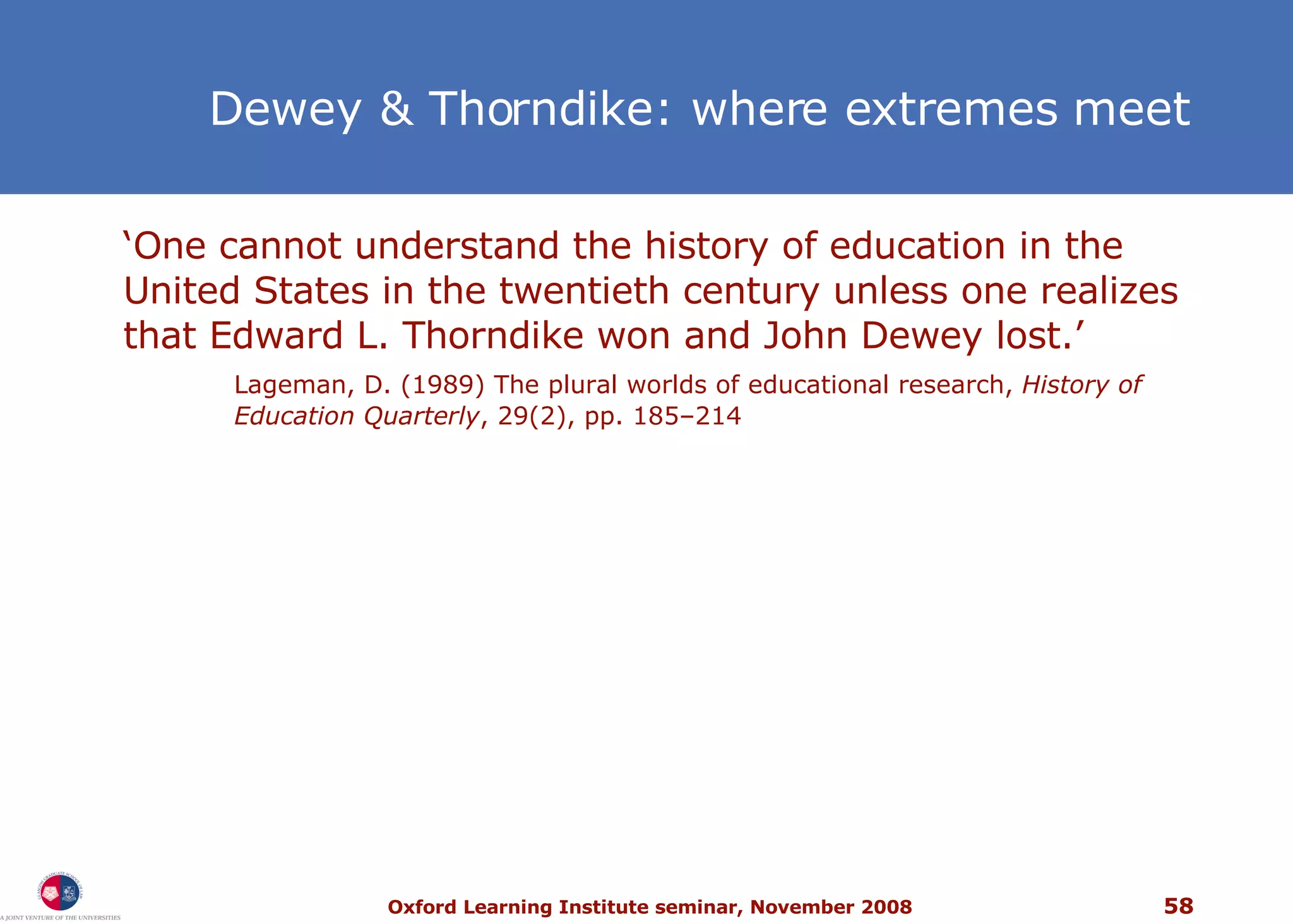 Dewey & Thorndike: where extremes meet ‘ One cannot understand the history of education in the United States in the twentieth century unless one realizes that Edward L. Thorndike won and John Dewey lost.’  Lageman, D. (1989) The plural worlds of educational research,  History of Education Quarterly , 29(2), pp. 185–214 