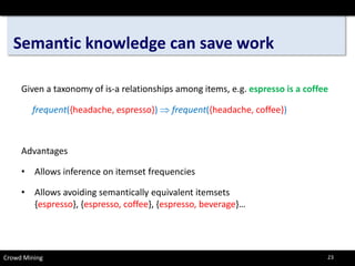 Semantic knowledge can save work 
Given a taxonomy of is-a relationships among items, e.g. espresso is a coffee 
frequent({headache, espresso}) ⇒frequent({headache, coffee}) 
Advantages 
• 
Allows inference on itemsetfrequencies 
• 
Allows avoiding semantically equivalent itemsets{espresso}, {espresso, coffee}, {espresso, beverage}… 
Crowd Mining 23 
 