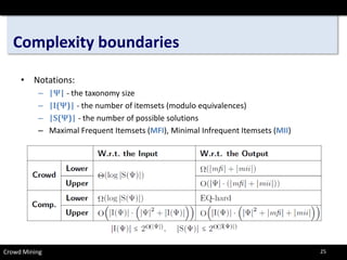 Complexity boundaries 
• 
Notations: 
– 
|Ψ|-the taxonomy size 
– 
|I(Ψ)|-the number of itemsets(modulo equivalences) 
– 
|S(Ψ)| -the number of possible solutions 
– 
Maximal Frequent Itemsets(MFI), Minimal Infrequent Itemsets(MII) 
Crowd Mining 
≤ 
≤ 
25 
 