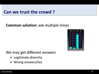 Can we trust the crowd ? 
Crowd Mining 
33 
Common solution: ask multiple times 
We may get different answers 
Legitimate diversity 
Wrong answers/lies 
33 
 