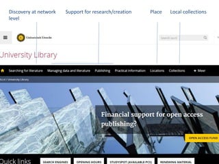 Discovery at network
level
Support for research/creation Local collectionsPlace
 
