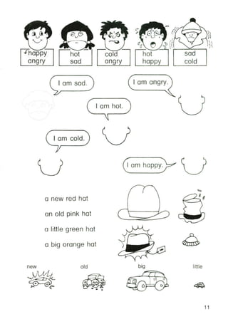 .fhappy
angry
hot
sad
cold
angry
<fa ~
hot
happy
~)1
.~~H
sad
cold
I am angry.
I am hot.
I am sad.
I am cold.
I am happy. ~
a new red hat
an old pink hat
y
'-
little
o
Yyr'
bigold
a big orange hat
a little green hat
11
 