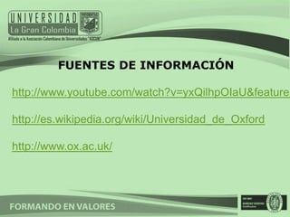 FUENTES DE INFORMACIÓN

http://www.youtube.com/watch?v=yxQilhpOIaU&feature=

http://es.wikipedia.org/wiki/Universidad_de_Oxford

http://www.ox.ac.uk/
 