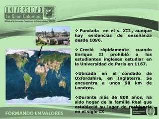  Fundada en el s. XII., aunque
hay evidencias de enseñanza
desde 1096.

 Creció    rápidamente    cuando
Enrique    II   prohibió   a   los
estudiantes ingleses estudiar en
la Universidad de París en 1167.

Ubicada en el condado         de
Oxfordshire, en Inglaterra.    Se
encuentra a unos 90 km         de
Londres.

Durante más de 800 años, ha
sido hogar de la familia Real que
estableció su lugar de residencia
en el siglo IX
 