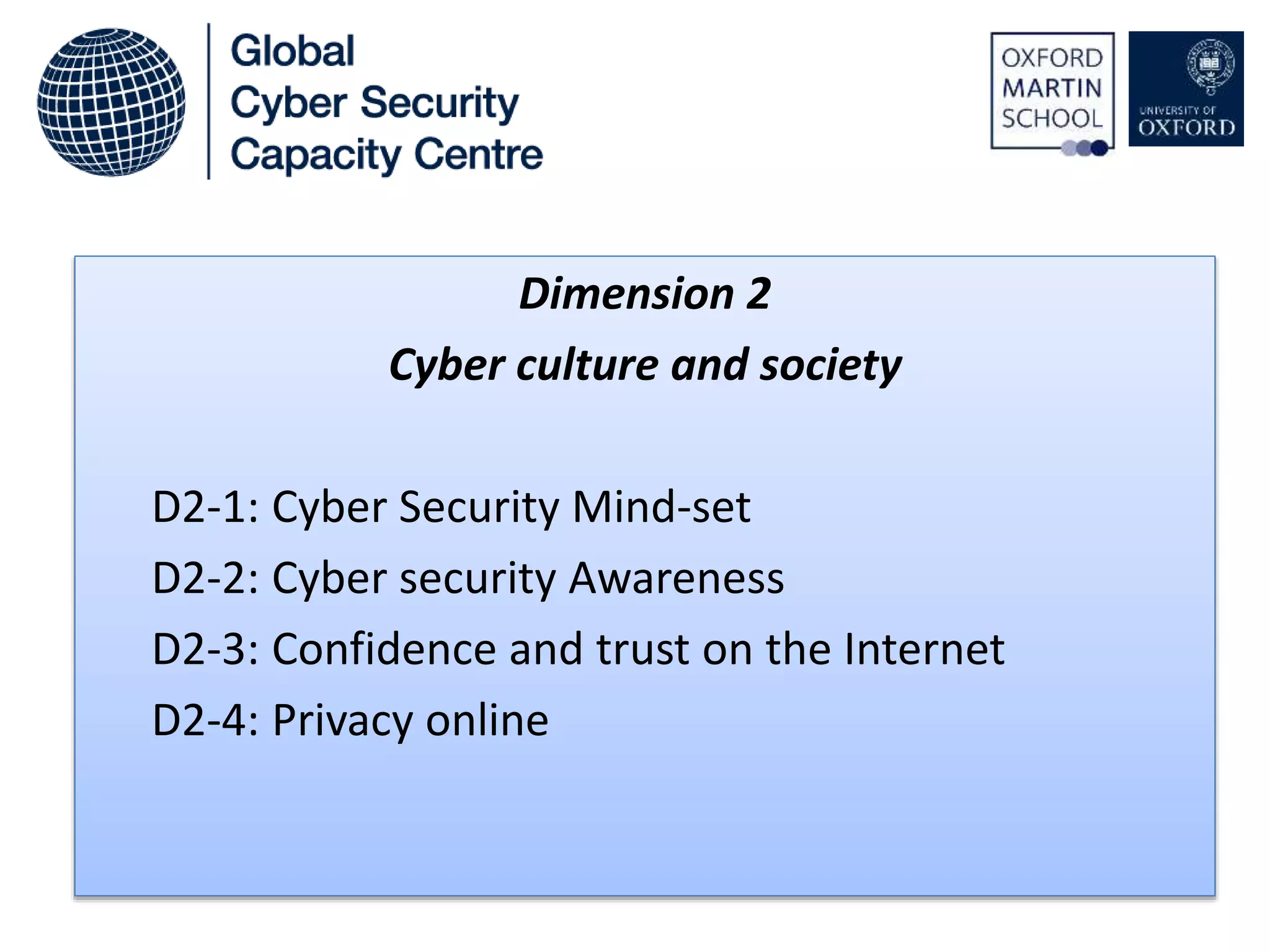 Dimension 2
Cyber culture and society
D2-1: Cyber Security Mind-set
D2-2: Cyber security Awareness
D2-3: Confidence and trust on the Internet
D2-4: Privacy online
 