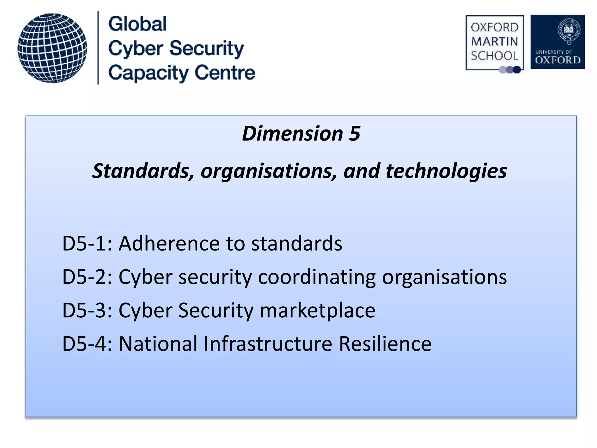 Dimension 5
Standards, organisations, and technologies
D5-1: Adherence to standards
D5-2: Cyber security coordinating organisations
D5-3: Cyber Security marketplace
D5-4: National Infrastructure Resilience
 