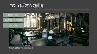 CGっぽさの解消
完成の2週間ぐらいまえの状態
整頓された本
均一な反射
並んだ机、椅子の配置
歪みが必要だ！
 