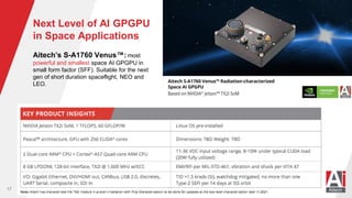 Next Level of AI GPGPU
in Space Applications
Aitech’s S-A1760 Venus™: most
powerful and smallest space AI GPGPU in
small form factor (SFF). Suitable for the next
gen of short duration spaceflight, NEO and
LEO.
17
 