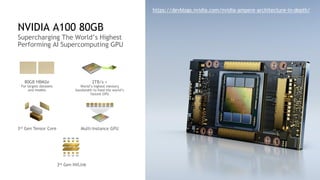 3
NVIDIA A100 80GB
Supercharging The World’s Highest
Performing AI Supercomputing GPU
80GB HBM2e
For largest datasets
and models
2TB/s +
World’s highest memory
bandwidth to feed the world’s
fastest GPU
Multi-Instance GPU
3rd Gen NVLink
3rd Gen Tensor Core
https://devblogs.nvidia.com/nvidia-ampere-architecture-in-depth/
 