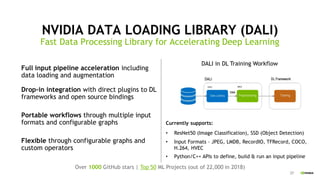 37
NVIDIA DATA LOADING LIBRARY (DALI)
Fast Data Processing Library for Accelerating Deep Learning
DALI in DL Training Workflow
Currently supports:
• ResNet50 (Image Classification), SSD (Object Detection)n
• Input Formats – JPEG, LMDB, RecordIO, TFRecord, COCO,
H.264, HVEC
• Python/C++ APIs to define, build & run an input pipeline
Full input pipeline acceleration including
data loading and augmentation
Drop-in integration with direct plugins to DL
frameworks and open source bindings
Portable workflows through multiple input
formats and configurable graphs
Flexible through configurable graphs and
custom operators
Over 1000 GitHub stars | Top 50 ML Projects (out of 22,000 in 2018)
 