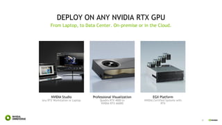 52
DEPLOY ON ANY NVIDIA RTX GPU
From Laptop, to Data Center. On-premise or in the Cloud.
NVIDIA Studio
Any RTX Workstation or Laptop
EGX Platform
NVIDIA Certified Systems with
RTX
Professional Visualization
Quadro RTX 4000 to
NVIDIA RTX A6000
 