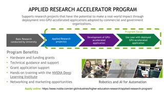 75
APPLIED RESEARCH ACCELERATOR PROGRAM
Use case with deployed
GPU-accelerated
application
Development of GPU-
accelerated
application
Basic Research
conducted by University
Applied Research
project(s)
Program focus
Supports research projects that have the potential to make a real-world impact through
deployment into GPU-accelerated applications adopted by commercial and government
organizations.
Program Benefits
Hardware and funding grants
Technical guidance and support
Grant application support
Hands-on training with the NVIDIA Deep
Learning Institute
Networking and marketing opportunities Robotics and AI for Automation
Apply online: https://www.nvidia.com/en-gb/industries/higher-education-research/applied-research-program/
 