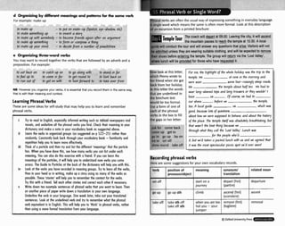 d Organizing by d imeaningsa d ptimmr b~
the samevwb
For example: make up
to mab uJ - to plrt on mdke-up Oiptidk, eye-4hadow.
invent sfi
h m e Fit
form or LOI
I . I ,
+
after an ar
:ng
I. .I .I
70 maw up your m~m. .- OMtae p m a nurn~er
oj posstotr~.
.._
e Ugonizing threewad &
You may want to record together the verbs that are followed by an adverb and a
prepes~tiora.For example:
to ~ u i
b
e
don to ~ o t ~ h
up on to 90 dlong wnh to stun4 in for
to fee/up fo to ~ o m e
in for fo get round to to look bdck on
to run out of to get on with to lookfomdrd to lo take am-from
NB However you organizey w r verbs, it is eswnt~al
that yw remd them in the same way,
that iswith their rneanmgand context.
LearningPhrasatVerbs
These are some ideas far self-study that may help p u to learn and remember
phrasal verbs,
i Try to rend in English, especially informnlwriting such as tabloid newspapers and
novels, and underline oll the phrasal verbs you find. Check their rneoning in your
dittionory and make a note io your vocabulary book as suggested above.
ii Learn the verbs in orgnnizedgroups (as suggested on p $22-25) miher thnn
randomly. Constantly look back through your vocabulary book -forniliarity ond
repstition help you to leorn more effectively.
iii Think of a particle and then tr)r and list the different'meonings' that the particle
has. When you have done this, see how mony verbs you can list under eoch
menning. You ton olso do this exercise with a friend. tf you can learn the
meonings of the particles, it will help you to understand new verbs you come
across. The Guide to Particles ot the bock of the dictionary will help you with this.
iv Look ot the verbs you have recorded in meaning groups. Try to leora nll the verbs,
then inyour head ar in writing, make up a story using os mony of the verbs as
possible. These 'ston'es' will help you to remember the context for the verbs.
try this with a friend. Tell each other stories ond corredeach other if necessary.
v Write down ten exomplesentences of phrasoF verbs hot you wont to learn,Then
on onother piece of paper write down a tmnslation in your own longunge.
Underlinethe verb in your language. One week later, take out your tronsloted
sentences. Look nt rhe underlined verb nnd try to remember what the pbrasol
verb equivalent is in English. This will help you to 'think' in phrasal verbs, rather
than using a more formal haanslotion from your language.
r a ~ l
verbs are often the usual way of expressing something in everyday language.
A r i n ~ l e
word which means the same is often more formal. Look at this description
of an excursion from a printed brochure:
F . ~ -- .- . . , +
? coach will
I mountain I
. b .,, ..
ImT~II~I
t our m'
dee
at 09.00. Leaving the city,
the passes to maththe temple at 10.:
. -
rll be exped
via the 'Lo:
. . .
it will a
m
1
$0.
A local
:.---
...:Is -.
gulde will conduct the tour ano WIII answer any questions that arise. Vis~rurs
W ~ I
riot
be admitted unless they are wearing suitable clothing, andw Ve
their shoes beforeentering the temple. The group will Muty
where lunch will be provided for those who have requested il
tad to F
m
_
l
!
;t Valley',
ow look at this letter,
hich Penny wrote to
her friend when she got
back from her holiday.
In this letter the words
that are underlined in
1
the brochure text
would be too formal.
'Usea form of one of
each of the phrasal
verbs i n the box t o fill
the gaps in her letter:
. "s > 7 n - - = . -
ask fo~ back
come to
go in lay on
let in sri UII
shm ake off
r come
up get.
wcar long-slud top and long h-ouacm or fief wouldn' f
h p v e u s . Ofmw,we h
d t
o
-
aboUt how w w w SUP+ to h
h
d
* 4nd abod ffic hisfmy
4the place. C
.7hcpIe i t ~ ( f
~5 absoIutely.bmihfatiq but
thdt lrtl~lP
ih fhing k ~ a e
wc
through whaf *ey dlfie h i hlley'. Lunh mrtl
Recordingphrasalverbs
Here are mme suggest~ons
for your own vocabulary records.
Oxford UnlnersityPrev
 