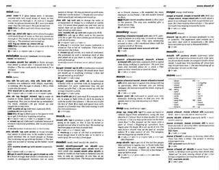 mist/mrst/
,mh?A 'aver 1 if a s s mists over, it bmmes
covered wlth very small drops of water so that
you cannot see through it: As m n as I $&pH
h i d e , my gy8krssaemistadover2ifyoureyesmist
wer,they fill with tears:Hiseyes misted over
Mist 18aftenused withthese meanings.
Qu+adw
,mist 'up;,mist8th 'upto cwersth suchasglass
w~thsmalldrops
of watersothatyoucannotsee
through it: Therwideof themr tuasbeginning to
mist up. oThewindowsweremistedup.
lauH,fog up;ateam up,atearnsth up
Mist and mist sthare also used with this
m~aning.
Qv+actv v+nlpmn+adv + v+adv+n
mistake/m'stelk/Frnllbwk/m'stuk/rnlu
taken /m~'ste~km/)
mi'stake sbMh for s b t h to think wrongly
that sWsth is sWsth else: I rnistmk himfor hhis
brother o The t w wuld w i l y be mlstukmfor a
realgun.
@ v *nlpmn+prep
,mix sth 'In(wfth sthj, ,mix sth 'into sth to
combine one substance with others, especially
i
n cooklng:Mix the eggs in slowly.o Mma little
cream intothesauce.
BE) blend8th In;stlr sth In,dlr sth lntosth
+v+nlpmn+adv + v+adv+n + v+nlpmn+prep
,mix sh 'up: bWgat ,mixed 'up to make sb
unable to thhk clearly or understand what is
happening: Nowyou've mixed meup mmpletely!
I'm really mnfuwd. o H e got mked up and
caught the wrongtmfn.
lE3 muddlesb up(irforml,mpxirrllyBrE),
confuse sb (momJorma~
W Mlx sb up 1s ofIenusedinthe p a b e with
be orget IIhinkyou'regeitingrnixedup.
6v+nlpron+adv r v+adv+n lbefget+v+adv
b ,mhred-'upadj (WormaOwnfused becaw of
socialoremotional problems;She'savaymiwd-
upkid.
+seeahMIXED-UP atMIX STH UP (WITH STH)
,mix sbtsth 'up (with sWsth) to think wrongly
that sWsth is s b t h eEse: to be unable to distin.
guish between t
w
o or more people or thlngs:
You'remixing meup withmy brother:o Th@hos
pita1 wasmuwd of mixing up the trabh'mm
tags.
IEE) rnuddlm8bMh up (withaMsth)( e s ~ ~ ~ 5 ~ l l y
Brm
+v+nlpmn+adw r v+adv+n
~gstAand&rnlxsdup;getAmbmdupwHh
B tothink wronglythat sblsthi
ssblsthelse;tobe
unable to distinguish between two or more
peopleorthings:M y bag got mixed upwithsome.
bodyeh'sat theairport. oPeoplewhoarem[ow-
blindusuallyg
e
lredrrndgmn m W up
,mix ath 'up (wlth 8th) to change the order or
arrangement of things in a confusedor untidy
way: I'd sorM ihosep a w our and now you've
mixed them all up a~rrin
o M y letters h u e all
beenmixed upwishyours.
)91H) muddk 5th up (withahE(espscialIy3rE)
Mix 6th up ~s
often used in the passive
with be or get:ThecleanclotResgoiail mixed up
withthe dirly ones.
v+nlpron+adv + v+adv+n
b 'mlx-up n a mistake that causes confusion;a
situation that is M l of ronfusion: There u w a
mir-upoverthetick&
t ,maned-'upadj untidy; inastate of confusion:
She pmsenled me wilh a mixed-up stuck offilm
andaskdmetoputtheminordm:o~~papers
w
r
eall mixed-up.
+Sl?I?akOMIXED-UP atMlX SB UP,BElGET MIXED
UP
be!get,mlxed'upInsihtobemecomeinvoived
I
nsthdangerousor illegal: He m u M never h u e
got mhtd up in anything criminal. o How did
yougetm~dupinailthrs?
9betget*v +a&+ prep
berget ,rnlxed 'up wlth sb to bemecome
fr~endly
with or involved with sb dangerousor
dishonest: I'II never understand houl she got
mured up with Phil. o He was mixed up with the
svrongcmwdfwa while.
@ belgst+ v+adv +prep
'mixItwith sb(BrX,lqrktnal)lto competewith
sb; to argue or fight with sb:He'll be mmixing it
wrth the w0rSd's bestplnym,o Hemn mix it with
the beg of them. 2 to m
e
e
t andspend time with
people in afriendly way:She huesm ~ f w
rt with
the richandfamous.
ev+1t+prep
m o c k l m ~ k l
,mock 8th 'upto produce a copy of sth that k
gain$ to be made, SQ that it a n be tested or
people cansee what it WIUbe like: W
e mocked up
#he
frontpage loseehow11 wuld lmk.
e v + a d v * n r v+dpmn+&
b 'mock-upn a mpy of sth that ts:produced to
show people what it will be like,or to test it: a
mock-up of them
f day'sfrontpage
modelp m a d l ; mmmw(-IT-,~E-I.)
'model s b m t h ~ u r s a Hon s b t h ( a h
'model sbEsthlyoumeH upon sWsth momfor-
ma0 (AmEaLw ' m d e l sblath atter sblsth)to
makeor createsth that looks or behaves like sth
else; to take sb, esptcially sb you lii, as an
exampleand copythem: Theh o w m w&elled
187 rnweaheadd
- _..............................~ ..---.
on a Frmch chnrsnuoHe modolM ihe main mOpe/maup:AmEmwp/
cham*eron hisfriend. oHe still modek hinwCf ,mope a,muml:,mope sth(BrEnb
... -...*.
onr.1Ul.S.
Modelswsth olllaPter
BWs,, oaenused
mow *'bout,,mopea'boutsth)to walk about a
place inanunhappy way,with noparticular pur-
in
Greekpimteship.
the The ship mnklled a pose:He's h m n p i n g oboutafldajl o Youspend
tmmuchtinremoping amund thehouse.
+v +nlpron+prep @v+adv + v+prep
monkeyr-ku
,monkeya'boutra'mund(with 8th) i m r -
to behavein a silly touch change ,mount 'UP(to s
*
) to increasegradually insize
sth in a way: Thgr
were monkeying
or quantity: The mmmrk soon mounts UP ff
arom
in class, oHe's monkw about
wudon't deal with it i m d h t e l y .oMy debts
original wordso
f thesong. hawmount& upup iouerathousand dollars.
mesaaround. moss amund4th sth
Qv+adu
d)v+adv
moochjmuG/
mouth/maz~~/
,mouth 'off (atlabout s b l W ( W o r m 0 (often
,m-h bouhhround; ,mooch used in iheprog=~~ to give your opin-
(informal,esmhIbBrE)la spend
ion about sWsthloudly;tocomplainloudlyabout
sblsth: ImuEdh w rhim mouthlng offabout how
time doing nothing in particular: We went into shouId won, ShewasmudRlw
town and mooched uboul for a while. o They nllrheotherdriuerso
spendonb u r mooching around theshops.
Qv+adv + u+prep
+v+adv
moon/mu-I
,mwnalb&a'round: ,moona ' b o ~ m u n d
5th (BrE,~nformal)
to spend time doing nothing
m particular, often because you are feeling
unhappy: Hemwned around &streets, hopinglo
=Anna.
+v*adv+v+prep
'mmn over sb (irlfor~r)
to spend your time
dreamily thinking about sb that yau Iove: He
spendsmost of histimemooningoverHelen.
~ V + P ~ P
,mop 'up:,mop sth 'up1to clean up liquid or
remove liquid Rpm somewhere,using 8th that
absorbsit:Iaiwuys hnve fomopupafterhe's had
ashower:o Canyoumopupshewaieronthebath-
mom flmr?o She mop@ w the s
a
w with a
pime of b&. o Mopping-up opemiions haw
begun offerthe$hds. 2 to useup all of sth: The
new ~'mury
should mop up the pool of swplus
labour 3 to take control of sth: The company
stnrledmopptng upsmlIerfirm.
+v+&. v+acfv+n 4 v+pron+adv * v+n+adv
I h s f r e g m t )
,mop sbtsth 'upto getrid of thelast few people
who continue to opposeyou:to finish tasks that
remam: The army mopped up s
o
s
o
m
e isolakd
w k e t s of resisfunce.o Themare afew things to
W PUP w r e ga
+v+adv+n + v+pron+adv v + n + a d v ( h
fres~mt)
-about 189 -In
- a m -in m e t
-ahead -~nwith
-ahead of -mto
185 -along -off
-apart -on
-around -out
-aside -0utd
-away -mW
-awayfrun 190 -past
-back -round
-down -towards
-foward
--
I91 -up
,move s'bout; ,move a'bout aih ( e s ~ i a l l y
BrE) =MOVE AROUND,MOVE AROUND STH
,move s b ~ t h
a ' h t (especiallyBrEj = MOVE
SBlSTHAROUND
,mow a'cross;,move a'cross 8th to mow
fromonesideof 9thtotheother:Hemowdacross
rothewindow andlmkedout.
EEI mom
@v+adv + v+prep
,move a'headto advanceor develop, often after
there has been a delay: The project is moving
aheudugainnom
proceed(moreformtrl)
+v+adu
,move a'head of sbtsth to move faster than
sblsth; to developmorequicWy than sWsthe k
'Speed up!' he SUM, mourng ahead o
f he^ o Our
foreign wmpetimrsammovingahwd of w.
)SIR) overtakesblsth
 