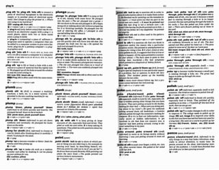 ,plug stb 'In;,plug ath 'Into sth to connecta
piew of electrical equipment to the electricity
supply or to another plew of electrical q u i p
merit.Don'tforgel loplug thegrinler in. o Whem
can IpIw inmy hnMryer?
E!El unplugsth(fmm sth)
Qv+nlpmn+adv + v+adv+n r v*nlpmn+pmp
b 'plug-Inudj [onlybefore noun] that canbecon-
nected to an electricity supply with a plug (= a
smaU plastic objwt with two or three metal
pins):aplupin kettk
t 'plus411n (mputlmg)a piece of soffware (=
programs used to operate a computer) that can
be added to a computer system to giveextrafea-
tures:plwinsfor a p h m p cornpuler o aplug.
h g ~ p h i c s m r d
,plugsth 'Into sth 1 =n u c STH IN, PLUG STH
rNTo STH 2 tooonnett acomputer toacomputer
SYStem +W?a h PLUG-IN Bt PLUG STH IN, PLUG
STH INTOSTH
Q v+ nlpmn+prep
,;plug sth 'upto 6ll or block a hole with a sub
stanceor apiece of materialthat fitstightly into
it Wepluggedupalltheholesaround the tuindow
lo stop the umdmmingin.
E!E hole block Ah up
W Plug sth isoftenused with thesamemean-
ing.
6v+adv+n + v+nlpmn+adv
,plumb sth' In ( h E ) to connect a washing-
machine, a bath, etc. to a water system:H
e
'
s
plumbed inthenewwmhing m h kform.
ev+adv+n + v+rdpmn+adv
plumpI D ~ ~ ~ P I
,plump 'down: ,plump pumelf 'dorm
(informd)to sit down quickly and heavily: She
plumped hersewdownin thearmchnir:
IS@ plonkdown,plonk ywn& dorm
6v+adv v+pmn+adv
,plump sth 'down ( i n f i m 0 to put sth down
suddenly and carelessly: He p[um& his $wks
downon the table.
Qv+ntpmn+adv + v+actv*n
'plump for s h t h (BYE,ilbfomt)to choose or
vote for s'olsthafterthinkingabout itmrefulEy:F
think12lpIumpjorthestmk
&v+ prep
,plump'uptobecomerounder or fatter Smk rRe
misinsuntll theyplump up,
Q v+adv
,plump 9th 'upto make 8th such as a cushion
rounder and softer by shaking it: Let meplwnp
upyourpillowsfotyou
CUShlOn, plllOW
e)v+actv+n v+rdpmn+adv
,plunge'In;,plunge 'into8th 1tojumpor fall
in to sth. usually with some force:He plunged
into the pool. o Thecarp l w d into u gorge.o
Wemndowntotheseaondplungedin.
2tobegin
doingsth or talkingabout sth without preparing
for ft or thinkingmrefuUy:Hepfrrnged Inio the
task of clearing the o ~ e .
0 l plungd in a d
starled kliinghimallabout it.
*v+adv + v+prep
,plunge sth 'in:,plunge sth 'IWinto sth to
put sth quickly and with f o m into 8th else:She
plummi the knife into h k kg.oXe opened the
sackandplunged hisarmin.
E E i knlfe,hand
6v+nlpmn+adv v+adv+n + v + n l p m + m
,plun~e
'intosth=nuncB IN. PLUNGE INTO s
m
,plunge'intosth;,plunges k t h 'intos
t
hto
be or to make sWsth suddenly be in a bad situ-
ationorstate:Thecomtryplungdinta recesslora
o Thecity wus plunged into chaos rrs a mult of
thestrike. o Theroom wassuddenlyplunged into
darkness.
ESZl recudon, duspmlr
BEIBPlungeaWsth Inta sthisoftenused inthe
passive.
+v+prep r v+nlpron+prep
,plungesth 'Into 8
t
h = PLUNGE STH IN,
PLUNGE
STH lNl1NTD STH
,pfunk'down;,plunk youlaelf 'down(AmE,
infirm0 = PLONK DOWN,PLONK YOURSELF DOWN
+v+ath
,plunk sb/sPh ' d m(AmE.
i@mnal)= PLIINK
SRlSTH DOWN (&llmi~e)
AfOVk @Ws p l ~ k e d
down $1.7 billion for tickets (= spent that
amount ontickets)1Aissummer
+v+ntpron+adv 4 v+adv+n
'ply sb with stb 9 to keep giving sb large
amounts of sth,especiallyfmand drink: T h y
plied us ~urth
.
&
Iand cakes. 2 to keep askingsb
questions: T
h
e
yplfedmewtthquestionsa bout my
visriboEngIand.
+v+ nlpron+w p
pointbarnti
,point s b t h 'out(m to show sbwhich per-
sonor thingyou are referringt
o
,
forexampleby
moving your head, by describing themlit, etc:
WrlIyorrmint his wife out to me if you see her? o
He draw themamlmnd&wley Hi&spolnlingout
where the stars lived. o The gukIe minted out
vrrrioushistoricmonuments.
Qv+nlpmn+& + v+a&*n
nl nth 'od(
t
orb)tomention sthin ordwto
Ewsb
lnmrmstionabvlitoilnakethernnotice
H.He thunk& mfor gointingow tRem-es in
hls wport.o 1rnmtmini out that m
y part in the
m u e was wry smail. o ft must bepointed out
that t h ~
new drug is not a mimck cum oHe
d m 2 likehuuing hisfaultspornledout lo him o
'He'snot myfather he's my stepfathe~'h@po~nted
outangrily.
Polnt sth out is oftenusad in the wttm
point out that...
@v+a&+n r v*ntpnm+acW + v+adv*8peech
Int to sth 1to mention sth thatyou think is
Frnportant and/or the reason why a particular
situation exists: Shepointed 60 u m p h y m n t as
a~ n f o r r r s l ~ c r i m e .
Z if afact, went orsitu-
ationpintstosth,it sumeststhat this istrueor
Hkely tohappen:Allthes~nsgoin~adtous~-
ful year aheud.o Thefms seem lo pofnt 50 him
hnviw h
e
e
n murdered. oShe had symptom
whichminted laadmgnosisqf kidneyfuiluw.
b v + v w ~
Id'upath,,po[ntW h m up(BrE,firmaO
ko
g
v
especialemphasisto oneparticularaspect
of a problem. fact or opinion; to show sth wry
clearly. This incident points up the hostility
hetrueenthe tuxl sides,
A noun must always follow up, but a pm
norm wmesbetween the verband up.
Qv+adv+n v*pmn+adv
bakelaauk:dmE-kl
.- .. . -
,poke a'boutla'mund, ,poke a'boutr
a'mundsth (IrlformrrZ)1( a h,poke Yhmugk
ath especinlly AmE) tolookforsth,espxially sth
that is h~dden
amongother things that you have
to move:Theywerepokingaround in the bushes,
Zooklngfor theirball. o What uwreyou doingpok-
ine nhnt~f
I
n mu m m ? o He saent his uwekendP
- ----- -
poking urounddusty old h h h o p s .0 Clrstoms
olficmlspoM throughthecororrloinmslookingfur
rumpons 2 ta try ta find out information, e s w
c~allysecret or hidden information; to get
involved in sth that does not concern you: A
reporterhad been poking m u d , trying lo dis-
covermmethingin mym.
Qv+adv r v+@p
[poke a'mnd; ,poke a'rwnd s
t
l
l ( A M .
informl) to move or do things slowly.without
hurrying: I wasj u t p k i n g around in loWn all
morning
e v + a d v v+prep
%ke at sthto gushyour hger,a stick,etc. into
sth, often sevet-al times: She poked at her salad
with herfork.
IEE) pmd atsth
(4 v+ Prep
,poke 'out:,poke 'out o
f sth ( a h .W
rhmugh, ,~a'thmugbrth)ifsthpokesoutor
pokes out ofsth,you cansee it because a small
part is coming through a hole or is no longer
covered: Hss tws ruerepokfngthroughthehoIes in
his socks. o 7Ivofeet pokd out from under t h
b
e
d o Thew ~uereftowerspokz.~-@
out of hob in
t hloall.
stlckout,dkkout of&; 8tkkthmugh,
stlck throughsth
&v+adv + v+adv+prep + v+prap
,poke8th 'out;,pokestti 'wtof sthtomove
sth suddenly forwards or out of sth. The h r
opned andMax m
k
a
d hishead w t . o Thepony
phi ttsnoseoutof thedooras1urentpast,
E5J head, tongue lav*,stkk afh out,stick 8th
Out of8th
Qv+n/pmn+sdv r v*adv+n(hj%q&)
v+nlprm+adv+m
,poke 'through;,poke 'through 5th = POKE
OUT,POUR OUT OF STA
,pk8 ' t h ~ g h
9th .(W&UIly AmmE) = POKE
AROUT!AROUNR.POKH
ABOUTIAROWND STH 1
,poke'upto bemme vkiblebecause a m
a
l
lpart
1s coming through a hole, etc: The grass had
begun topoke upthrough thesnow.
)sv*) snck up
+v+a6w
someone:Shehiredmarsassin t
o
m
l
o
l
i
s
hhimoB:
+v+nlpmn+adv + v+adv+n
,polish 9th 'oft(informal') to W h sth quicklx
espxially food or drink: !l'hq polished fl the
puddin~
inno tim,oI'llpoiish 4fJ this last bit of
work,thenwmngoout.
&v+adv+n + v+nlpron+sdv
,polish 8
t
h 'up1tomakechangestoath inorder
to improve ~ t :
The college meds Lo pollsh w its
i w . f!BIi ad,irnsge 2 to impmve your skills
in sth that youhavelearnedbut havenot used for
a long time: Shewentono mum topolish up her
German.EEl French, Itallan, e
t
c
.I
s
r
*
,brush
d l UP
Qv+adv+n v+pmn*a& v+n+adu(mml
,pence a'bwt,a'mund(BrE, in~"0m0
to do
s ~ l l y
t
h
i
n
g
si
na way that looksridiculous, e s p
cially to attract attention; ta waste tune: He
p o w around on the shot4 hterviewing inm-
b
e
n of the atdiem.o Imuki hawfinirhed thnt
Jobwhileyou've hnmncingamLvrd!
gv+m
 