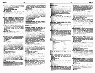 pullto 218 ...............
.
IXII "
...........................................................
,pull sthYoif youpdl adooror awindowto, you t 'pull-upn anexerciseinwhichyou hold ontoa
close it or almost clwe it by pulling it towards high bar above your head and pull yourself up
you:Pullthedoortoonyour wayout. towards it: Shedatrs5Oaull-urnand 1W sit-uas
EQi only door,wlndw
shut sth )gpp) pushsth t
o
@ v +nlpm+ad"
,pull to'gether if a group of people pull
together, they act or work together in order to
achieve sth: B weallpulllogetM rw'2lfinish by
Friday.
@ v + &
,pull a t h to'gdher 1to make d
l the dWetent
parts of an organization, an activie etc. work
together in asuccessful way:Hismpiredh&r-
shtppulkdthemrty top:ether2 toorganizeavar-
iety of ~deas,
etc. in a logical and &ul way:
ThisIecturepulb iopthersevmlrecent theories.
Qv+n/pmn+adu * v+adv+n
,pull yoursaff tongethertogainmntrol of your
feelings and start to act in a calm and sensible
way. She m d e a great &
%
I
? lo PUN herself
together o Stop crying and pull yourseEf
together!
+v+pmn+edv
,pull sbtsth 'under to make sbtsth become com-
pletely cove& mwater Hefelt the wauesprrIling
h ~ m
uluiet
Q v + ntpron+adv
,pull "up (ofa vehicle, or its driver) to stop, espe
ciallyfor ashorttlme:HepulM upalongsideme
at the tr&?c Iighis. oA taxipuI1Bd1.p outside.
EE)draw up
+v+adv
,pull sb'up 1(Brm{onlfor sth)(infwmaDtocriti-
clze or correct sbforsththey have donebadly or
wrong Shepulled him up onhisuntidy handwrit-
ing. o I~uaspulled
upfir notusingtkcorrectpra
cedure.2tomakesbstopdoingorsayingsthvery
suddenly: Theshocko
f his wordspalled me up
short.o The esrpuwion of Musfly w
spulled
up sharply by an mnorniccrisrs. draw sb
UP
3S = U ~
DRAW YOURSELF UP
Qv+dpmn+adv + v+actv+n
,pull s t h 'up 1to move sth f
r
o
m a lower to a
hlgher position: ShepuILcdhershortsupondput
a T-shirt on. 2 to remove sth f
r
o
m the ground
with force: Kids hadpulled all t
h
m
a shrubs up 3
(to sth) to bring sth such as a chair closer to
sblsth:Pull up a chair and sit down. draw
UP
Qv+rdpmn+adu * v+adv+n
pullyour '
m
k
sup (ErEjtotry to develop a
moreserious, responsibleattitudeto yourwork:
to Improveyour behav~our
He'll haus topull his
socksup if he suonls6oposstht exam.
. .
every morning.
,pull yoUWlf 'up1to move your body into an
upright position, m i a l l y by holding sth
firmly and using force: Julia pull& h
e
r
s
e
r up
from the sofa, o Ipulled myseFf up to myf i l l
heightcuuiglaredangrilyal Dan. 2tostopdoing
or saying sth very suddenly I sfurted to ask
about herfamilx but puZIed myself up sharply
when Isatoshe wasgetting u r n .
E
E
)
drawywmelf up
-tseeaLwPc~~
ss UP
@ v+pmn+adu
IElpull yourself up by your (
-
1 'bobtram
(informn to improve your situation yoursel'
without helpfrom otherpeople
pump/PAWI
,pump sth 'In; ,pump 8 t h 'Into ?
A
hto give
laceamountsof money or resouroestosth: Mil-
lionshave beenpumped intorhhindwt~
EE monq )81H) Injectsth (~nto
sth)
@ v+nlpron+adv 4 v + adv+n + v* nlpmn+prep
, p u m p b u t ; ,pump 'out of sth;,pump sth
'out.,pump s t h "ut of s t h 1(ofa liquid) to
come out of somewhere or to be pruduwd from
somewhere wlth force and in large amounts:
Blood waspumping out@ the wound. o Carsare
pumping out tom o
f mllutants every y@ur2 ~f
music, sound, etchpumps out or sb pumps it
out, it is produced h m somewhere very loudly
and for a long time: Heavy mehl was pumping
out o
f hwespmkers.
Qv+adv r + a d v + m r v+sdv+n +
v+nlpmn+adv 4 v+nlpmn+adv+m
,pump 8 t h 'out; ,pump sth 'out of sth to
remove a gas, liquid, etc. from inside sth with a
pump: Thefirebriga&pumpedout thebasement.
o Thefire brigade p u m H the tvoler out of the
basement.
Qv+n/pmn+adv r v+edu+n +
Y nlpmn+adv+ prep
,pumpsb 'up:, p u m p yourself 'up(mrnmal,
especiulbA m to make sb feel more excited or
determined about sth:Izuas reallypum@ unfor
t h e m .
W Pump ~bupisoftenused Inthepassive.
6u+adv+n 4 v+dpmn+adv
,pump8th 'up1to6U atyre,etc. with air uslnga
pump: Pump your tym UP befomyou set on: 2
(iqformai, espw&lIy BrEj to hcmase the
amount, value or volume of 5th: They alwuys
pump f h e f r p r mupWore Chrismas.
v+nlpmn+adv * v+adw+n
a19 pushIn
....................
.
" . " ".............................. """'"
....""......"..........................."*" .....+........
".......................................
p u n c h 'inhut;,punch sb 'Intout YlrnE) to
rccordthetime that you arriveat or leavework,
by puttinga cardlndoamachine; todothisfor sb
rlse:He punched in ten minute3 late.oI was in
sucha hurry to h u e thnt Ifirgot topunch out. o
Wouldyoupu~ch
me in?K'mgorng lobe late.
IEfCclock inlon,clock sb Inlon(Brm,clock
olflaut(BrE)
Qv+achr + v+nlpmn+adv
u n c h sW 'In; ,punch sth 'Into sth to put
Pinh-matlon into a computer, etc by w i n g
keys: Shepun&& in the securiy codeand the
dooro p e d
@v+adv+n * v+nlpmn+sdv 4 v+nlpmn+prep
u n c h 'out; ,punch sb 'out (ArnE) = PUNCH
IN~UUT,
PUNCH 3R ~N/OUT
sb 'out(AmE,informdl tohit sbrepi-
edly: muchmy mrand IZIpunchyoll Out.
lE9 beatahup
4 S@@
ah0 PUNCH INlOWT,PUNCH SB INhUT
Q v +nlpmn+adv
P u n c h sth 'am1topressacombinationof but-
tons or keys on a mmputer, telephone, etc: He
picked up the phne and punched ouF Donna's
numb2tohit sthvery hard and makeahole in
It or make sth fall out: The burglar hdpunched
outapaneof glass.mopen the window,
@ v +edv +n v + nlpron +adv
I
,push sb a'boul (mm3ally BrE) = PUSH se
Al<OUhlD
,push a'headl'forwardPon (with sth) to con-
linue with a plan in a determined way: T
W
pushed ahead with the modernization pra
xmmme.
4 Lwaiso
PUSHON
6%+2
anround( n h ,push sb i
- up
( milyBrE)(informal) toordersbtodothingsina
th~atening
or unpleasant way: Don't k
t him
prrsh you around.
Q v + nlpron+adv
m u s h sb&th a'slde t to move sbkth to a pos-
I I!on where they do not prevent you from going
stjmewhereor doingsth: Hepushed herastdeand
rrwntintotheroom o IpusMthecumin asidelo
get a better uiera 2to treat sblsthas if theylit are
not important: to avoid thinking about sbisth:
Whenhts sisferbrought homea scAooIfrknd, he
~2ltpushed
L L S ~
and ahndoned. o Emma z m m
dmfelypushd theunpleasant thoughdaside.
@v+rdpmn+a& r v*adv+n
,push sblsth a'way to remove sblsth h r n in
front of you with your hands or arms, to show
that you do not want themlit: HeM
e
r
e
d to hip,
buF she pushedhim c
a
w
.
o Shepushed herplate
away. 'Ihnot hangry.'~
(figumfrw)H
a
d he lied
lome?Ipushed the thong& away.
ev+ntprcn+adv v+adv+n
,push sb 'back1to use form to makesbmove
backwards, especially by using your hands or
arms: Themlrcepushed theproteslers bock. 2 if
sb pushes soldiers, an army etc, back, they
forcethem to move awayfrom aplace:1Wamrss's
armywasgmduallypushed k R intocadefensive
circle,
Qv+nlpmn+a& hr. v+&+n
,push s t h 'back1tomake sth move backwards
by using your hands,arm,legs, etc: Hepushed
hischirbocknndstdup. 2tomakethetlmeor
date of a meeting, etc. later than origindy
planned:Ther e h o f theirnew albumhasbeen
pushed imck until earlynerlyeul:
Qv+dpmn+adv v+adu+n
,push 'byl'pask,push'byl'past sbtousef o m
to go past other people, rudely making them
mow tooneside: Shepushad by without sayinga
word. oH e ~ o l l o d
me t
o the door and p w h d
past me into the house.
@v+adv+v+prep
'pushfor sth; 'push sb for sthtokeep asking
for sth, or asklngsbtodo sth, becauseyou think
~tis very important: W
e are pwhzng hnrd for
electom1mform. o They'repushingmefora deci-
sion on thematter
BE)pressfor~h,prs~sbkr8th
6v+ prep + v +nlpron*prep
,push 'fornard 4 to move forwanl through a
groupof pe~ple
until you arenear the front: She
pushtd forward through the crowd. 2 = PUSH
A ~ ~ E A ~ ~ ~ ~ R W A R D ~ O N
3 if soldiers, an armx etc,
push forward, they move forward against the
enemy,especially with somedimculty
+v+adv
,push sb/yournelf 'forwardto try to make sb
notice sbpmurself, especially in order to obtain
sth such as a job or a moveto a more important
job: He'snot thesortof pemn whopushh i m e l
forward.
Qv+ nlprun+adv
,push 'In(BrE,in$mnuOtornwe ini h n t of other
people who arewaiting inaline:They thought f
wastrying t a p u ~ h
inat thehed c!f thequeue.
F50 cut I
n(Am@
+v+adv
 