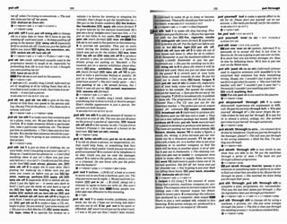 m
c
# whenI'm tryingloconcenhnb?. 0 T h e s a
dmnoisepatheroffhrgome.
EEE) dls'lractsb (fmmsth)
@v+nlpron+advr v*adv+n(mrv)+
v+Wpmn+prep
,putSth 'off1( a h,put'Hdolng 8th)to change
sth to a later date or time: We'll h
a
w bput the
meetingoffuntiInextuleek.o llekwpsputtingofl
going to the dentisl. ,avH, delay stb2 {espectnly
BrE)toswitch sth off:
Cou[dyouputtheIighLsoff
h$omyou IwvevEEl Hghb, the televFslon,etc.
rnrrwltch *off, turn 5
t
h off
4v+n/pron+adv * v+adv+nlalsov+adv+-lng
,put sb 'On (Am& inlorma0 (usuallyrrsed in the
progmsrve tenses)to laugh at sb, especially by
pretending that sth ~s
true thalt ISnot:I thought
you wrepuflingmeonf
havesbon(&E)
Put sb onisnot used inthepassive.
v+nlpron+ a h
b 'put-onn tC, usuallysing.] (
A
m
,
lqfoml) an
act of laughing at sb by telling them that sth is
truethat isnot;ajokeortrick:&n't lakeitmser-
W I y-it loesjust aputdn.
*~ e e a h
PUT-ONat PUT STA ON
, p d sb B
o
a
;,put sb 'an 8thto glvesb thetele
phone so that they canqwakto the person call-
ing Sheput Timonthephone. o PutJmonfora
minute,willyou?
Qv+n/pmn+adv+ v*nlpron+prep
,putsb 'onsth1tomakesuretRatsomeonegets
on a plane, train,etc: Weput Ruth on the bus $0
Curlisle.2 to make sammnefollowa particular
diet, take a particular medicine,etc: The W r
put him onantibiolrcs.o T
i
m
'
sbeenputona Iorp
far diet.3todecidethatsomeoneshould doapar-
ticularjob: They'regoing foput someoneelse on
thatproject.
Q v+ rdpmn+prep
,put sth 'on1 to put an item of clothing,etc. on
your b&:Am'tpugo~ngputyourcoadon?o
Hangon,I& ioput my g h s on.o IcanTfiIml
anything cieura t
o put on! o Have you put your
seal bell on (= inacar)?oCouldyouputhisshoes
onfor hirn?m comt,shoes, glasm, etc. E D
take sth off 2 to apply sth to your sk~n:
She's
putting her make-up on. oMake sure you put
s
o
m sun c m m on m r e you go out.EEi Ilp
stick, makeup, perfume app!y stb
take 8
t
h off 3 (@specrally
BrE)toswitch sth on:
Shall I put t h helight on - it seems very dark in
herelo Let's put the katb on and have rr cup of
tea EEithe light. (he- tmaHng, the radlo, the
kettle IEE) swltch sth on;turn Sth on EE3 put
ath off,gwltch sth off:turn sth off 4to been to
cook food I need lo get horn and put the dinner
on.lsvHE get 9th on 5 to make a tape,a CD,etc.
begin top1ay:Doyoumindzf Iputulmemusicon?
oSheput onaBobMa* CD. I
E
Fsome music,
CD, tape, vldeo % to operate the brakes on a
vehicle (=a dwice for slowing or stopping the
vehicle):h n ' t + ~ % w
t
oput the handbmkeon,o
Sheput on the brnkess ~ l q :
E
E
ithe brakes,
the handbrakeI33apply 5th (moreformi)7
to grow heavier by the amount mentioned: He's
put on u [lot of weifht sznceI lasl saw him oI'w
pi~t
on lluo k i h in t
m weeks. EQ weight ,svH1
gain sth (mreform0 ,oPn loss sth EEEiPut
sth (m isnot used~nthepassive
inthis meaning,
8 to prov~desth specially: T h q put on eX6m
trains during the holiday p r l d oA spIendid
lunch was put onfir the visitors. k r s , traln
EEDJay ~ t h O n t a k e s n h o f f 9 t o p r d u c e
or present a play, an exhibition, etc: Tha I m i
drum grow ore patting on "Macbeth:o The
mkwm put on a specSnl exhibition abut dtno-
saurs.E@lplay, exhibItlon, show stage
sth (morefirma0 take 8th off 10 to pre-
tend to have a part~cularfeeling or quality: He
put on a hurt expressLon.o Can you put on on
Amerimn a n t ?o She isn'treally upset-she's
just putting l? on.o He seemed furious, bur I
think it ~ u a s
021 put on.IGJaccent. enpmsslon
,srrr,assum a h lformai)
@v+nlpmn+adv+ v+adv*n
b 'puton n [C, usually sing.] ( A d , Wormal)
somethingthat isdonetotrickordeceivepwpIe:
Kak's shabby appwmnce is jllsl a put-on. Her
pnrentsarebolh lawyers.
~ S ~ ~ U ~ P U T - O N
ItTW 5 8 ON
,put sth 'onI h Itoadd anamountof money to
the price or cost of sth: Thenew tcucputmjwnce
on theprimof a pncketof cigawfles.I
E
% knock
s
t
hoff 8th 2 to bet money on sth:I'vepur .k'I#on
Sultank Pmmrse (= the name of a horse) in the
next race. bet (onam),
money
@v +ntpmn +prep
,put sb 'ontosb!sYh ( o b,pul ab bn t
a sW8th)
1 to tell sb about a person, an organimtion,etc.
that could help them, or something that they
might like or finduseful:Cbukbyouputmeontoa
m d acrounlant72 toconnect sb by telephoneto
sb else: Could you put me onto the manage,:
please?3 to Inform the police,etc.abwt a crrme
or a criminal:W you kmw who put the poltce
ontothehackem'
v+nlpmn+prep b v+ nlpmn+adv+prep
,put 'out1(toRhorn...) (BE)
(ofa boat or a crew)
to move outto sea h m a harbour,port, etc:The
shipputout t o m bynight. o WepufoutfmmLiv-
e m ! . put In (at ...)2 (AmE,
slang) (of a
woman)to agree to havesex with sb:She won't
put out on a firsldale.-Some w p l e wn-
sider put oatoffensivein thls meaning.
Qv+adv
,put I b 'out 1 to make trouble,problems, extra
work,etc, for sb: I hope ow orrfving lase didn't
put yw out at all, 2 ba .put 'out to be upset ar
otrended:J@wasn'tatalIputoutbyw h t Iscrtd.
o I was a brl put out that I hndn't bem invited
225 putthrough
-.......................................................................~
" ,,......,..
-----..
(ln$orman to make sb go to deep or bewme
~~nconscioua:
Thesepills&uldput himoutfira
JPIUhours.+F
#
? a hPUT YOURSELF OUT
@ v+nlpmn+advr v+adv*n(Imjkquent)
ut sth 'out Ito make sth stop burning E h
r~ h t e r s m n p u t
thefireout oHeputhiscigaretle
011f with his J
m
t
. flro, cI@rntttl, candle
extlngulsh sth (more
formas)2 ( ~ p i a f L y
ijrj.3toswitchsthofT Put theIzght out before you
mrne to bed. Elthe Ilght DW put sth off;
mlteh ath oft turn sth off 3 totake sth out of
yuur house and leave it, oRen for sb to collect:
(IlmRemember loput the dwtbimImbbish out
tonight. o (Am0 Remember to put the gar-
h~llrashout
o Sheput !he mwhing out t
odm.
E
m
!
)brlq 5th In4 to place sthwhere it will be
nottced and used:Haw you put out c h n tow&
fi~rthe guests? 5 to stretch part of your body
nway from yourself towards sb else:He put his
hnnd out to shake mine.E
S
I
lhsnd, toagua 6
(n1.w,pulsth "outof sth) tomakesth,especially
part of your bod^ mme out through a door or
window to the outside:She opened the window
nndput herh d o u t . o Sampul thecutwtof the
rloorroughly.7(BrE,tobroadcast5th:topublish
or issue 5th: The programme w~lI
&put out on
Chnnnd Four o The CD was put out fir the
Amerrcan mar& o Thepolice put uulan urgent
rrppwI fir wwlttaews.B E appeal, rtatMnent
BW broadcastnth8(informantoproduce sth:
T ~ P
factory puts out 5M3 newwrsa ~oeek.
o They
put out a new soflluarepackage last month. IEW
produce SM
9( o h,put sth Yortk morefirma0
(of a plant)todeveloporproduce newleaves,etc:
The rosesamputllng outnew shootsalready
nowem,shoots, leaves 1 Q to make a fifglt+e,a
~vsult,
etc. wrong:A price rracre~se
put our esti-
motes out by a thousand pounds. 11 {to sb) to
~ l v e a
job,a task,etc,toa workerwho is not your
rmployee or to another company so that the
,put yowmlf 'out tomake a spedal effort todo
sth for sb: Pleas? &nY put yourself out on oclr
ownunt.o Sheml[jrputherself outfor thevisitors.
+ S @ ~ @ ~ P U T S B O U T ~
Qv+pmn+arhr
b, P ~ ' O ~ = P U T S B O U T ~
,pvt yourself 'over (
t
o 8b) = PUT YOURSELF
ACROSS (TO SR)
,put9
t
h'over=PUT STH ACROSS
put one ' m r on sb{spoken,i l b f o m O '
lto
persuade sb to accept sth that is not m
e
:to
deceivesb:Noowisgolnglop~one~wronhim.
2 to show that you are tetter,stronger,etE.than
sb else by defeatingthem: We'd l
o
w 50 put one
oueront hWeLrhtmm.
,put sth 'past sb (tode 8
t
h
)(inform0 ( a l w s
used in mgatlve sentences wfthm ~ l d n ' t )
to be
surpriA that someone has done something
wrong,illegal,etc:I muIdn't put z
t past him to
useform f~gei
whathewan&. o 'Shewon't tellthe
Iwchec will she?' 'I wuldn't put it p
a
p
a
s
t k ! ' o
PersonallyI wouldn'tputanythingpasl him!
only It,anything,that
Put sth p ~ ~ t
sb 1snot used inthepassive.
Q v + nlpmn+prep
,put sbwurself 'through sth I to make
sblyourself experience 8th unpleasant or diffl-
cult:Heput hispamnts throughM I . o Whyput
yournelf through it?+ She neverfowot the ter-
ribleordeal ha hadput her through.2 to pay for
sb to attend a schwl, oollege, etc: She worked
part-timetopuiherself ihmugh uniwrsi2y.
Q v+nlpmn+prep
,puts h t h 'through(bablto...)toconnect sbto
sbelseby telephone:Gouldyovpulmethroughh
,
the managel;plense? o Thecall wasput through
to the wrong extension.o Hold the fine,Im put-
tingyou through.
B v+nlwon+adv
work willbe done inanotherplace:A Iol of edit- shth Yhmgh sth to test sb,sth to
rs put Out The 'Iean'w N~hat
they to do: We put the M m
rmcl wus put out to tedw (= mmpanies were thmwh series Theteam are put
nsked to make offersto supply these servimj. thmughafililnessprogram
EBlwork 1 2(informal)topush a boneoutof its A $
,
, n,nmn + r*ran
nurmal gosition:Shefill ofl her horse andput
h ~ r
shouIdtrout.o You'wgoing toput your back
orit lifflngthoseh e s . your back,shoulder
F
E
Z
) d l s l d e sth (form0
+v+nlpron+adv v+adv+n
h 'output n [U][sing.]1 the a m m t of some-
thing that aperson,machine,cornpawetc prp
diices:Thcompanyaimsm i ~ o u t p u t
inthe
mming ymr:o His mu-I output has dimin-
rshed In mntgeurs. 2 (mmputingjthe informa-
t ion ~r0duoed
bv a comnuter:data out~ut
W
. ..r.-. . ,
.-,.
put sblsth thmugh h l r h 'pacw to give
someone or somethingtaskstoperforminorder
tofindout what they areabletodo:Heputlhecnr
through itspaces. o She watched the m m king
put throughtheir-.
,put sth 'through:,put sth 'through sth to
compFete a plan, programme, etc. successfully:
Thk was the East deal Jamesput through.oHas
the legrslalionbeenput throughprliament?
Qv+nlpmn+adv+ v+adv+nr v+nlpmn+pmp
l h e k is also a Gerb output sth, related to this , w t sth 'through8th to change sth byusinga
meaning.3thepower, energy,etc.prduced by a machine,a process, etc: Sheput s o m oranges
p ~ c w
ofquipment:anoutputof 1W wtts through thejumr o Thefish i
sthenput through
thesmokingprorzss(=toproduce smokedah).
@ v + dpmn+prep
 