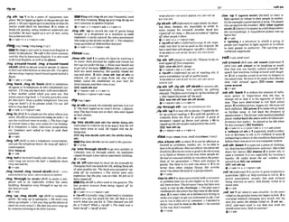 ,rig sth 'up d to Ex a piece of equipment into
@ace:W'wr
i
g
g
d up !&hi%Inthegardenfor the
p r b oHew
mriggedup locamachines0 t W the
nurses wuld check his hwrthl. 2 to make or
build sthquickly, usingwhatever materials are
available: He had rigged up a sort of lent, wing
hrsjmkel andshirt.
@v+adv+n 4 v+n/prm+adv
dngI
w
l l m wlr~eulrune
Ira/)
W lbringisnot used in American Englishto
lnean'to telephone'. To callisthe most common
verb for this in American English. It I
salsoused
in Britlsh Englfsh, aswellasto phone.
,rfng a'roundrraund;,ring a'roundfround
sb#th (BrQ to phone several pwple or plam
to find out information or drscusssth:I'wspent
themornmgringing roundtmvel agen&tofinria
fright.
Qv+adv + v+prep
,ring 'back;,dng sb 'back(BrE)to telephone
sb agalnor to telephone sbwho telephoned you
earlier: I'ilring you back later withmoredeiaik
o Your mother caller3 whik you were out. She
wnndsyoutonriagback. o I'ueonIygotafewwins
for thbcall(=froma public telephone). Canyou
ring me k k ? o he phones while I'm out, tell
him toh#
back I
e
t
m
Qv+adv + v+nlpron+adv
,dng'in(BrEj1totelephone the place whereyou
work: Shefellsoexhrrustdshe rnng In sick (= to
say shemuldnot cometowork).o Thebossrhgs
in m m l timesadojl, even whenhe'son holiday.
2 to telephone a radio, television programme,
etc: Listeners mre asked lo sing in with their
opinions.
Q v+adv
,rFng 'off to end a telephone mrsation,
andputthetelephonedown:He rango r befotwI
couldexp[nin.
hangup
Qv+adv
,dng'outtobeheard loudlyandclearly:H I s c h r
voice mng out mmss the hull. o Suddenb shots
mngoulmarby.
v+adv
,ring'round;,ring'mudsbtsth(&r& =RrNc
AROUND~OUND,
RING AROUN~/ROUNQ
SB/STH
,ring 'through (
t
osblnth) (Brmto make a tele-
phone call to sb, especially wlthin the same
buddmg: Reception mng through lo say my vls-
itorhad arrived.
e v + a d v
, h g 'up;,dng sbMh 'Up (Bra to telephone
sblsth: He mng up t
oapolagize. o We musl ring
Jenny up mnwht. o Canyou ringupthesturion lo
check thetrain r i m ?o My dadw
mo msung up
byso~clnimrngloh?JohnLennon.
Ring andrlngsbarealsofrequentlyused
wlth this meaning.RLng up andrlng sbup are
very commonin spoken English.
@v+sdv e v+nfpmn+adv+ v+adv*n
,ring ath 'upto record the cost of g& being
bought in a shophtore on a mach~ne(a cash
register);tomake salesof the value mentioned:
Shemtw up thedrinks onthetill.o Thecummny
rang U ~ ~ L S
of $160 miHion ktyecsl:
6v+adv+n v*nlpmn+adv
rinselrmsl
,rinse sth 'out1tomakesth clean by washingIt
I
n water RutAJFnisMherrnfl~
and rinxdout
hercupout u&r Ihetap. o Rinwyour m u t h out
togetridof thehe. Rinse8thisaI80 used
with the same meaning: 3~
quickly nn& her
cup and phi@.2(also,rime sth 'oul o
f 5th) to
remove sth such as soap h m sth else with
water: Learn the mndrliom on your hair (or
lhseeminutesandthennnee~tout.
wash Sthout
Qv+nlpmn+adu + v+a&+n
Zalsov+rdpmn+adv+prnp
'tipeisthtoattacksthnolentlyandtearitorcut
it: Thebird rip& at itsrim['$t h m # .o VFgura-
liw) The hurricane Orerrt their skin and r
i
p
&
at theirctolhes.
ev + prep
,fip 'Into sb/sth(wUh *)Ifor sthhr dolng sth)
linformD to criticize sb in an angry way for sth
they have done or said: He ripped inlo mfor
king late.
FEE)lay IntosbMb (withnh)(hr sthlfDr dolng
sth)
Ripintosblsthcanbe usedin thepassive
Q v + m
,tip 'into!'throughsbMhto go very quickly or
violently into or through sblsth:An ccplosion
rip@ thmuaAnjaws&rey aparftnenlbuilding.
Qv + prep
,ripsb 'ofF(imfoml)
tocheatsb,forexampleby
chargingthemtoomuch forsth,s
e
l
l
i
n
gthem sth
of poor qua lit^ etc: Theh n k was& o
f rip
ping off its cusmmers.o The tickets rwre wry
expemiue, but theplay wrns terribte. Wefelt we'd
been r i p W oa:
Rip sboffis oflenused inthe passive:The
law prokts tenants fm
b
e
i
w r i p e off by
landIords.
+v+adv+n v+nlpmn+adv
b '
r
l
M
n [usuallysM.1(I-0 a situation
where you pay too much for sth:sth that is not
worth what you pay for it: They chawtdyoua 5
for a T.shirt? What a riwB!o The mwl roas a!
lotalrip+ff o ripoffprim
+see a hRIP-OFF
aiRIP SBESTHOFF; RIP-OFFat
RIP STH OFF
,dpsblsth" ( i m r n o tom
w sWsth,by steal-
ing ideas, designs, etc. especially in order to
make money for y o m K Another h n d has
rrppdoff owsong. o She maccllsedof ripping
ofl other~ p k ' s
ickw.
g v + a & + n + v+nlpn+adv
b ' r l m ( o fsth) n (tn$ormaO acopyof sth,espe
ciaIlyone that is not as good as the original: He
hasostail ShatxZhdeslgner ripffs(=clothes).
-
I
S W c l h RIP-OFF at RIP SB OFF; RIP-OFF at RIP
STH OFF
'rlp sth 'off(slang) to steal sth: Thievesbroke in
and rippedofffiuemmplrters.
m nlckath W E ,
slang)
Qv+nlpron+adv + v+adv+n
b ' r l f ~ f f
n (informaP) an act of stealing 5th:It
wasascandalousripofl ofpublicfunds.
+S@,?a!SaRIP-OPFaF RIP SR OFF; RIP-OFF&RIP
SBlSTH OFF
,dpsth 'off;,rip sth 'off sbrsthto removesth,
especially clothing, verg q u i w by pulling
sharply: TkeJansm t y v i n g fariahIsc[otks~$
o Sherippdthe~stwoffthe waIL
War stR offoffar ntho
f
f sb/8*
@v+nlpron+adv 4 v+adv+n
,rip"through sth =RIP INMPPHAOUGH STH
,dpsth 'up1to tear sth topieces: Iripped #helet-
ter up wrfhoutd i n gft. 2 topull sth quickly O r
violently f
r
o
m the flwr or ground: A grrw 4f
teenagers ripped up (awes and plank o We've
rip& up theold carptsandplin.kf thewalk.
E3tear 8th up
+v+nlpmn+adv r v+adv+n
,rise a ' hsW ( w d t m ) 4 to notbe affected or
lunited by problems, insults,etc: to be able to
deal with problems: Shew@& lorkabbownPr
dwobii~@.
2tobetoowise orgood todosthwrong
or to think or behaw ln thew
a
y other peopledo:
Hehad an unusuaf rrbiliiylor
i
wa b w thepreju-
dices of hls generation. o Them will always be
gossip. You haw to try and rlseaboue ti. 3to be
better than other similar things: Her arfrcb
neverrise ohueShekwlof agossipcolumn.
ev+prep
'riseto sth 1todealsuccessfullywithasituation
or problem that you donot e mor do not usu-
allyhavetoface: Thejobluasn'tmsybut Samw m
ready t
orise to the challenge.o ThegIny was a
challengefor the attars but theyruseto ?heacre-
slon. 2 to m c t when sb is deliberatelytryingto
make youangryorgetyou mterestdinsth:I d
lrse to rm to that sort of comment. o Idectded to
filter him andhe rose lo the buit (= he reacted
m theway thatIwanted).
0V+PWP
,rim 'up 1 (against sblsth) (formal)to start to
fight a g a h t or refuseto obey people in author-
ity,for examplea government orking:T h w p l e
roseup againstthe inmdem. E9rebel (against
sblsth)2(Iiremry)toappear asatallshapeabove
the surroundings: A magn@mntpalace rose U
P
before her
g v + a d v
t 'uprfslng n a situation in which a gmup or
peoplejoin together to fightagainst or t
orefuse
to obey people in author~ty:
The uprising W
ruthlessly sarpp&.
,roll a'round(BrEalso,roll 'round)(irbforma0
(BrE also ,roll a'bout) to be laughing so much
that that you Ean hardly control yourself: Her
speech had ewryone rolling around with laugh-
t e ~
2 (of a regular went) to arrive;to happen at
the usualtime: W
eh
a
w to w h n election
time rolk around again. lEW come round,
come around
Q v+adv
,rollsth 'back1to reducethe amount of influ-
ence, power or importance that sth has; to
change sth so that it is the opposite of what It
was: They m determind to roll back union
p o w 2toreduceprim,wages, etc: Wemust roll
b m k injlution. E3Ql prlc~s
3tomake sthgo back
or further away: to roll back the frontiers of
spacefscienceo Theformer rnternationalfooihl[
player rofIedbacktheywrswitha brillinntper-
formaw h t night (= he played as he dld when
he wasyounger). @
F
I
frontiers
&v+adv*n + v+pron+adv 4 v+n+adv(nrm)
'rolltrack(ofsth)n 1(espxbUyAmE) areduc-
tlon or derrease m sth: a 2% rolI6nck in laxes 2
(mmputing)areturn tothe conditionthatexisted
beforetherewasanerrorin acomputerSystem
,rollsth 'down1toopenout apiece of clothing,
etc.that has beenfolded over andover:Sherolled
down her sleem. sleeves 2 to lower sth; to
open a window in a car, espxially by turning a
handle: He r
o
l
W down the car window and
wavedlo us.E
S
J car wlndOw
roll sth up
Qv+adv+n + v+nlpmn+adv
,roll'In(iflormal) 1toarrivein greatn u m b or
quantibes: W
e
r
sof help mnlinlse toroll in. 2 to
arrive somewhere, usually late and without
being worried or sorry: Robfinally miled in at
lunch lime.
Qv+adv
,mH 'on1(of time) to pass steadily: As Wyears
rolled onthepuirtfulmemoriesbeganlofa&. 2to
continue without changing very much: For the
nexdfew Uweh t k debale r0lI.d on. 3 roll on...
(BrE, i?&rmal) used to say that you wish sth
wouldcome soon:Rollonsmmer!
+v+adv
 