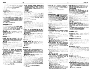 scout 248
~
'
'
'
'
'
~
'
'
'
~
~
-
-
'
'
'
'
'
'
'
'
'
'
1
-
~
~
~
'
'
'
'
~
~
'
'
'
.
.
.
.
-
.
.
.
~
~
~
*
I
I ....-. ................................................
.
.
.
.
.
.
.
.
.
,
,
.
.
.
.
.
.
.
.
.
.
I
I
*
.
.
.
.
.
.
.
.
.
.
.
.
.
1
.
.
.
.
.
.
.
.
.
.
,
,
.
.
.
.
.
.
.
.
.
.
.
1
1
*
,
,
,
,
,
,
,
.
.
.
.
'
,
,
_
,
,
,
,
,
I
want it: ThelaPtparsgmph had kmmredouL ,serapa 'through:,scrape 'through sth to
oHe Reallyl;mrcd through#heword'impossibk'. succeedwith difficulty in doingsth,especially in
W cross 8th wWhrough;deIetosth passing an exam: I mghf m p e through (the
@ v+adv+n 4 v+n+adv(rare) w
r
n
)!f J
h lucky.0 She just scrnped thmwh
lawschool.
scouttskautl EQ exam
,scout a'rwnd;,scouta'roundsthC&Eab *
,-vt 'mud, ,scout 'mund d h ) (for mbhth) to ascrape sth ~ ~ ~ e r @ ~ , s f m ~
Mh 'UP k . ~
search an area or different plafes to ~ l y
to find f ~ w n t )
to obtain or Cdect sth such as an
sblsth:I?Igoundmut aroundfiorsomwater: amount of money withdficult~:
TIMY m m g e d
Qv+adv 4 v+pmp toscmw ik1g@th~r$lZ~Wandprin.kd3~~mp~
o
f
,s~out
S
M
I 'out to out what eth 11 1 ~ o
or ~y~~~~~ lCmpd mOugh muy
where 6th is, by searching: A &am imvelled to
Momw 10 m u t orrlpossiblephwsfor ameeting *'+ wv*n/m+adv
o Thewmmnyismutingout husimopportun-
~tles
nn VieIraam scratch1
-
1
+v+adv+n + v+n/prwr+adv ,scratcha'round@ r E a h.scratchanbout)
(for
a h 1 to search for sth in a bay that is not '
&
y
serabble/'skrebI{ organized. by looking at dtfferent things, look-
,wrabble s'raund(BrEa b .s~ratrble
a'bout, i"p '"
the He wuScMtch@umrurd
,sotabbb 'round)(hr 8th)to useyour fingers to OnthegmuMfir cLues.
search For sth quickly or w
i
t
h difficulty: She Qv+adv
mbbledawund ~nh
e
r h g f o r h e r n h . ,scratch ath 'off; .scratch d h 'off sth to
,scrabble a
t sth to scratch at ~ t h
with mnd,
burslpd momentg: She was scrabbling at t h
wrlh with herfingem.
@v +prep
scrapetslae~pt
,arcrape 'by (on ah)to manage to live on the
moneyyou h
a
malthouphyoudonot havemuch:
Imnjustwage by onwhatmyparenrsgiw me.
+v+adv
,*rape 'In:,scrape;'Intosth(i9r.E)tomanage
to pet ajob, aposition, a place at college, etc,but
withdficu1ty:Ijusf managed doscrapeinto uni-
versity. oHexrawdin with 1BDuofes.o Ourteam
jusiscmpedfntothesemi-JTnals.
+v+adv + v+prep
.scrape sth 'off, ,scrape 8th 'off sth to
removesth from a surface by moving 5th sharp
and hard Irke a knife a-s it:He spent all doy
s c r u p i ~ p a i n t o ~
the mlb
@v+nlpron*adv * v+adv+n + v+n/pron+prap
,serape sth 'out1( a h , ~ r a p e
sth 'out o
f sth)
to removc sth fmm the inside of 5th else using
sth sharp and bard like a knife: IscmpedalI the
ma3out of the melon. o He scraped out the bow[
I= removedeverythingfromit)withatempoon2
(AmE)
tojust manage to make enough money ta
live: He scraped oat a living by dmwing cur-
loonsfor h l n e w s p a m . E E Iklng,e x l s h c e
ev+adv+n r v+n/pron+adv
1~ov+nlpron+a&+prep
- .
remove 8thfrom a surfaoe byrubbing with your
nails, etc: ShescmtckRd the paint offloseew h t
LmS ~ ~ ~ n e a s h .
ev+nlpmn+adv r v+adu+n + v+n/pron+prep
,scratch~ t h
'outtoremove a word, esgPcially a
name,fmrnsthwritten,usuallybyputtingaI n e
through it: Theirnames had beensrroicherIout.
+v+nlpron+adv v+adv+n
screamiskrlml
3Cream 'out (fw sth) to be very obvious or
noticeable; to demand attention: The m k & h
jrrsrmmoutatym. o Themke mxream~ng
out tobeeaten.
gv+adv
screen ISM^^
,acreensth 'Offtoseparateorhidea
n areaof a
room etc, from another area by putting a tall
piece of furniture or equipment in frontof it or
around it: Part of theroom hadbeen screenad@
withacurtain.
Screensthoffisoften useU in thepassive.
6v+adv+n 4 v+n/pron+adv
,Screen s h t h 'out to decide not to include
shlsth,ornot toallowsbtofoinan organization,
enteracountwetc. becauseyouthinkthey may
not &suitable or may causetrouble: Unsuitable
mndldntes were srraened wt.oHis job to
scmn out inqulrfesunlikely to result fn u saQ o
Imumnw mmmniesoften screen o u l m p k
are high risk.
&v+adv+n + v+n+adv(hs)kqmt)
v+pm+abv
,
=
n sth 'out to prevent sth h
a
r
m h m , s c msb 'Up(slang)tomakesbpoupset or con-
entering or going through sth: H is essential lo fu&edthat they areunable todealwith problems
m n out ultravioletmys. oA window blind mill inlife: Herparents haw reullys c t e d her up.
' scmnoubloomuch light. BFQmesssb up
@v+adv+n 4 v+n+adv(IacsfPwuent) • +v+nlpton+achr + v+adv+n
v +pion +adv b , $ e m - ' u p ad] (inforrrml) upset and arm-
ious,especially becauseof sthbad that hashap
,screw a'round(A,sfang)1to have s e ~
with a
lot of ditYeentpeopleaem A more polite, infor-
mal way to say this ~sstcep
around. 2 W to
waste time dolng siUy or useless activltles:Slop
screwingaroundanddu somet u o r k l m A mom
mlite, l n f o r d way to saythisismess around,
or, in British English, mess about.
+v+adv
,screwsb a'mund(BrE,A.sWtotreatsb in
a way that is deliberatelynot helpful to them or
wastes their trme: Stopsrrpwing mearoundand
tell me the truth1
A more polite,informal way of ~ y l n g
this
ismess sbabouUmnd(BrG).
Q v+nlpmn+adv
,screwsth Wowntoattachsth13rntlytosth else
us~ng
screws: .%r@zu the h
e
i
d of the box down
pened to you inthepast:ascrewed-upkid
+seel~lmsc~~wsn-v~atsc~sw
srn UP
,screwsXh 'up1(Brmto squeezeSth intoatight
ball: She screwedrap the note and threw it away
paper, letter E?R I E N ~ C ~sth up 2 if you
screwup your eyesor your face,you tighten the
muscles beeauseyou are I
npain, the lrght is too
brlght,
face.eyes
etc: Hescrewed h b f m i n dwmt Eid
@v+a&+n +~+nlpmn*adv
screw up ywr 'cwrago ( e s r n l &BrE)to
force yourself to be brave enough to do sth: I
finally mured up my couragennd m t lo the
dentisl
b ,serewed-'up udj (BrE) squeezed and *ed
into a ball:ascmwad-upsheetofpper
seealsoSCREWED-UPat scuaw sR UP
securely.
@v+nEpmn+adv + v+adv+n
,scribble sth 'downto write sth qulckly and
.screw sth,on; mtofa~m carelesslyy:
hor m d Shescribbhd down bhe directions on
the top on a mntainer by twisting it around: Is '&t+-aa*+n v+ nlpmn+
thetous c m d o n tighify?
B
llid,top
+r+nlpron+adv + v+artu+n 4 v+nlpmn+prep
haveyour heads
c
- on(dgMnhe rIgM
way) (irlformafl to be asensible person
,screw sb 'ovt of sth (slang)
to cheat sb and
prevent them from having sth that they should
have: Shetriedloscrew himoutaf hiswlnniflg~.
-A mop polite way to say this is cheat sb
out of sth.
Qv+dpron+adv+prep
,screwsth 'outof sb (skmg)ta formsb to give
you sth, to get sth from sb with great difficulty:
Theyscrezmdthemoney out o
f her by IhreUt-HliW
tohLt her
4v + nlpmn+&+ prep
, s c m sb 'overWmE, A, slang)to trick sb in
order to obtain 8thvaluable from them:to treat
sb badly, especially by deceiving them: He
s r r e d heroverand L
D
D
k a11her m
o
w
:
& v + n / p + a d v + v+adv+n
,screw 'up:, s c m 9th 'up (slung,evmhIlu
Am&')to dosthbadlyor spoil s
t
h
:IruapSryinglo
behelpful,but I screwed upagain. o She screwti
upupfl t l bhemngemenk
Isvu)messup, mess sth up
gv+adu + v+adv+n + v+nlpron+adv
e 'sc-pn (slang,
especiaflyArnE)asituation
that has been dealt w
i
t
h very badly; a bad mis-
take:Theream amwupOW the bookings.
,acmll 'd0~U'up
(rwnputinglto move downlup
orbackwards(forwards in thetext onammputer
scmn so that you canread dillerent p ~ - t ~
of It:
S h e m l k i downtotheendof t h e d ~ m n l .
+v+adv
scrounge/skramW
,scroungea'round(fM8
t
h
)(AM,
itlforml)ta
search around in diprent places for sth, e s w
cially if it is difficultto findor there isnot much
available: He scroungd around in his &k
dmwrfor amper clip.
@ v + &
,scrub'in(AmE)=SCRUB UP
,scrub 8th 'oft:,%rubsth 'off sthto remove
sth from the surface of sth by mbbhg it hard
witha brush,etc: ~mbalffRrrSmudqfSUleraolls.
&v+nlpron+adv + v+adv+n 4 v+nlpron+prep
,scrubsth 'outto deanthe insideof sthby wb-
bing it hard with a brushand u s d y with SMp
and water:HescnrBWoul thewmandWtthem
todmin. o T
h
e cupBwrds rrmsrrubbed out e ~ f Y
week.
@v+adv+n v+nlpmn+adu
 