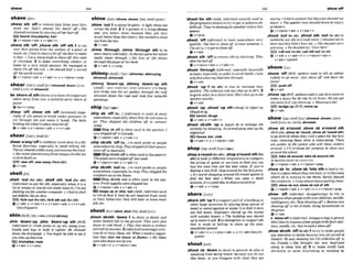 shave/.tern/
,shave sth 'off to remove hair from your faoe,
head, etc: Dad's shnverd his h m l ofloshe
shocked e u w n e byshuuingoB herhairofl
tZZi beard,moustache, halt
Qv+n!pmn+adv + v+abv+n
,shave sth 'off ,shave 8th '
o
f
fsth 1tocut
vcry t h ~ n
pieces lmm the surface of a piece o
f
wood.etc:IMfoshuwa bitoflthedwrtanaQke
it shut. o Useas h r p knre t
t
~shaveoff thinmIIs
DSchmxIEl#e.2 to make something smaller or
lower by a very small amount: We mnnugtd to
shave 5%
off the@st, o Heshaved haw o smnd
offthem
r
l
d m
r
d
.
Qv+n/pmn+adv + v+adv+n + v+dpron+prep
shear/~m(r);~mElrr/
(sheared,shornIJxn:
RmE Sa:rn(orsheanrd)
be 'shornofsth(iitemry)tohavesthimportant
taken away from yw: a politicalm
r
t
y s h o
f
PO-
+be+v+prep
,shear 'off:,shear I h 'off (tmhnimo (espe-
cially of sth metal) to break under pressure;to
cut through sth and make it break: The bolts
holdlw Ihe wheelf n p kshearedofl
+v+adu v+nlpmn+adv4 v+n+adv
sheer/.tra(r); AMS~;,
,sheera'wayPofftosuddenlymove awayina dif-
Cerent direction, espec~aUy
to avoid hitting sth:
IThemrshcered wikllya~uav,
j w t missingtheimk.
o HermMsheeredawayfrom I
m
n
mshdid naf
wkhi
%
dwil on.
BE9veeroff,veeraway(fmmsth)
+v+adv
shell/sell
,Shell ' ~ t
(for Sth), ,shell sth 'out (for 8th)
IlnIomO to pay for sth,especially when it is a
lot of money oryou do not reallywant to:l'mrnr
sheliing outfor anothermmputer o Ihad to&
!
E
out $500for theairfare.
fork out(forsth),fork sth out(forath)
+v+a& + v+adv+nb v+pmn*adv + v+n+adv
( h f w u e n t )
shin(BrE)/Jm/
(-nn-)(AmEshlnny)
,ahin 'downrup:,shin Wdownrup sth ( ~ r m
(inform0 to climb down or up sth, using your
hands and legs to hold it tightly: He shinned
down #heherainph o Yournzght k able tosee if
you shin upthat tm.
Eldmlnplpe,rope
&v+adv 4 v+prep
shine/Jam/(*~OM,
shorn* Ism;A m E J m )
,shine 'outIto shine brightly: A light shoneour
across the&d. 2 if a person or a thing shines
out, you notiw them because they a
r
e very
much betterthan the others: Sheseemed losh~ne
oulfrom the rest.
Qv+adv
,shine 'through;,shlne "through sth to be
seen clearlyandeasily:Inthe Inngamehertalent
reaily $shone rhmugh.oHis low of life shines
through themgesof hS book.
v+adv v+prep
shinny( A & ' )/'Jmi/ ~shlnnka.
ahlnnylna,
shinnied,shlnnfed)
,shinny 'dowrv'up;,shinny 'downtup &
I
(AmE)=SHIN D O W N ~ P ,
SHIN DOWNlUP STH Burg.
krrs broke into the art galby through the twJ
shinnkd down the r
o
w and slole five uaIuab&
paintings.
,ship I b 'off(&...I ( W o r n 0 to send sb away
somewhere, especially when they do not want to
go: They shipped the chiMren fl fl summer
MW.
Ship sb off i
s often used in the passive: I
w o s s h i p p d o p l t ~ m ~ & .
v+nlpmn+adv+ v+adv+n
,ship sbisth 'off(
t
o
.
.
.
)to send gmds or people
somewhere by ship: TheyshipWnEl lheirpom-
sionsofl toAustmlh.
Shipsblsthomisoftenused inthepassive:
771egoods~ueteshippaloff
M w k .
&v+nlprwr+abv v+adv+n
,ship sbrsth 'out (h
...I to send gods or peopIe
somewhere,especiallybyshlp: T
h
e
yshippedthe
sculprureourto the S
i
u
m
5 l l Ship sbisth out 1s oftenused in the pas-
slkc Freshsupplieswemship@out.
@ v+rdpmn+adv* v+adv+n
shape upo
r shlp 'out AM+ Normal) used
to tell sb that if they do not improve their work
or their behaviour they will have to leavetheir
job,etc.
shootI h T / (shot rmot/Jot; AnaEJaql)
,shoot 3bhth 'down f to shoot at sWsth and
make themlit fall to the ground: wereshot
domn in rnld b l d . o They shot down o civilian
aim@ bymistake+
2((rr&raa0tostronglycriti-
cize sbor their ideas,etc: When Imade a sugges-
rmn they shot me down inflames, o My ideas
wemshotdorunonebyom
+v+adv+n 4 v+n/pmn+adu
'#hoottor sth (AmE,
irtfom0 (usunlIyu d in
theprogmiuetenses)totry toget or achieresth
d~fficult:
TheyWshiingfor anotherucc~ry
this
m n .
e'v+prep
,shoot 'OW ( W o r m 0 to leave somewhere very
quickly:She had w s h t flto meti somaone.o
I'mylrTy, I'vegottoshwtoflC
+v+adv
,shoot sth 'off
ta remove sth by shmtinp: They
shot ihPloCkoJj?
+v+nlpron+adv r v+&vdv+n
,shoot 'throughIinfo-l, e s d l l y AwtrnlE)
toleave*especially inordertoavoid sWsth: I w m
onlyJiwwhen my DQdshtthmrrgh.
+v+acIu
,shoot 'up I(to sth) to rise or increase very
quickly: The Inflatton mte hasshot up lo20%.
2
togrowtallerinashorttime: Sheksohobupin the
lastfew months.
&v+adv
,#hoot 'up:,shmt 'up 8 t h (slang) to inject an
~llegal
drug
IBZ heroln,drugs
&v+actv v+adv+n
,shoot sbMh 'upto injure sb or damage 9th
severely by shwting:Anarmedgangsho! u p t h
nighfcduh.
E@ZI
house,bar,club
Qv+adu+n v+nlpmn+adv
,shopa'round(hrsth),,shopa'mund8th(for
sth) to look at differentshopslstoregto cornpare
the prices of goods or services so that you can
buy the ones that a
r
e the best value: B you're
buying a new hi-fi,shoparoundfor the k tprice.
o 18%worthshoppingaround the haw1agents lo
find the h l deal. o When you open a bunk
acmunl. it'sagood itfeu lo shopamundfint.
+v+adv + v+prep
shore/Ja:(r)/
,shoresth 'up1to supportpart of abuildingor
other large structureby placing large pieces o
f
woodor metal against o r under it sothat it daes
not fall down: Engineers sho& up t h tunnel
wlth m e n bmm.o Thebuilding was shored
up lo mnke it scfe.2 2 strengthen or support sth
that Is weak or failing: lo shore up the m n -
omyllboliarlp~land
+v+adv+n + v+pmn+adv+ v+n+adv(hJ%
went)
,shout sb 'downto shout to prwent sbwho is
speaking from being heard, because you do not
like them, or you disagree with what they m
sayinp: Ihied toexthin but theyjust shoutedme
down. o Thes m k e r wasshouted dotunby a g ? ~
prohlers.
~v+nlpmn+adv
+ v+&+n
,shout but (
t
as
b
)
, ,shout I h 'out(to sb) to
suddenly say sth in a loud volce:Ishoutedout io
them but theydidn't heor me. oSheshout& outa
wrning. o HeshouMout. 'Over here1'
SEK) call out(to sb), call nth out (tosb)
Qv+adu + v+a&+n v+nlprm+adv
v+adv+speech
,shove 'off (BrE, spoken)ysed to tell sb rather
rudely to away Just shove off and leaw me
alone!
,avH,pwhon
e v + a d v
,shove 'up(BrE,s~~)usedtoashsb
tomoveto
make a spacefor sb else to sit down: We canget
onemoreinf you show up,oShovewrr bit!
F
Z
E
)hdgeup(BrE),mom up
Qv+adu
9 OW/JW;
A ~ E J ~ /
( s h d , shwvnIJaun:
A r n E J m l o
r
.rarely, s m d )
,show sb a'mund;,ahow sb a'roumll 8th
(BrEah,ahowsb 'round,.show sb 'mud sth)
to go with sb when they visit a place for the first
time, showing them what is interesting: There
are guides m the pllace who wzlI show trisilors
around. o I'll arrangefur ormeom to show you
aroundtheschuol.
,av*,take sb around,take s baround*
4SMakOSHOW SR OVER STB
@ v +ntpron +adv 4 v +nlpron+prep
,showab 'in;,show sb 'IntoI hto lead a vls
itortoaplacewherethey canwait,ortotherwm
where sb is watting to see them: Scrmh s h a d
thauisftorsh
.oIwasshown intoa waitingroom
Ei?B show sbout,show sb out d sth
6v+nlpmn+advr v+adv+n + v+nlpron+pp
,show 'off (irhfibrmnl, dhwpming) to try to
impressothermptedthyourabilities.mlth,
~ntelligence,
etc: SfopshowingOR!
oBonnDm
showsng o r to herfrtmds, doing handslands on
the~ T S .
+v+adv
b '
a
h
- n (informal,d h p p r w i w l a m n
wholikesto impressotherpeople with theirabil-
ities, wealth, etc: You'resuch ashowfl!
,showsbisth 'off(tosb)1 mtrytomakepeop'Ie
pay attention to sblsth becauseyouare proudof
themlit: He wasshowing his CD collectiono n to
hrs friends. o She brought her new troy/i-tmd
along to show him ofl 2 to make sWsth l w k
attractive or s
e
e
m interesting or excitmg by
 