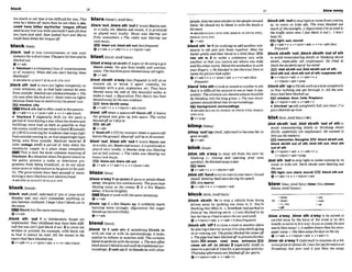 bkek 16 _
...... .I....................A...
...............
.............. ...
................................
I
X
.
.
.
- - . . - .
.
I
I
....................................... -..+ .......-
toomuch ar6ththat ia too6
-
t foryou: I
"
h
k blarep l e a ( r h ~ ~ n ~
blerl
d I m e h e 3 b i ~ n ~ m o m l h a n ~ m n d t a u d t a u I , ~
h
- bmen myhidher
'tongueoffjout Ublam ' O M 'Out if musicb
m rmt.
medtosay that youwrshyou said 8ththat 0
' a radio, etc. blares out music,it is produwd
or played wry loudly: M
u
s
i
c tuas blaring our
you have just said: Sam looked hurt and Mark
Irom somwm, + The radio wlrs bhriw out
cuuldhaw bitknherherngw on:
rockmusic.
black~blekekl
,black 'out to lose consciousness or b
s
e y
o
u
r
memoryforashorttime:Thepainhit hlmandhe
bkksdout.
e v + a d v
k 'blackoutnatemporarybssof oonsciousnegs
or of memory: When d
E
d you stud hauinr r
m
bhckouts?
+S W Q hBLACKOUT atBLACK STH OUT
,black ath 'outto turnoutltghtsmmpleteb or
cover windows.etc. so that light cannot be seen
from outside: b h h d out windowslhouseso The
city rws oftenb h k d o u t (=therewerenolights
because therewasnoelectricity)bypowercua
E Jwindow, city
Hack sthoutisoftenused inthepsssive.
Qv+adv+n. v+wn+adv + v+n+adv(rnre)
b 'blackout f (mp3ully Brm (in the past) a
periodof timeduringawarwhsntheslrwsmd
buildin@ w
e
r
e kept as dark as possible so that
the enemy couldnot seewhatto bomb2 [usually
pl.](BrE)acoveringfor windowsthat stopslight
from outsidecorningIn,Orthatstopsbright light
being seen h m outside: blackout material 3
(also'outageAm& a m o d of time when the
electricity supply to a place stops completely
lEti3This is now t
h
emost common meaning of
blackout. 4asituation when thegovernment or
thp w11ce prevent a radio or television pro-
gramme h m being broadcast, or do not allow
somenewsor information to begiventothepub-
lic: Thegovernment have heenascud of main-
S
E
B blastwt.Mmf sth w t ( k m w n t )
v+adv r v+adv+n + v+nlpmn*adv
blastr n ~ m t m b l r e s t ~
,blasta ' w y(~sWah) if apunorsbusing agun
blasts away, the gun fires Ioudly and continu-
ously: Themachirwgw b h t d w y all night.
e v + a d v
,blast s M h a'way(
l
e
s
s
m
m
)
to kki s
s
b or
remove sth or break it apart vlolentl~for
example w ~ t h
a gun, explosives, etc: They hue
blast& a w the s
aof this hutifui MI.& to
make o twd o flgurotiw) This t h r y h u ~
ken
bIns&dawayby thenemevidenm.
,sv*, blow sbMh away
ev+adv+n + v+nlpmn+a&(m)
,blast "ff when a spacecraftblasts ofF,It leaves
the ground and goes up into spa=: Them
%
e
t
bius.Moff at 7.2Bp.m
m Hft off
*v+adv
t 'bl8~t*Wnl[rlthe moment whenaspaceffaft
leavestheground:BIaslafl uttU bP inSOsemnrls.
,blast 'out:,blaststh 'outiF musicblasts out
oraradio,etc.blasts outmusic,Itbpruducador
played very loudly:A B w t h sang wus blastzng
out atfiflualume,o The m$iu was bhting out
h q mkmusic.
,sr*,blareout,M m.fhout
+v+adv + v+adv+n v+nlpmn+adv
toinfnganewsbfackoutowrelmionfraud"
+~eeafso
R L A C K O U T ~ ~
BLACK OUT ,blazea'wayl(atsWrth)ifgunsorpeopleblaze
away, the gunsfiremtinuously: Thenunske~i
blank~l$lsegkl biazing away at the enemy. 2 If a fire blazes
away, it burns brightly
,blank 'out
( A m ,&form0 If youoryourmind B
E
aBlazeis usedwith the8ame meanhgs.
blanks oat, you m ' t remember mythinn or &v +a&
you become confused:Ihop l&nl blank out in ,blare 'upif a gre bl- am,it suddenly starts
the eram. burning more strongly: @
g
u
m
i
d
His anger
UElHBlank hasthe samem
e
-
. blared upunmmikhljt
@ u+adv rfrv+arl"
- "
,
,blank 9th 'od $ to delibxately sth
unpleasant Yourchlkfhmd mqv how kendiffi- blendhlendl
. .
cuU butyou mn?just blank it out. 2 tocwer sth
written or printed, for example,with black ink Ibled 'In'(* *)
if rwmetHlng in
so that it -not be m d : All ihe names in the
~ ~ ~ ~ ~ ~ ~ ~ w ~ ~
remnhad been blanked ouf.
blend i n m l y withthewpet. o Thanewom
* v+pmn* w*n+adv(rrve)
b h k m ' t b k d in)-,,&[ withi&
&&it&m[sur.
I7 blow away
....L ....X...........................................~.....n................................-............
'.-'..- . .......................
~eo~le,thgrbecomesimilar
tothepeoplearound
them:H
eshould try 0 blend h wfththe W
L
Fa
blr nore.
+ S e e a h BLEND INTO STH;MERGE IN (WITH STH),
MERGE INTO STH
+./+a&
,blands
t
h 'In 1(in owkIngEto addmothasub
stance to ath and mix them together: Heat the
burtergently and lhrm&nd I
na h t S l @ ~ u r
B
F
X
)
mix sth In 2 to make a suhtance mix with
another so that ynu cannot see where one ends
and theother starts:BIend theqeshadow inwith
yourfingem.o He ble& m she c h a m 1 linesto
make thepicture look softer
+v+adv+nev+pmn+adve v+n*e&(less
f
w
u
e
n
t
)
, b l d 'Into8thtolookorsoundsoaimilar tosth
that it ISdIfEcultfor anyonetoseewhearIt sep
arately. T
h
eanimalsmnbecomea[mosl~nviriibk
by hlend~ng
into ihe longgrms oThenew devel-
opmentshould bknd inlo itssurrwndin~s.
EZJ background,surroundlnp
+saaabo HI.END IN;MERCE IN(WITH STH).MERGE
INTO STM
+v+prep
,bRmp'autrup(AmE, iMormaO tobecomefat:to
galnweight
+v+adv
blinkjbhkl
,blink sth a W y to clear 8th BPm the eyes by
blinking .(= closing and opening ywr eyes
quickly):H
eblinkedawy atear
mteam
+v+adv+n * v+dpmn+adv
,blinksth 'bsektotrytowntrolyourteam!~nd
myseffb l l n k ~ n g ~ c k ~ ~ h h ~
ElonlytmarIs)
9v+adv+n + v+nlpmn+adv
,block slNsth 'In to stop a vehicle from being
drlven away by parking too close to it: You're
blodrlngthathfini in, o ~ h i y h a d p w k e d
in
frontof me,bhkIngmIn ~Iwasblackdinbj,
twoIo,-r&ssoIhadtoleavethewrund~Ik.
Q) v+nIpmn+adv + v+adv+n(& fwwnt)
,blockfih'outtosbop~tornoiisehmooming
in; to cwer or hide sth: The blocked out
muchof thesunlight. omurutiw)I'm W tu
the tnIfFc n0i.w now Ijwt block it out I= I don't
hearit).
BXi MgM,run,.ound
@v+adv+n. v+pmn+adv + v + n + a d v ( h
PrePW)
,block s h t h 'out;,blocksb/sth '
o
u
tof sth
to avo~d
remembering swath or thinking abut
sblsth, especially sth unpleasant: He rried lo
blmk the~ncident
owlo
f hismind.
,sv*1blot sblath out,btalsWsthowlo
f ath;
shut 8th out,shut sth out of stb:lupplaSSsth
Qv+nlpron+adv + v+adv+n
v + n/pmn+a h+prep
,blocksth'uptofillsthsuchasahoklem@etely
so that nothrng can get through I
t All the win-
dows hnd ken bhked up
EEIwlndow,door,hole,Rlsplaw
Qv+nlpron+adv 4 v+adv+n
b ,blacked 'upadj completelyfull;not clear:I've
got a blockwl-upnor;e.
,blotsbrsth 'out;,blot s h t h 'out of 8th to
avoid remembering sWsth or thinking about
sblsth,espe~iallysth unpleasant:He wanted 0
blot out the memog~
IEImmorles, thught. bidaWsthout,
block sblsth out o#stll; shut sth nut,shd sth
out o
f 5th
ev*n/pmn+adv + v+adv+n r
v+nlprm+adv+m
,blotsth 'outtostoplightornoise in;to
cwer or hide slh: Dnrk clods wexe blotting out
She sun.
EB3 llgMsun,ttwr,round Mocks?hwt
Qv+adv+n* v+rtlpmn+adu
-*
18 -down
-in,into
-off
-wt
-0Wr
"UP
,blow alrey; ,blow Hh a'wayto be mwed or
carried away by the form of the wind or by sb's
,blocknth 'off1t o ~ l o s e a m a d o r a n o t h e r p ~ ~
bmth;tomweinthisway:~twmso w i n d y ~ h e m
by placing abarrier acmesit tostops
&
.
t
h gohg mdJ' bkw OW? 0Aslldden b mblew h~s
news-
in or cornme out: Them
I
i
E
B bIocXBdmdreel a f t
W P Q ~ W .
0 s
h
e blew away#heduston the lid.
. - - .
leaks.-kh street, mad, areal, antrank EE) ,blow sb a'way1 [lqfwnurb
to imp- sba lot
close sth off (
t
o8thlsb) 2 (especmllyAmG) to to surpriseor pleasesb:I s c u o h w ~ o m m o n
mundings. 2(wtthsb) if sbblendsi
nwith other reserveaperiodof time for aparticular activity: B d w a y last ymr and it just blew me awa~a
T h u W yaflernoomare blocked offprsporbs.
@v+n/pron+& + v+adv+n
 