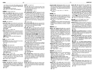 your body or your mind: ~a walked amuM the sortlsa* ,4inEsant/
*Own swkUngup Ihe ,sort sb 'OM(lqformat, espmblly B r a to deal
the atmosphem
absorb8th(moref3rmal) with sb who has been causing tmuble: Theysent
v+adv+n + v +nlpron+ a h(Iessfrequent) thelndsrouradtosonhimout
deal wHhsb
soberl'swbalrk~mE'wr1 Qv+rdpmn+adv r v+a&+n
. -.
, - - .,
.-. - - - - ,
,sort sblyOumelf 'out(BE,it&rmat) 1to find
,sober 'up;,sobersb 'uptobecometortomake a solution to sb'slyour ownpmblems,etc:Itm k
sb,no longer drunk: Idffi&d lo mlk h
,months lo sort hemif out after #hediuom.
sober up,0 I rmd a b b k mfllee t
osober me w. o HH,
was so upset it 6wkusan b u r $0mlm him
( h 7 m r i u ~
apeCbll~
BrE) we bwM at do, andmrt him out. BE) stratghton sblywr-
m h t Lmm but *n UP (= became MK out2toorganizesbor ynussplf.You i d the
ser~ous)
when wesawhis w ~ e ! ~ w m i o m r and I'll sort the kids out. oShe's in k r m m
&v+adv v+nlpmn+adv v+adv+n sort@kne(f outfor thetrip(= packingclothes,
,sock sfh a h y(AIM, irbformu0tosavemoney
by putting it in a bank or by buylngshares in a
company,etc: She ofready tam $5DOmked away
for college. o Hemhoway half his salaryeumy
monthfor theh
o
w
.
E
mmonq
v+adv+n v+nlpmn+adv
'sock It to sb (i@rml or hunwrous)usedto
encourage sb to do or say sth that will have a
strong eEect,for examplebefore an Interview, a
sports game, etc: You'll befine. Jwt get in there
a n d m k ifY
o them
Sackit tosbj
snot usedinthepassive.
Q v+1t+prep
sod/ s a d : ~ m ~ ~ ~ d l
(a)
etc).
& v + n i ~ + a d v
,sortsb 'outwlth sth(*bfwmal,~pcful@BrE)rE~
toprovidesb w~thsomething
they need:I'msure
wemnsortyouout withsomedryclothes.
&v + rdpmn+ adv +prep
,wrt sth 'out 1to put sth in order; to tidy and
organizesth: Ispent theoprmnsorlingout my
stud3 room,atuff2(esmhllyBrElt
oorgan-
m or arrange s2h.F h t you have to sort out a
IUD* permit. 3(wmi~lly
f3r.Qto decideonsth:I
fmd tosort out whutchthato take withmeon the
trip. Eldetails, priorltlesmIn this meaning
sortsth out is usually used w ~ t h
question words
such a
s what, *re, etc. 4 to solve a problem:
W@'uesorted t h e p m h h out. EEipmblem, meas
5 (fmm sth) to separate sth from a larger group:
50rI out the r@pears from the rest.o sorted
,sod A,shwl-toteU sb togoaway: o ~ t ~ ~ c l o t h e s
IhatshdMn'twenranymore.
Justsodoffa n d b min-! ~v+nlpmn+adu
+ v+adv+n
@v+adu
'
e
d
n (BrE,Ir(form0anactof arranging
or oman~zim
things in a neat and tidv way and
softenr s n f n ; ~ m ~ ~ m ~ gettingr ~ d
ofthin& you don't want
,sort Itsen 'out (esjmiallv Bra if a problem
,mfien gb 'UP(*rfwmnto tryto make& more sorts itself out, It stops being a problem with-
willing to do sth for you by being very to out anyne havmg to do anything: He w k e up
them first:I k m w ~ u ,
YQu'reiwlt w n gmm@n feeling ill, but thought ihe problem would soon
me up!o They mftened the m&rsup with prom- sort riser out.
iwtheyh d no~ n W i o n
o
f keeping. m!~
work ~wlf
aut
m
tsb up &v+oron+adv
- .
@u+adu+n v+n(p~on+adu
,sort 'through8th to look througha numberof
,mmn s m h 'up to make an enemy weaker thing either Inorder to find a particular thing
and easler to attack: It'll take t h afew or to put them in groups:Slnemrt& through her
bruiseslosolen him w o TheartilIery wardrob for something lo wear:o They sorted
tosoflen up theadvancingenernj thmueh thousandsaf o!d~hotos
saldierl.wuld3a(r):~m~'90ul-1 sound!saund/
,soldier 'on(mM
t
h
E to wntinue with 5th You ,sound 'off (abut ah) (iqfoml,dhppmuing)
arc doing although it is dlflicult or unpleasant: to express your opinions loudlyor in an aggres-
ShesoId~redon
with thehemum1nspffeOfherper- way: HCshouId &k hisfacfs Woremud-
somlproblems. o IZA having do midim on Q b M ingo
f likei
&
.
sinceBrlI kfl. @v+&
&v*adv
273 speak out
.............................................. ~
~......~.......~.......................
~..................................
,round rblath 'Out (aboutton sth) to try to dl%
cover sb's views,opinions,etc. on sth,especially
inanindirectway:Iwarrl losoundhimoutabout
apmrblejoh o Weshouldsoandout opintomO
n
thesechanges.
+v+adu+n v+pron+abu + v+n+adv(less
fwuenl)
souplsuql
,soup sth 'up(iqfomn if you soup upa car,a
computer,etc,,you makechangesto itsothat it is
more pawed or excrtlng: He makm a Uuing
buying oidmrsandsouplng them ulx
&v+adu+n v+pron+actv r v+n+adv(hs
fmmo
c 'aoup&up mfj [onlybefore noun](
i
m
r
m
a
0a
souped-upcar,computer, etchbas been changed
to make it more powerfhl or exciting: a souped-
upM ~ n i
spacelspersl
,space 'out: ,space sb 'out (slang,
mwcklly
AmE)to be confused, unable to think dearly, or
not aware of what i
shappening around you, for
exampleasaresult of takingdrugs;toput sbina
state like this: I was s
u
p
@ to met herfor
lunch but J sprced out andforgot o The dm@ I
r
u
m taking for my illness spaced me out so I
couldn't think clear&.
+v+a& + v+ nlpmn+adv
F ,spaced 'wt a& (shng)confud, unable to
think clearly and not wmpletely conscious of
what is havwnlng around you, for example
,spark 'up (informal) I if you spark up a
conversation, a debate, a ftiendship, e
t
c
.
, you
startone,oftensuddenly:lsot down besideHelen
andtridhspwkupa wnvemtion withher 2to
addinterest or excitementtosth: Spark uppmtu
disheswithf m h herbs,o Send a cnrd ond $pork
upsomeone's W ,sr*,lplce 5th up 3 spark up
ath, spark IWtkem up to light a Are, etc: {shw)
Timeto spark up acluure!ie.a Vigumtiue) Them
Is nothInR in the book to smrk up the reader's
interest. A noun must come after up, but a
pronoun comesbetween the verband up.
(bv+adv+n + v+proru+adv+ v+n+adv(mm)
speak!SP~-AI
cpasr&O jspauk; A ~ E
spouk/spDken
/'spaukan;A~'spou-1)
'rrpeakforabltostatethewishesorviewsofsb:
to act as arepresentative for sb:Imn't spmkfor
the others, but I'd lovelocorn.o Shespeoksfor a
whnk pnerufhn o
f disillmianed youngsters.
m answerfer sb2 tegiveevidmcetosupport
sb in a courtof law: M m y peoplespokefor her at
the trial.
ev+ prep
DJspeak fur WwUlthsm'selrssif something
speaksfor Itself it i
ssoclear and easyto under-
stand that it doesnot need to beexplained:The
facts speakfor themselves.
,speak for your'setfto express your o mopin-
ion, although you know that others might not
agreew ~ t h
you: Speakimgfor mywlf, I'dpwer
lo go by tram. oHe speaksfor himseu when he
saysweneedasmokingarea.
because of -&king drugs: He sat in the c o r w Qv'p*P"P
bmkingcompIefe!y spaced out. lmZdspeak fo* m y ' ~ l f m & w t l m l m ' a ~ m
,spacesth 'outtoarrangething with aregular
'sews ta expressyour opmion yourself, rather
distance or between them, espeEwy a
tl~an
sb else doing it for you: I can spwk for
myw# thank you f spak for ywt'self Ismken,
large Try spaerng words Out
in~ormrs2)
usedtotellsb thatsththey havesaid is
more On them.
ShouM I s m o u t h e not true of you: We're tired,7 'SpwkJbryour.
feeds over24hours? ~ d f
-Vm finor'
sparkjspd;dmEspmrk/ ner'already: You can forget abut him he's
spokenfor! 2tol~ set aside foraparticular p w
,spa* ~ t h
'0ff1infOmO to musesomethingto pas,: Half the mne~
isatrwrdy swkenfor:
suddenly happen or develop: TIra incident @ be+v+adv
.~orked
off riots moss mww.0 oh resi~- sth Crormol
orliretary) to be wldenoe
nation smrkdoff amlitid crisis. of sth, to suggest sth: Theplclum and ornn-
E E dots,debate,Incident,pnrteat,crlsls m t s in the room spoke of dreams o
f famww
W Spark sth is also used with this meantng:
The Tlrprogmmmsparkeda storm o
f protest.
+v+adv+n + v+pron+adv 4 v+n+adv(!ess
frequent)
,spark 'up if a fire sparks up,it starts to burn
brightlyagainafter a period when it wasalmost
out. TheJimisslil~smok~nga~muIdspark
upnl
any moment.o(fgumtiue) T f ~ y
sparked up (=
became more Ilvelv and interested) when thw
p-ch
ev+ Prep
,speak 'out (agalnwn favour ofion 8th) to say
what you think clearly and publicly, often criti-
cizing or opposing sblsth, in a way that needs
cot~rage:
Ropie areno longercafmidtos w k out.
o Shespokeoutw i n s t the regime.
@v+adv
 