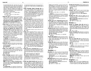 A w ~ t h W b m k m o f l o H e ~ o f f o p i s E B o f
chmlrrre Imdgauei
t me.2 tostop speaking or
stop doing sth suddenly before you have An-
ished:He brokeoff abruptly m the rnfddle of a
sentence.o W
ehad lo b m k flour hol~day
and
relllrnhome W i n t e l p o They broke ofl their
mnversationasI approached.
++v+adu v+adv+n+ v+ntprosl+adur
v+nlpron+ prep
2 v+adw+ v+adv+n+ v+pron+adv +
v+n*adv(mre)
,breaksth 'off
toendsth suchasa relat1onshIp:
They've broken afl their engagement.oBritain
#hrwten@dto break fl dipbmatic re[ntions,o
They wereAouingan@air butshe brokeit a
E E dlplomatlc mlatlonk engagement, talM
negotiations BE) terrnlnMe sth (formal)
+v+adv+n + v+pron+adv v+n+adv(mr@)
,break 'out 1 if sth unpleasant such as a fire,a
war, etc breaks out, it starts suddenly: Thty
wukl hawgot married in 1939 tf mar had not
btvkenout.oAfire bmkaoul onaferryy&erdnp
lausrl m r , flm, Rghtlmg, row vklence 2 ( a b
,break'outof sth)toescapef
r
o
ma place orf
r
o
m
a situation: Two terrorists have broken out of
Blockwall Prison,o She longed lo break out o
f
the daily routine. 3 i
f sth breaks out on your
skin,your skin becomescovered insth: I
k e e ~
brenkini:out (= Tkeep getting lotsof spots).
o S m t brokeout aEIoverhisbdp
v+adv2alsov+ adv+pmp
'
h
koutn anescapefromprison
t 'adbreak n the start of sth or the sudden
appeamnce of 5th unpleasantor violent:theout-
break o
f mr oan outbrwk o f ~ p o i s o n i n g o
ouibmksof min
,mak d h 'nutto getsPhreadytobeused,eaten,
drunk, etc: That's ~ u I
news! Let's h k
out thechumpgne!
EEl champagne
ev+adv*n + v+pmn+adv+ v+n+adv(m)
,break 'out inAnte sth to suadenly become
covered in sth such as sweat:He broke oul in a
cold sweat a! the thorrgnl o
f the trial, o M y skin
has brokenoutinan,itchyrash.
msweat,rwh
6v+ adv* pmp
,break 'through (mmInlIy AmE) to achieve
your first ~mportant
success In sth;to make an
lrnportant or new discovery: G h n CIose broke
throughmastar with '
h
i
%
tAttmcf&n',o Scien-
tats belelraw they h u e broken through in thew
f~hta~tllstthe
d W ,
=The phrase to make a breaMhmugh is
uspd more often than to break through:ScIt.n-
trsls have mu& a major brwkthrough in their
~ghtagamslAID$.
@v+adv
b 'breakthmughR an important disoovery or
development;sb's firstimportantsuccess in5th:
animporlrrnl breakthroughIn thenegotiol~
o
Jo was only 19 when hegof his breakthrou,qhas
am
,bmk 'thmugh; ,break 'thmugh sth 1 to
make a way through a barrier using force:He
mn towards the barrier i
n an attempt lo b m k
through.o Demonstmlorsh-id 0break through
the pol& cordon.DS3 bawler 2 (of the sun or
moon)toappearfrombehind sth:Thesunfinully
bmke throughin the aftermoon. o It stopped rain-
ingandthesunbrokefhrou~h
theclo&.
seea also^^^^^ THROUGH STH
+r+adv + v+prep
,breakThrough sth 1 tobecomegmaterin size
or quantity than a particular lwek Urnploy-
m t f i g u m s hove broken through the threemil-
lion barner 2 to sucoeed in dealing with a
problem such as an att~tude
that sb has and the
difficulties that it makes: I tried hard to bred
throughhissilent mud. o Womenarestarling to
break through the berries that keep them out
of lop m n u ~ .
E3overcome sth (more
f o m n
+S W a hBREAK THROUGH,BREAK THROUGH STH
ev+prsp
,break 'up 1(mpxially BrE)if a school or the
chlldren in it break up, school closes for the
holidaysat theend of apriedof theschoolyear
(a term):Web m k upfir Christmas?mi
wmk. o
Haw theschooLF b r o h upyet? 2 (ofa relation-
ship,aband,etc)tocometoanend;tostopwork-
ing together:Theirmarriuge broke up aler ten
years. o There are mmurs that the band are
breaking up.@
E
inawlage 3 [usunil~
l
y in
thepmgmsiwf e w s )if the connectionbetween
two telephones,or two radios that are used for
sending and rweivlng messages, is breaking
up,the people speaking canno longer hear each
otherclearly:T h e s k ~ l
wasbreaking up. o I'm
sorry -whatdid you my?You'rebreakingup.
e v + a d v
,break'up(w3th8b), ,breaksb 'uptoendarela-
tionshipwith sbRob and T bmkeup lastweek.o
She'sjust broken up with herW
p
r
e
n
d4rmn't
klieue my bestfrknd ismliy trying to b m k M
up!
ESl splIl up (withlfmmah), lplksbup
6v+adv + v+nlpmn+adva v+adv+n
'bmakupn IC1nSItheendingof amarriageor
arelationship:He moueriamy aperthe bi-mk-up
o
f hrsmtsrriage. o orricrge break-up
+SWahBREAK-UPat BREAK UP,BRBAK SBhTH
UP
,break 'up;,break s h t h 'upI (ltosth) i
f a
gmup of people or a family breaks up, or sb
bre& it up,the members separateand donot
shy together: The m n f e m broke up into dis-
cussion groups.o She had never intended m
break uphk.fami[jto TheSLlviet Unionkgan lo
b m k up in 1
W
1
.
I B spllt up (Into nth),spllt
rbMh up(Intonth)2 I
f a groupof m l em
e
e
t
-
ing break up, or sb breaks them up,they go
away in differentdirections:Themtiw broke
up aper two hours. o Police broke up the ldenwn-
stmtion. o I don't m
itob m k uptheparty(=I
don't want to make everyone else leave), but I
havelogo.
+v+adv a v+pm+adv+ v+n+adv(Iess
fwusn0
b 'break-upnIC1WIthedivisionsf acornpan' a
country, an organizationor a gmup of people
intosmaller parts: the brmk-wof the Chmmon-
- m b t h ofamily brmk-up
+S& a h BREAK-UP at BREAK UP (WITH SB),
BREAK SB UP
,break'up(lntosth),,breaksth 'up(1ntosth)if
sth breaks up, or sWsth breaks It up, it
becomesseparatd into smallerpieces: Theship
bmke up on the he&.o Break the W l a t e up
r
n
t
o m l l p-. o Smtenm mn be broken up
intoc hrrser.
&v+edv v+nlp-m+adv + v+adv+n
,breakgfh 'uptomake8th that isratherW i g ,
suchasaperiod of timeorapattern,more inter-
estingby addingsthdifferenttoit:Ibreakupmy
doy bygoingforo t
v
n
k intheofirmn.aDraw
ings wereusedlo break upthepage.
EEi day, monotony
+v+adv+n * v+pmn+adv + v+n+adv(Iess
J?wueno
'break wlth sbisth(Tormantoend your connec-
tion or relationship with sbMhbemuse you no
longer agree with them: Nkk broke with hb
father t
uset uph~sownfirm
+v+pre~
'break with I h (farnoto rej& sth such as a
tradition or the past and deEide to do sth differ-
ent Theprince broke with W i t i o n by gohg i
o
study a b d o The new directors am eager lo
breQkwith thepasl.
@9
tradltlon,thepast
&v+prep
breathelbri:bl
,breathe 'Into take air into yuur lungs through
your nose or mouth: BMhe i
n throughyour
nose a
s you stretch up. p.o He b~tlnerdin deeply
and thenspoke.
Inhale(moreformf)
E
Z
!
3 breathout
Q v+adv
F
,breatheath 1
1
n
totakeair,smoke,asmell,etc,in
through your nose or mouth: We walked ahng
the beach.brsathmgintheseaail:
I
E
G
!air,smoke EE)Inhale a t h ( m m f Q m ~
breathe nth out
+v+adv+n +v+dpmn+adv
,breathe8th 'Intosthtofillsthwith life,energy
or enthusiasm:She hashthedJ%sh S
W
einto
ititmovie industry.
mHfe.
Q v+nlpmn+p p
,breathe 'out to send air out of your lungs
throughyour noseor mouth:Emthe outslowly
throughyour mouthasyoustandup
IS@ exhale (morefonnul) EB9b d h e in
6v+adv
,breathe sth 'outto send air, smoke.etc. out
throughyournosew mouth:-he theOlroUt
slowly and sLeadiI3
E E i alr, wmoke EEi exhale sth(morefirma0
,opn breathe sth In
+v+adv+n + v+nipron+adv
,bream 'In; ,breeze 'Into 8th ( i r t f m 0 to
arrive somewhere or enter a plaw ln a casual,
cheerful and confident way: She brwed in at
eleuen and greeled ewryone with a smik oHe
breazcd intot h e o mandannoumd hew a s h w
ins.
+v*adu r v+prep
,breeze Yhrough 8
t
h (imformor)to succeed in
doing sth very easily: She b m z d through the
firssexam.
O ~ + P ~ P
brewW I
,brew'up;,brew5th 'up(&X, Wonnu?)
topre-
pare a hot drink of tea or coffee:Come hto the
kitchenwhileIbrew up. oI'll bww up afreshpot
o
f len whentheyarrive.
I
E
J
tea
+v+adv + v+adv+n v+pmn+adv L v+n+adv
I m j
t '
b
-
p n (BrE,irui?mk)anactof makinga
drink of tea;thedrinkthat you make
,brick sth 'IW'up to AU i
n or block an opening
w ~ t h
bricks: Thefii-eph? hnd heen bricked in
someyeassWore.o SomeMy had brickedupall
thedoorsand windows.
Elwlndow,fireplace,d m
=Brick sth Inlup is often used in the
passive.
@v+adv+n v+nlpmn+adv
brightenP b r W
,brighten 'up1 if the weather brightens up,It
becomes clearerand brighter:Afler a dullsmn,
it shouw brghten up [n&rEE9clear up 2 if a
 