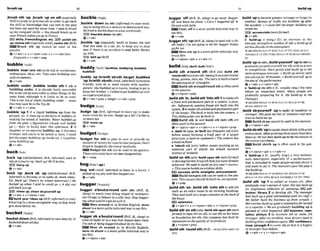 brushup 30
...................
.......... ...,...-.
........................................................................"
.
.
.
.
.
.
.
.
.
.
.
.
.
.
.
.
.
.
.
.
.
.
.
.
.
.
1
1
.
.
.
.
.
.
.
.
1
.
1
.
-
-
.
.
.
.
.
1
I
.
.
.
.
.
-
,brush8th 'up;.brush 'up on 5th (esmiazlv buckleIWI
BrE) tostudy orpractisesth in order to&t back
the skillor knowledge that you had in the past
but have not used for sometune: I& to brush
upmy computerski2.k. o Youshould brush upon
your French Woreyou gotoh m .
t3Ei skllls, FrenchEngllsh,e k ETQ poIfsh8th
up;raviawsth(eswciallvA~.revlmsUr(Br~
=Rrush 8th up cannot be used In the
passive
Ov+adv+n v+pmn+adr v+n+adv(&
f ~ ~ m t )
+ v+ adv+prep
bubblerbnbll
,bubble 'over(wlth ath)tabefullof excitement,
enthusiasm, ideas,etc: m y ~uew
bubbling over
with excitemmt
Q v+adv
,bubble 'under;,bubble 'under sth if sth is
bubbling under, ~tis already fairly sucmsful
but i s not yet as sumssfulasother things of the
same k~nd,
although it IS likely to l
x so soon:
Thisisour k t of tracks bubblingunder -songs
ihal m y swn k i nthe Topa.
@v+adv v+prep
,bubble 'up 1if a liquid babbles up from the
ground,etc.it risesup inthe formof bubblesor
making the sound of bubbles: Watm bubbled up
from the pool. o@gumtive) Clam wall bubble
up (= start to form) lu&r this aftarmn. 2 if
laughter or memotion bubbles up, ft becomes
strongerand starts to be heardor seen:I mutd
I
& the anger bubbllng up inside me. o Laughter
came bubblingup.
+v+adv
buckmnkj
,buck 'up(okffushwned, BrE, informnoused to
tell sbto hurry up:Buck up!We'll h €me.
ZEE) humup
@v+adv
,buck 'up; ,buck sb 'up(OM-&him&, BrE-
znformal) t
obecome,or to make sb,more chm-
ful: Buck up! Them's no school tomorraw! oHe
buckad up when I said he muld go, oA d
a
y out
will buckyou up.
I
E
!
O c h ~ r
up,elmar sb&oundfup
Q vfadv v+nlpmn+adv
DJbuck your f'deas up I&rE,iqforml)tostart
behaving ina more acceptable wa~:
sothat work
getsdonebetter,etc
bucket/%MI
'bucketdown(BE,irlformol)to rain hemfly:rt
bucketed downall &yY
+v*adv
. .
,buckle'down (
t
orth)(Irllbrmnf)
to startwork-
ing or dolngsth in a serious or determined way:
Hetrwdtobuckiebwn tosomewrklstudy.
knuckledown(tonth)
Q v+adv
,buckle 'up (am[@
A m 0 to fasten the belt
that you wear in a car,etc to keep you in your
seat if there is an accident la seat beIt):Buckle
urn kids.
E B belt up
Q v+adv
buddytbndi! (huddles,Duddylng,buddled,
buddled)
,buddy 'upt w l t h sbtsthbetget,buddied
'uptotwith sbtsth(AmE,
in$urmal) tobecome
friendly w~th
sb or work closely with another
person:She buddied up toLoura. hoprngloget to
kmiv herbrothe~
o laskd logetbuddied up with
ane x p r i e d d i u ~
+v*adv+pmp belget+v+adv+pp
budgelbndgl
,budge 'up(BrE,ir&rmb to mow up:to make
more mom for sbelse:Budge upa bit!I'd like to
Sitdown 100.
m m0Ve:up
+v+adv
budgetrb~dgrtl
'budget for 8th to plan to save or provide an
amount of money for aparticularpurpoae: Don't
f o W to budgetfir thecast@ lexthbooks.
Budget for ath canbe usedin the passive:
Tlreseextracoslshawnot been Budgefedfor
0v+vrep
,bug 'OutWmE,i~&mcrl) to leave i
n a huny:I
pr~*ked
upmym
y andthen buggedout.
Qv+adv
,bugger a'boutra'round (wlth dh) W E ,A,
slang) to waste time doing stupid or unimport-
ant thfngs; to behavein asilly way: Stepbugger-
irtgaboutand M'sgei on with it.
Mess aroundor,i
n British English, me$
about isa more polite informalway tosay this.
+v+adv
,bugger ab a'boutra'round( B E ,A,sbng)to
treat sbbadlyor in away thatwastestheir time:
I'msickof hing bugger& uboutby my h.
-Mess sb around or, in British EnglFsh,
mess sb aboutis a morepolite informal way to
say this.
+v+ nlpron*adv
31
...... .............................................................. ..............................
....
,bugger 'oPf(BrE,A, shm)to go away:B-r
o
n andh u e me alone. o Clive'sbuggered off ID
Ihepub withJulie.
Clear o
f
fis a more polIteinformal way to
say this,
Q v+adv
,buggersth'upW E ,A,slang)tospoilsth:todo
sth badly: Ih rwtgolng to l
e
i her bugger things
upfor nae.
W Messsth up isa morepolite informalway
tosay this.
Qv+nlpmn+adv + v+adv+n
bufld/bdd/(buItt, builtfifltl)
,build ath a'mund 5th (mEalso ,build sth
'mundsth)tocreatesth.basingitonaparticular
th~ng,person,
idea, etc: Thestory isbuilt around
the adventurn of IZknigh&.
Build 5th nroundlromd sthisisenused
111the passive.
Qv+n/prwr+m
,build 8th 'ln;,bulldsth 'intoah1tomkeath
a fixed and permanent part of a system,a plan,
etc: .%f~gmr& againstfraud are buili into the
system.2tomakesthafiwedand permanent Wrt
of sth larger:Theftashis built mto themmem o
Thrsdlshwasherconk burlt in.
Build sth in and 'build sth into stb are
oft~n
used Inthe passive.
Qv+nlpmn+adv * v+adv+n r v+nlpmn+prep
r ,bulk-'inEab Jrr'butkt lesPJ%qmt) ed.[only
before noun] forming a fixed part of a larger
structure: a hilt-incuphard o Thecumma has
abuilt-mmh.
P 'Inbulltadj [onlybefore noun1existing as an
essential part of sWsb: the inbuilt suruiml
instznctof animnls
'buildon sth(ah'h14ldwpon sth nwr@fonnnO
todevelopfurtherhm sththat youhaveh d y
ach~eved:
Weneed to build on lastyear's surress.
o Thlsoourse buildsonnist~ng
skills
EE success,skllfa+
strengths, achlarsmmb
Build &upon sth can be used in the pas-
SIVF Thtssuccessshouirl bebuilton, not &nored.
+v + prep
,buildsth 'on:
,build sth 'ontosth toadd sth
such as an &a room to an existing building:
Theyhad built ona largeextensionat the back of
$heh u e .
@
I
extenwfon
v+ adv + n + v+ nlpmn+adv v+ rtlpron+prep
'bulld s2h on sth(also'bulW 8
t
h uponaMmmp
JormaO to base sthon sth; touse sth a9 the basis
or foundation for9th:Our cumpang has built its
reputationonthequality of itsprodW
Q v + dpmn+prep
,hlldsth 'roundsth(BTG)=BUILD STH AROUND
$TI1
bulldup
.......................................................................... *
,build'uptobecomegreatet strongerorlargerin
number: Queues o
f t
m
mare building up qfrm
the acctdent.o I mlrtdfed the angw butlding up
insideme.
EE)accumulateImorefimb
&v+adv
.'bul~dupn [sing.] an increase in the
amount,strengthor n m k o P sth:abuikd-upof
ctsrbondlaxide in theatmsphere
+seeuIsoBuILD.wPatnurm up (TO sm1,BurLD
YOURSELF U P (TO STH); BUILD-UP at BUILD SBISTH
U P
,butld'up(aosth),,bulld
yournelf 'up(wah)to
gradually pmpmyourself for sthsuchasarace
or competition: Start gently and build up t
othe
m
r
estrenuowexercises. oBuild up slowly until
youmn jogfor3Uminules. oRuiklyourseif uglo
theday of thepe@ormnce.
Qv+adv r v+pron+adv
F 'bulld-up(to sth) n [C,usually sing.]the time
before an important event, when pwple are
gradually preparing for it: the build-up t
u the
Olympics
~ ~ ~ ~ ~ Z S O E I U I L D - U P a t
BUILD UP;eurLn-UPat
BUILD SR~STH
UP
,build sb&oumeH 'upto make sb healthieror
stronger: She gave m Ioisof vlhmlnsand min-
eralsto burM me up.
Ruild sb upcannot be usedinthepassive.
@ v + nlpmn+ adw
,buildsblsth 'uptos@ahutsblsthwith.tht
enthusiasm,oftenpraising them morethanthey
deserv~
Hehas been builtup S
o be theanswer So
the nafron'spmbIems.
ma~ u l l d
sbtsth up is often used In the p a s
S1VC.
Qv+n/pmn+adv + v+adv+n
P 'buildup n [C,usually sing.] a very enthusi-
astlc description, m i a l l y of a performance.
that is Intended to make pople exciteda b u t it
and want to see it: Thereuiewrsgavethe phy a
big bu~ld-wp
4 seealsoRUILV-UP at D U ~ L D
U P ;sul~n-UP
at
BUILD U P (TO STH),BUILtlYOURSELF UP (TO STHI
,bultrl 8th 'up 1to collect or create sth,often
graduallyoveraperiod of time:She hasbuilt rrp
an unpressiue calL?ctmn of pinlzngs. E3TicOl-
leetlon, llbrary 2 to develop 9th: T
h
e m o w e r
had built up a god relationship with hb st@ o
My father built the business upfrom scratch.O
Hurrrel has built upquite a repi&tionfur hemw
as a reporter o Wearegmduaily buftdlrrg up a
picture of what happened.W bualness, repu-
tation, picture 3 to increase sth or make sth
stronger: m
e
r on mident, most driven need to
build upIheircvn@aplceagarn. wnfldenca,
trust,strength4 to rover sth sothat it 1sh~gher
or strongerthan before
Qv+adv+n .v+nlpmn+adv
 