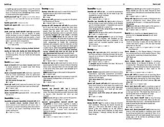 S burnout
bulldup 32
,
...................................................... " .................................................. -
up udj [usua~~y
before n m ]1owered bump,%.unp/
with manyh o w s orbuildings: Thespeedlimit is
,bump ,Intosb(imrman
to meet sbbychance:
l o w In built-upareas, 2 built-up shoes, b t s , bumped anoldfrw in lawn
or heelshaveextrahe~ght
added )6YHJ id0 S b
,buildYOursleW 'UP 1=WILDYP(TO m),
BUILD & +
- , .
YOURSRLP IIP (TOSTH) 3 = BUILD SB/YOURSELF
,bumpsb ,off(iMmD to murder skHeh i t -
UP
led bumpihg 0ffSales.
'build uponsth =BUILD ON STH +v+nlpmn+adv + v+adv+n
'buildsth upon ath=BUILD ~ T B
OH STH ,bumpsb'&y,bumpsb'oPfsthl tonotallow
bulkpd~
sb ta have the seat on a plane that they hw
booked. b u s e seats h v e lmn sold to more
,bulk'outfup;,bulksbMh 'OWUP
{ e s ~ t l y
AmE) to increase In size or weight; to make
sbtsth increase Insize or weight: Griswald had
bulked upfor this maah andwon easily. o Laul
busrnessesareheipinglo bulk upschoolcornpuler
labs (= provide morecomputers).
Qv+adv .r v+adv+n a v+pron+adv*
v+n +adv(mre)
,bullysb 'intosth ,bullysb 'lntodolng 8th
to force sb to do sth by frightening them or
threatening them: Youcan'tbulb m rntosaying
m y l h i w !
Q v+nlpmn*prep
bumfinmi I-mm.)
,buma'round( B r E a h,burn 'mund)(irlfbrmal)
to travel around or to spend your time doing
nothing in part~cular
Q v+adv
,bum a'roundt'round sth(iMormal,especially
BrE) t
o travel somewhere with no particular
plans: qfter I lep schtwl, I bum& around the
~uoridfornyear:
I
E
Etheworld, Eumpe.6tc.
Qv + prep
,bumsb 'out(ArmE, informal)to annoysb:I w
m
r d l y bumme$oul t h t therewereM tiCke&
+v *nlpmn+adv
,bum'round(Brm=BUM AROUND
,bum'round~ f h
(
G
S
P
2
C
h
l
bBfE) =BUM AROUND/
RliUND STH
,bumblea'round:,bumblea'roundsth(BrE
also ,bumble a'kut, ,bumble a'bout sth) to
more around in an awkward and noisy way: I
c
o
u
l
dhmr myfather bumbllngahui downsrairs.
o a film o
f two sisters bumbling nround theiv
home,makingtea
9v+adv + v+prep
people than the plane w
i
l
l carry: Wlh more
peopleflyingthess days, themi
s a gm# chance
o
f ~etting
Bumped off your flight. o bum&
ofl t r c r u e i k m ~
Bump sb can also be used
with this meaning: We were Iote arriviw at the
airport a d the atdine burn@ w.2 (espxially
AmE, computing) to break the connection
bet- sb's computer and thelnternet, so that
they can no lower use the Internet: Some WTS
wu[dn't login,orherskepl~tt~gbum@oflo
to be bum& off the Xnterwt @
E
l
the Intarntlt,
server, webslte E.9 klck sb uff, kick sb OW
sthdlleonnect sb (from M
i
)
(moreformal)
W Thesephrasal verbs areusually used mthe
passive: I was worried about bang bumped off
theflight.
Q v + nipmn+adv + v+dpron+pmp
,bumpsb 'up(
t
o(to)( O f o m l )to mwe sb to a
more expensive seat inaplane withoutcharging
them extra, because there are not enough seats
at the price they have pa~d:
Jgot b u m up lo
busirrpssclnss.
EEl3Bumpsbup isoftenused inthepassw.
Q v + nlpmn*a&
,bumpsth 'up(irrformar)toinmaseorraisepth:
Thewnlpnny bump& theirp r i m upby 10%.
prlces
Q v+n/pron+advr v*adv+n
bunch/bmtI/
,bunch 'up; ,bunch sth 'up if material
bunches up, or you bunch it up, itformstight
foldsThesheessbutl~hd
upunderhim everytima
he moved oShe bunched her skirt up and
jumped.
Bunch sthup Poftenusedinthepassive.
+v+adv + v+nlpmn+adv + v+sdv+n
,bunch 'uph'gether; ,bunch s M h 'up!
to'getherto move closer together to make a
tight group:tomake sWsthdo this: Thechikfren
bunched fogether in littk groups in the p W
ground. oA11 the rwmm were bunch& up
&hind the i&r
Bunchsblsth npltogetherisoftenusedin
the passive.
@v+adv v*nlpmn+adv v+adv+n
bundlet'bnnat
,bundle sb 'OW(to sth...)to send sbsomewhem
In a hurry or when they do not want to go:She
bundIed hersonoff SoschmE.
packsboff (to...)
Qv+n/pron+adv + v+&+n
,bundle 'up;,bundle nb 'up(In ath) todressin
warm clothes;toput warmclothesonsb:Bundle
up!It 'sfmzingoursi$e! oI bundled up ina
blanketand madeherocupo
f t
m
.
wrap up (In nth),wrep sb up(In 5
t
h
)
.wrap
youmK up (in sth)
Bundlesbupisoffenusedinthepassive.
.
@v +adv v+ nlpron+adv
,bundle 8th 'upno'getherto put or tie thinw
together 1nto a bundle: She bundled up her
clotl~esand pmM them into a cupbwrd o T
h
B
papers uwre ail bundled t
-
6 d y io be
fhmwnaLuD#
~v+nlpmn+adv v+sdv*n
bung
,bung sth 'up (wmh ath) (BrE,I
m
m
i
m
i
)to stop
sth from moving or flowingthrough sth by put-
ting sth in or acrossit: She's bunged thesink up
w ~ t h
lea Ieaves.
block ath up moref for ma^
+v+n/pron+adv + v+adv+n
b ,bunged 'up d j blocked, not clear:My nme is
all bunged upthlsmorning.
bunkp ~ k {
,bunk'clown(~llyAn~&toUedowntosleep
somewhere, especially somewhere unmmfort-
ableor faronly onenight Webunkeddown in an
old Barnfur thenight.
E Z l dmsdown (BrE,informal)
@ v+adv
,bunkboff:,hnk
'OH
$th(BrE,fnfwmel)tosiay
away from schoolor work when you ought to be
there; to leave school or work earl^: especially
without permission: k t ' s bunk OR#hk&r-
noonand goshopping.
ESKi schoof, WOrk IBEl s k b On, s k b OW SUI
(BrE)
+v+adv*r+prep
,buoy n h t h 'up4 to makeor keepsbcheerful
and confident: Winnhg the m
m
n
t
c
h buoyed the
team UP.o T?Mparty did dittle to buoy up her
sprrits. oShe was buoyed up by her father's
pmis@.2 2 keep ssblth floating; to stop sblsth
f
r
o
m sinking: I wlard, k
r
m
g the salt water
buoymeup.
Buoysblstbupi
softenused inthepassive,
Buoy sblstb can also be used:Buoyed by their
recentV I C ~ Wr hteamlrmconvi~
theymn win
thefinal.
Qv+n/pron+adv * v*adv+n
,buoysth '~p@nance)tomakeorIteepprlcsata
high or satisfactory Iwel: Share p r h roere
buoyedupbytthenews, o lo buoy uplheecommy
E E l prfoea
EUW Buoy sthup lsd e n used lnthe passive.
Buoy sth isalsoused with thismeaning.
@ u+nlpmn+adv + v+adv+n
burn/bn;ArnEb~nnf
(burnt,bumtpxnt;
drnEbamt[orburned.burnedbmd;AmE
b3:rndl)
,buma'way;,burnsth a W yto disappearasa
result of burning; to make sth do this: Half the
candla had burnt away. o The fire had bur&
owayprt of the mf
Q v + & r v+adv+n v+pmn+adv r v+n+adv
( h f w m t )
,bum d m if a fire bums down, it b e w w
less shongand burns with smallerflames:They
sat by thefim,wuWlingit sbwly bumdown.
m burnup
Q v+adv
,burn ' d m ;,bum sth ' d m i
f a buildhg
burns down. or sb burns it down,it is des-
troyed hy fire: Thepalme burnt dourn in tfzeIRh
century. o Shethrmlened#a
burn thelro~down.
IEEWBnrn sth down is often u& in the
pasfive.
Qv+adu + v+nlpmn+& + r*adv+n
,burnsth 'dl
to remove 5th by bur- Burn
tl~aoldpainl
offWrempainting ihadoor2( a h
,burnsth 'up)touse energyby exercising: Walk-
ing bruklymnbwnoffalotofmlortes.E E tal-
orles, fat
&v+actv+n r v+n/pmn+&$v
,bum'out:
,bumsth 'outif amachtneorpartof
a mach~ne
burns out or sbkthburns it out, it
stopsworking bemuseithasbeenu&tw much
or has got too hot: The club91hns burnt out. oI
burnt out themlorin theflrstcar Ihad.
&v+adw hr. v+nlpmn+adv + v+adv+n
,bum 'out ,bum StseM 'out to stop burning
becauw there is no more fuel: Blow out themn-
dlesWorethey burnout. o By the timethefirebrt
gudearrived thefireh d burnt (iiseIr)out.
-B SECohBURP4 STH OUT
@ v + & 4 v*pron+adv
,burn'out;,bumyourself *outtobecome very
tired or sick and unable to oontinue your work
byworking too hard over a perid of time:It's o
highpressurnjob andmanypeople burn outat a!
young nge. o4 k carries on wnking so hard*
he'II burnh i m I f out.
 