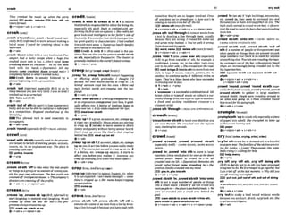 crash 66
........,,,.."...-
.....~.......~......~..m............-.... -.....~.......................~........r...~~.....~........m............~
.................-
TiW mnked the music up when the plrty
*F
a
3 muse, rnlumornturn Ith up
(morelbrmal)
+v+nlpmn+sdv 4 r+adv+n
crash1
-
1
1
,crash a'round(also ,emaha ' M m u n d mpe.
crnlly B r a (iqformal)to move around makin$:a
lot of noise: I hmrd her mashing about in the
bathmm
(bv+adu
,crash 'dormtofallwithawry loud nabPa?i-
sewem hud a lucky esmpe whm a huge t m
crushsd down om%a bus. o John3 hod c
a
m
m h f n gd m n on the hble (= he hit the table
hard with his hand).o @gumtiw) All m
y
d m m s c
u
m ElPshing down around m8 (= I
complebelyfailed inwhat I wanted todo).
=Crash down is usually followed by a
phrase beglrmrngwith aprepition.
&v+adv
,crash 'out( i m m l , BrE) to go to
sleep becauseyou arevery tired: I uxrs soti& I
crushedout tnonmmchail:
IBB Rakewl (BrE)
6v+adv
,Crash 'adof 8th(h
sport)tol m agamevesy
badly and sonot be able to continue to take part
in a competition. Englnnd crashed out of the
WorldCup
W T h i s phrasal verb Is used espedally in
newspapers.
@v+edv+prep
,Crash'round(-2yBrE) =CRASH A R O U ~
crawl~rs.11
'crawlwfth sbl& (usuallyt&d in theprog?~
srw tenses) tobe fullof moving people,animals,
Insects, etc. in an unpleasant way:The plum Is
cmwlmg withmpsl
mpoll-, irn&
@ v + w e ~
,cream s W h 'offto take away the bestpeople
or thingsinagroupor a
namountof money,
usu-
allyfor yourown advantage: Thebestpupiilsare
creamedof into special classes.o Themmpany's
direnorsareverrrnrng of fhepro$rs.
Q)v+a&+n + v+nlpmn+adv
,crease 'up;,ereamsb 'up(BE,tqformak)to
start laughing;to make sbstart laughtng:We&I1
m a d up whm we m w her hrri!oHkprc-
gmmm olways cremesme up.
BE)crack up,cmk sb up
Q v+adv * v+rdpmn+adv
'credlt A with 8;'credit B t
o A 1to believe
that sWsthisresponsibleforsth orfordoingsth,
espec~ally
sth good: Bath is credited wrth per-
forming thefirstsoloon a p h o S h e d i t s her
gmd looks and InieIIigem lo herfutk'sside of
thefamily. 22 considerthatsblsthhasaparticu-
lar g o d qualityor characteristic:Ihad cdlfed
him with more m.
o NumemushaollhW t s
arecredit& lo thisnatuwloli.
Credit A with B is often used in the pa^+
sive. 4 You canalsousethepatterncreditsbisth
as sth, especially in the passive:Thecheetd i
s
generallycredit4 asthe world'sf~shtanimal.
@ v+dpmn + prep
,creep 'in;,creep 'into 8th to start happening
or effecting sblsth gradually: I thought I'd
H d ,but then doubts slarterl io cteep in, oA
hint qf samzsm mpt mio hls voh. o Mare and
more @reign wards are creeping inlo the h-
gmge.
Qv+adv+v*prep
,creep~rsbMhifafaelhgcreepsoveryou,
or anexpression creepsover your face,it grad-
ually affectsyou: Afeeling of tiredness haan to
creepoverher oAsly smfkcrepr over her lip,
B?3steal oversblsth
Qv+prev
,creep'upl if aprice, anamountptc.-ps up,
~trisesvery mdually HouseprLm aresmrrtng
to c m p up.2 (on sb) to mow nearer to sWsth
slowlyand quietlywrthoulbeing seenorheard:
Wn'f m p up on me like thni!o JacR crept up
behindme. ,sr*,-1 up (on sb)
+v+adv
,Creepk ~ p 8b1if anevent,adate,etcci-eepa
up on you, it arrivesbefore you arereallyready
for it: Theexamsjwtseemd io creep upon me.2
if a feeIin& etc. cmps up on you, it starts to
affect you More you realize it: Anomio mn
creepuponyounggirls when they h s t p ~ ~
It.
+v+adv+pmp
,crop 'up(Wormdl to appe91,happen,etc. when
it is not e m e d :Imn'l make it tonight -some
thing's #p& up.o Her rrcune keeps cropping
upeverywhere.
corns UP
+v+adv
Cross/hm;AmEhx/
,cross M h 'm,cross s h t h 'off nthto
removesb'snameoran itemfrom alist by draw-
ingalinethroughk
tbecauseyouhavedealt with
themlit or theylit are no longer involved: Ows
flany items m'walreadygot, o Jane w n 2 &
coming,so~wnaar;sherofthelist.
d
a
W rth(moreformal)
ev+nlpmn+adu v+adv+n v + n l p m n * m
,crosssth 'outfthmghto remmwordsfrom
a text hy draw~n~
$ line Ull?~~gh
tYlem,usually
becaugc they are wrong:Icmwd his name out
and wmle mine r~1~6ead.
4 You've spell it wrong
Crossit out ondmWUZR
EEl word, namelE9 &I& 8th(mom~mal)
@v+n/pmn+adv + v+adv+n
,cross 'wer 1( a h,
- 'overrth) (@@dally
BrE) to go h m one side of sth,for example a
roadlstreet,a room, etc. to the t
h
e
o
t
h
e
rLet's rross
over lotheotherside.o Sheoossadouer themad.
roed,brldgm2( I Weth)tom m h m o n e
style or typeof music,cultwe, politim, etc. to
another; to wmb~ne
parts of different stylesor
types:They're e blues h n d who hnue smmz&d
in cmIngouer i
o
.
K
l
z
z
.
elv+a& hr* v+prep
2v+adv
' e m - n a mmmfulmmbinatlonof dif-
ferent stylesor typesof music orcul- a s
u
o
m s l lchangeb m onestyle ortypetoanother:
a fresh and lexciting m k & e e c m roa
m w rartist
, o m ss
t
h 'through=mossSTHOUT~~HROUGH
crouchm ~ t
'emuehover sbMthto bend aversWsthsogrm
are near therru'lt:She crmch&dover the injaved
m ,
checkin$ his ~uounds.
e
' V + P ~ P
,crowd a'round; , e d a'mund sb,sth
(e~mblfyAmF)
=CROWD ROUND,CROWU ROUND
SB/STH
,crowd 'In;,cmwd 'Into8th to move In large
numbers intoasmall place:As swnas hdoors
OpeneoI people hgan .to crowd in 0 w
e all
cmwdadinto the I#. o @guratiue)Memories she
would mlher f o m mme mdhg I
no@g-
nmtiue)Dottbtscroded indomy mind.
E B pllein,plleIntosM
&v+adv + v+prep
,crowd s m h 'In;
,crowd rbmth 'intofonto
8th to put a large number of people or things
into a small space:I doubt iS we canm
u
d any
marepeople i
n-lheploceispcktdalmzdjt o We
wem ell crowded inio a smfla m behrnd the
goal
E
Z
E
)crmmWath In,cmnrbhthIMnksth:
packlbhth In,p c k sWsth into sth
Qv+nlpron+a& v+adu+n + v + n l p m n + m
,crowd 'In(on ab) i
f high b u U d ~ .
mountains,
etc. m d i
n
,they seem to surround you and
threatenyou orhavea strong erect on you: The
high l u a l C F d lom
u
r
o
I in(on her).o @urn-
tiw)H
etried loreststthefmm that werewowding
in onhim
+v+abu+prsp
,Crowd 3
- 'OM0S
t
h = CROWD S B ~
IN,
CROWD SBlSTIl INTO/ONTO STH
,crowd sblsth 'out;,crowd sbrsth Tout d
sth if a number of people or thinp cmwd out
other people or things,they arepresentinsuch
largenumbersthat there is no momfor anyone
oranythingelse:Touristsm mudingtheregu-
lar customers out of the bok oVigumttw)Small
shops are mrreosingly king mwded out by the
big supmmarkets.
EE@ squ- sb/m out,sq-s sblsth out
ofsth
+v+nlpmn+arhr v+adv+n *
v +Npmn*adv+prep
,crowd 'round:, e m 'round abmth(EW
ctnlIyBrE)(AmBusually, c da'mund,,WOW
a'mund ablsth) to gather in large numbers
around sblsth h p k lwre #loding omund .ta
see w h t mas g o i w on. o Faw crou&d round
himlo&for hisuulograph.
&v+adu + v+prep
crumple~IWAWW
,crumplesth 'upto crushsth.espedallyapiece
of paper, into a ball:ShemunpM his W r up
lullhoutewn lookingat ft.
mm
p
s
r
+v+nlpron+adr 4 v+adv+n
'cryfor sthto askforor d m d5thIna
f
o
-
orurgentway:Thefmliesof thevuictimsumrry-
ingfir justim o Lirrlen! That sounds Iik# m m
aodV v i n g != d i n g M o r help
k3G help, mercy
ev+ prep
,cry 'off;,cry 'off sth: ,cry 'off ddw sth
(BE)
to dwide not to do 8th gnu have promised
oragreed to do: We'damnged Dgo together but
Luis crawat the last moment.o W b didyou
ctyORfrair~mg
h tnighi?
E
Y
B pull cut,pullout o
f ath,pulloul d dolng
ath
+ s e @ n I s o ~ ~ ~
OFF,BEG OFF STH,BEG OFF WIND
STH
Qv+aduav+pmp
,cry 'out to make a Iwd sound without words
becauseyouarehurt,afhid, surprised, etc:She
criedout irtlwithpaim
+v+am
 