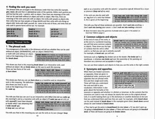 4 finding the verb you want
lke phrasalverbs arearranged inthe diaionary undertheir keyverbs (for example.
giw,move,sit)and then inalphabetical order of the particles. Within each panicleyou
will first find theverb + particle, with no object. Thenthere are meaningsof theverb
that mn be usedbothwithout an object and with an object After that, there are
meaningof theverb usedonlywith an object. first verbswith peopleas objects(sb),
then verbs that a n have peopleor things (sblsth) and then verbswith only thin@as
objects (sth).Verbswith itself, yourserf,etc. come at theend of those,and verbs that are
only usedin passiveforms will belast. For example:
TvGzF=--
.- 7i'zlx=-----
9
"
p-+y--G-% w-,*--
give sb up break sb/sth in put 5th ou
give sth up break sth in put yourst
give yourself up brwk into sth be put oui
1 The phrasalverb
Thearrangementof the verbs inthe dictionarywill tell you whetherthey o n beused
without an object, (INTWNZITIVE),with an object (TRANSITIVE)
-.-."--
,----Tw*- .--*-
or both with andwithout an object. "IbkBk
,Znr
if a vehicle, etc, breaks down, it
Lmk at the beginningof the entry stops working because of a fault: he washing
for h k down: machinehas brokendownaguin.o We(= ourm
i
-
)
bmke down t w k on the m y home. 2 if talks,
This shows youthat in this meaningbreakdown is an intransitivewrb, used
without an object: Mycarbmke down on the way to work this morning.
Thew arehllo forms of the verb -"-' - - -' - " -'-----"m
bum 'down;,bum sth 'down if a building
at bum down: burns down,or sbburns it down,it is destroved
by fire:Thep a l m burnt down in the heinel&th
century.o She thracstened to burn theh
e
h
o
r
ndown.
This shows you that you can use bumdown asa transitive and an intransitive
verb in this meaning.The definition "
,
,
k
;
T
;
;
;
A
k
e
'
;
b ,upl,;ke';;6u-F,c
also shows you how to use it. 1to stop sleeping:to make sbslop sleeping:Horn
Lookat the b i n n i n g of the entry many timesdws Ihe bab woke reup in the nrght70
for w
r
r
k up. I uslsually wake up early in the s u m r o You look
as if you've only just ken uploCan you mke
me up at 8?oHe was woken up by the sound o
f
,keep 'I
place;
'Keep <
I'm wo
A
Thistells you that you can use it as an intransitiveverb (What time did yorr wake up
this morning?),and as a transitive verb with an object (I'll wake you up at 6
.
3
0
.
)
or
with yourself (
I
must haw shouted -"
'-c7- - --- - *,out
;
, ---.Up - R
1
ter a
so loudly whileI was dreaming that r
ying
1 wokew
r
f
up.) whtle
At keep out,you will see: v v + a d v + v*adv+prep
out ,keep
to remain ou
aut?. oPleas
skim.
tside: There
e keep out g
th to not en
m a sign sc
f the o
r
c
e 4
Thistells you that in this meaningyou can use the verb on itsown (Danger! Keep
...
Vlll
out) or as a transitiveverb with the adverb +prepositionout of, followed by a noun
or pronoun (Ideepout of my way).
Ifthe verb can be usedwith
""--'v---"*Fa""'" """-W"" "" -."'"',' 7"'-
,msh 'fnh ah;,rush 'Into dolnn &
,
.rush
an -ingform of a verb that follows s
t ~g
sth to do
it. this is giwn at the beginning: WI ng about ~tI
da go rushing znro anyto81
3 'Into doin
ithout thinki
I this: Don't
or decide sty
:arehlly; to
, . . .
I quickly
make sb
la. 0 YOU
Thistellsyou that all these sentences are possible: Don't rush intoanything. o
Don't rush into leavingyour course. o Don't rush me in& making a decision.
b Moreinformationabout the grammar of phrasal verbs is given I
n the sectionon
Grammar Patterns(pagex)
2 Commonsubjects and objects
At the end of manyi f the verbs, or ad-;ki--?+;;h;;;-;~;;s;;h
at the end of a numbed meaning, wi
you will f~nd
same commonsubjects wc
orobjects. These showyou the type br
of contextsthat the verb is often
E
used in,so that you can use it correctlyyourself.
For example, at breok out, you will see:
u; etc. brea
luId have go
nkenout. o P
El war, flre,
ks out, it s
l married in
lfire brokeof
fighting, m
tarts sudden
1939 tT wur
4ton aferry)
w, vlolence
~ly:
They
, had not
ateday
2 ( a h
Sentencessuch as Fighting has broken out on theborder, Fire hoke out in a
warehouse.o A furious mw bmke out over theownership of the painting are
therefore very commonand acceptable in English.
You can use these subjects and objects to helpyau use the verbs in the right context.
3 Synonyms and opposites.
When?there are helpful synonyms -w.---., ,-----
-- -
-
-
.
-
J
-
-
-
-
-
-
-
-
.
-
-
-
r
-
.
.
+
,pull'In; ,pull'Into sth 1 If a winorabus pulls
or opposites,these are given in in, It arrives somewhere and stops: The express
lled in on lir
(RrKj if a v
we to the sk
ml o
f the bu
. -
ne. o Themo
ehicIe or a I
le of the ma
s
.o He puEk
.. .
rch pulIed in,
Wiver pulls
d and stop: 1
d intu Ihe pc
to boy 27.
in, they
Dull in in
~rking
Iot
alphabetical order, synonymsand p~
oppositesthat are phrasalverbs 2
mt
firsi and then single-wordverbs. f,
These will helpyou understand D M ~ u r n ~ o g
zneewm.
the verb and add to your draw in, draw inta sth
vocabulary. Information is alx, m purr out, pull out or sth
given aboutthe formality of the
synonym or opposite and whether it is Britishor American. As the contextsthat the
synonymsare used in may not always be exactly the same as the original phmsal
verb, it is worth lookingthem up in this dictionaty or another dictionary to be sure
that you understandthem and howthey are used. For example, while knockdown
can be used instead of breakdown in the examplesgiven there, breok down cannot
alwaysbe used instead of knockdown.
J They hod toget thepolice to breakkllock the door down. J If you don't open up,
I'm goingto knockhmk thedoor down. J Theseold houm aregoing to be hocked
down.I( Theseold houses aregoing lo be broken down.
 