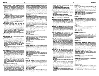 ,drop'
I
n(on&
a
t
.
.
.
)
, ,dmp'Intosth(WmO
to payashort, Informalvisitto sb,often without
arranging this in advance: Drop In m y time
you 'repassing, o She drops in on her garents at
M oncea tuwk, o Idmpped ftrdothewflmshop
foraqurckdrlnkonmy m y home.
IEW call In
+!&?@Oh DROP BY
+v+adv v+prep
b 'dropinw[onlyMomnoun]u d t odescribe
a place where you can go without making an
appointment:ndraptnc e n M s u ~ I c 1 i n r c
,dropsbryoulaelf 'inRIBrE,informunto putsb
in a dimcult or embarrassing situation: SAegor
herself aut o
f muble by dmppinglaura init.
@v+nlprnn+prep+rt
,drop 5th 'In (to ~wsth).
,drop sth 'Into ath
(esperrnlly BrE) (AmE usually ,drop sth 'by)
(mn&rmnOtoddiversth, espec~ally
whenyou are
on the way to somewhereelse: She dropped the
report in on her m y out.oT
I
Idrop cr note in lo
you when I RMW the armngements. o Couldyou
drop my m
t Into the ckmr's on your way 50
work7 o 1?1dmp the b r a c ~ u m
by htm
ev+nlpmn+a& + v+adv+n + v+nlpmn+prap
,dropV n t u Sth =DROPIN(ON S ~ X T
...).DROP INTO
STH
,drop 8
t
h 'ht0sffi =DROP STH I
N (
M SBkTH),
DROP STH INTO =H
,drop'off T (ir#orma&espertuilyBrmtof dintoa
light sleep: He'salw~ys
dropping off infrwrl fl
t h e T T E B doze m
n
o
d off{i@oml)21Ta
number, an amount or a quality drops off, it
decreases: The numhm applyingfor member-
shiphave& 0 s faIf off
+v+adv
t ' d m w(h8th) n a decrease:Mamqrm w
e
mncerned by am n tdropof l
nsnles
seealso DROP-OFFatDROP SB~STH
OFF
,dropsblsth 'o9ftostopandletsbgetoutofacar,
etc.; to deliver sth taa place, ofIenwhen you are
ontheway to somewhereel= Ou[dyoudropm
4tJattheslaiion?oI'mgoingpslJunkhow-
I could dmp thecukeon:o Shedropped offsome
cbthesal thedry-chner9.
@v+nlpmn+adv v+a#v+n
b 'dropoff n a place where vehicles canstopfor
people to get out, or where sth can be leff, the
actionof doingthis:It ismskrtogelataxicrrpap-
senger drop-off points thun at fight arrival
Sfand%
+Wt U ~ D R O P - O F F
atDROP OFF
,drop 'out;,drop 'out d sth 1to stop taking
wrt In an activi& being a memberof a group,
etc: Smml membersof the learnhad todropout
at the h i minute.o She had lo drop out of the
mce h
a
v w y through.o The wmpany had lo
dmp out ofthe deal due to rising costs.BE0 pull
w*pullwtd.th:~rm(Immrth)(mom
formal) Zto1
- schml,college,unfvemi& etc,
without finishing your stud~es:
Shedroppedout
of collegeafteronlynfew weeks.oMuny students
drop out orfail h u s e they're MI en~oying
the
mum.3torejectthe accept4ideas,morals and
values of society: Them's a dunger lhat when
people lose therr jobs they drop out (of sockfy)
oltoge#M
@ v + & *v+a&+p-p
b 'dm- n 1a person who leavesschwl.ml-
legeoruniversitybeforethey havefinished their
studies: He might k be amElegedropout but he's
made a fortune in business. o There S a high
dropout mle from some wllege m u m . 2
(rrsunllyd b p p t w i n g , esp~&l!y RrE)a person
who rejects the accepted ideas, morak and val-
ues of society:Many of thetown'sd m m ahang
mund tlnesqmm
,dmp'orer(es&dlyAmEj tovisltsbfwashort
time at their home,without m & g atime in
advance: Ithink I'lljust dropover lo Jim'sfor a
while. o Whydon'tyoudropover ihisevening
pop orerfmund
+swahson~o~
BY
+v+am
,drop'round(&m =DROP BY
,dropsth 'round(BE)
IArrpE,dmprth a'rwntl)
(inJorma0 to deliver sth to sb's home, etc: I'll
dropthosepapprsround late^
+s e e a h m o p STH IN (TO SB~TH),
DROP ~ T H
INTO STH
&v +Wpmn*adv
,drown sbtsth 'out if a gwnd dmmm mt
sbisth, It is so loud that theylit cannot be heard:
Themwic wasplaying adfull wlume,drowning
outmnversatwn.o Herrep& urndrownadout by
apasszng motorbike.
lK!BJ nolss,sound,ruar, rnurlc
Drown sbfsth can also be used with the
same meaning:Her voim was drowned by the
rra~hing
wws.
Qv+adv+n t v+pmn+adu c v + n + a d v ( h
fww8
drum~ M U I
I
-
)
,drumsth 'intosbtomakesbremembersthby
repeating it often: He dnunnapd rmdsafe& into
them Wore lPliing them out on their bkycle$. o
Tmdit~]ml
uaItles m m drummed inb himfrom
an early age. o t had it drummed into me t h l I
shorsldrs'l talk tostmngen.
drillsth I
- sb
+vt nfpron+prep
,drumab 'out;,drumsb 'wtofsthtofomsb
to leave a group or an organimtion, usually
aecause they have done 9th wmng: He uxrs
drummedwfqf theclub.
~thmwsbout,thrmvsbolrtolsth
+v +nlpmn+adv + v + nlpmn+a$v+prep
,drum sth 'up to work hard to get sth: W're
fauwhlngacampaign t
odrwn morebusiness
o Wecouldn't drum up enough cmh t
o keep the
clubpmg.
EEl buslnws, ruppwt,customn
+v+adv+n + v+pmn+& + v+n+adv(mrP)
,dry 'off:,drym h'off;,dryyourself 'off to
becomedry;tomake sblsthlyoumIf dry: Weluy
besidede~Itodryoff
in thesun. o Youwnuse
this iolwl 50 dryyourseIf OR
o Idried the caroff
wrthasqflc[olh.
+v+adv + v+nlpron+adv + v+adv+n
,dry'out;,dry8b'out(in$~mn
toreceivehat-
ment to helpyoustopdrinkingalcoholor taking
drugs;tocuresbof drinkingtoomuch alcoholor
of taking drugs: Shewent Intoaclinktodry out.
Qv+adv v+nlpmn+a&
,dry 'out: ,dry sth 'out to become wry or too
d
m to make 8th become vety or too dry: WrrZer
rheplnntmgularlynnd don'tIedthesoil dry out, o
Themmdandihes~~nhaddriedoutmy
slrh
+v+adv v+nrpmn+adv r v+sdv+ n
,dry 'up 1 if a supply of sth dries up, it ts no
longer available:Thephn.masahm&nerd w k n
the money dried up..lsuarl Investment, suppty.
funds ran)run out 2(1nformn0to stop talking
suddenly becauseyoumnnot remember what to
saynext or arevery nervous: Shedriedupduring
the secondact. o I just d r i d up kulfway through
the interview.3(ir&ormnO used to tell sb rudely
lo bequiet orstoptalking
@ v+adv
,dry 'up;,dry sth "up1i
fa riveroralake,etc.
dries up, or sth dries it up, it becomes mm-
pletelydry: Thewelldried upfor thefirsttimeina
century. o The sun drierd up all #hepuddles. 2
(BrE, ir&md) to dry dishes after they have
beenwashed:I'lldiyup Vwu w h t h e d i s k o
H
e dried a11 the dkhes up and put them away
Dry and dry sth are also used wlth this
meaning.
6v+adv 4 v+adv+n + v+pmn+adv + v+n+adv
( m m
b ,dlled 'upadj 1mmpletely dry: mmped
ina dried-uprlverberi.2 [onlybeforenoun]Idis-
approv~ng)
(of a person) old, w
i
t
h many folds
andlines ontheskin,s
m
a
l
l
,
andmuallybitteror
bad-tempere4: Thelfbrarbawas a dried-up,bit-
teroIdmDn
b ,drying 'upn I
U( B E ,ir@ormaL)theactof dry-
ingdishesafter Pheyhavebeen washmi todo the
d r y i w U P
dumpon
........................ ~......................................................................
duek/ank,
,duck 'od,
,duck 'out of sth; ,duck 'out of
doing sth(informal) to avoid a responsibility
or duty, especiallyanunpleasant one:Sheducked
out o
f uislting him in hospital. o You have togo.
sodon't t?yducktngout.
Duck can be used wlth an OW
wlth the
samemeaning: &n't try t
oduck theissue.
Qvtadv * v+adv+prep
dudel d ~ d l
,dude yourself 'up( A d ,slang) to makeywr-
self more attractive andlry to impresspeopleby
wearing expensive or special clothes: He seal&
dudedhlmself upfw thepam
+v+pron+adv
dufflanft
,duff sh 'up WE.
Wormnk) to hit or kick @b
severe1y:Amupleqfguysd&hirnup
,sra,beatsb up
Q v+ nfpmn+adv
dukeldjwk;~m~du:k/
,dukeIt'out (wHhsb) (AM
slnng)to&ht with
sbusingyour handstightlyclosed: Youcan't set-
tkewryargumenlbydukingit out. 4 (figutotlue)
You'IlhawlodukeiIoutowrthe2astmok.k
+v+n+adv
dumbldnml
,dumb 'down;,dumb sth 'clown(dfsappm
trig) to make 5th too simple and therefore less
accurateandof poorer quali&,by bytryifigto
make
it easier Tor people to understand: The p w
g m m producers claimed they had to dumb
down. o Thenewproducer hasd y dumbedthe
showdown.
Qv+& + v+nlpm+adv v+adv+n
,dumbing ' U a mn IUjtheactorpolicy of mak-
ing sth trm simple and therefore leaa accurate
andof poorerquality
dummyr h i /(dummlom,aumm)rlng,
dummled,dummled)
,dummy u p p 0 t o s a y n o t h i n g : ~ h d u m ~
up,j u t trya Iittlepemziasion.
E
9 clam ttp
Qv+adv
dumpI ~ P I
'dump on s
i
b (shag)1to m t sbI
m
F
a
i
r
hespe
cially by givingthem toomuchtodoorunpleas-
ant tasks: ThebossdutnpsonJawandshedumps
on the junior ss48: 2 (Am.@ to criticize sb and
 