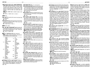 ,@ear
'up(fMahlto do sth),,gearsbmthryour-
self 'up(forsthtlo doah)tobe prepared, ready
and able to do sth; to become or make sWsth1
yourself ready, prepamd or able to do sth:The
phyers are gearing up(or the big game. o The
hospituI i s gearing iisev up t
o dm1 with new
pltlenls.
Gear shth up is usually u& in the
paaswe.
@v+adv r v+ntpmn+adv v+adv+n
,gee 'up(BrE)
u& t
otell a horse tostartmoving
orto gofaster
Qv+&
,geesb 'Up(BrE)
t
oencowagesbtoworkharder
or faster or to perform better: TheirsuccessInrt
week willgcethe lenm up,
v+nlpron+adv 4 v+adv+n
,gen 'up;,gen sb@ou-W 'up (on 8th) (old.
fashioned. BrE, idormu0 tof
i
n
doutabut sth;to
get or give sb information on sth: I must gem
mysekf upfor #hernhruiew.
@v+adv r v+nlpmn+achr
Wt/set/
(gemnab
got,wtIgnt AmEsnal)
IEfEi
nspoken AmericanEnglish,the past par-
tlc~ple
gottenisalmosta
l
w
a
y
sused.
-about -In
-sbwe 174 -Inon
across -Inw@h
-aRsr -into
-ahead, aheadof 115 -off
111 -along -offon
-around -offffer
-aroundto -off onduiw
-at -oWwih
-away 1
1
6 -on
-awayfmm -on at
-away* -onto.on t
o
-back 117 -out,OVtd
112 -backat -OM@
-backinto 118 -over
-back t
o *past
-back m r -round
-back wilh -~ u n d
to
-behind -through
-beyond 119 -to
-bv -logether
-down 120 -up
113 -downon -upaslin
-d m to -up t
o
,geta ' b wlIBrEalso ,gela'mund) if sb who is
old or illgets about,they m
e abletomove m
m
place to place without difficulty: Shegets about
withtheh l p 4f a slick. 2 (BrO=GET AROUND
Q v+adv
,geta'bodsth(Brm=GET naouw STH
,geta'boveyourself( @ s p e c t a l l y ( &
I RIheprogressiwEenses)tohavetoohighanopin-
ion of yourself; to behave as iE you are better
than other people: She's bmz w i n g a bit uhve
herself sincewinning thataward.
Ov+vre~+pron
,get a'Cmss(
t
oab) tobe communicatedlosb or
understood by sb: T hmegsnge isjinnlly getting
a c m tothepublic.
+v+adv
,get a'cross; ,gel a'cross sth to move h m
one side of a river, a bridge, a street, etc, to the
other:Howmn wegetacrossm the khndPo The
o n b w q v l o ~ ~ o s s I h e l a k e r s Q b o Q I . o C a n
m get across the city without Raving to use the
subway?
+v+arhr * v+prep
,get8
t
h a ' c m(ah,gst 8th 'averlessfrequent)
(to sb) to communicate sth to sb; to make sth
clear tosb: He'smt wrymadgeltinghu.Idws
acrrrsst
a the class. o You'll have ED *ink of new
masof gettingyour msmgeacrosselfectiwly.
E E mensage.polnt,idea EfR) put 8thacross
Get sthacrossisnot used in the passive.
Q wtnlpmn*adv * v+adu+n
,get sblsth a'crtws sth (also,gel sWtth 'orsr
8th)to move sblsth,or to help sblsth mow, fbm
onesideof 8th such as aroad,river, bridge,wall,
etc. to the other W'vs got toget supplies n c m
the border somhoul o Wegot all the injured sol-
d
i
e
r
swmss therivel: oRiEIygotthemny overthe
jumps withd W l [ y .
Get sblsth acrwss sth is not used in the
passive,
+v + nlpron+prep
,get 'Met sb (irllbrmal, e s m l l y Am& 1 to
keep asking or telling sb to do sth,often in an
annoyingway: She's beengettingafter me t
otake
u vacation.o I had toget after Jack t
oclearn his
room. 2 to try to catch sb, especialIy after they
havetwmmitteda crime: W e d t obe lougheron
those who wmit crimeandget after drugu s m
more.
* V + P ~ P
,get a'head;,get a'head o
f sb to make more
progress than other people, companies, etc.; to
k o m e successfulin your ltfe or your career:It
isn't eusy toget ahead in themoviebusiness. oBy
doing extra homework,he h e n got ahead o
f his
ciassmases.
Qvtadv v+adu+prep
D Ugel a ' h a d of p u m U to tell sb pth before
you havefully expla~ned
the background or the
detailsthat they need toknowfist
, g d a'long(informal)1( o mwedi
nt h e ~ m
siveimses)toleaveaplaoe:16'shte.We'd belterbe
getlmg along. o One morecornand then I musf
getalong.+ s e e o l s o ~ ~ ~
ON 57Iwlth sWtOg6ther)
=GET O H ~ ~ ( W ~ ~ ~ S ~ ~ ) = C W O F I ~
+v+adv
,get anround
(BrEafm ,gat a'bout) I (informal)
tomwefromplacetoplaw;togotolotsof differ-
ent places: You certainly get around! Paris om
minute.Bonn the next.oShemn uwmy cortoget
around whsle s b ' s here. 2 (of news, a piece of
information, etc.) to -me known by a lot of
people: The news of her mignation swn got
around o Word soon got amund lhut lhey were
hauing an aflai~3to have an active social life
andbe awareof what is happening: It'stirneyou
m t around more. +aa h GET OUT 2 4 (Mar-
ma{,
disapproulng) to have sexual relationships
w ~ t h
lots of dmerentpeople 5 =GRT ABOUT 1
Qv+adv
,gel a'mund;,(let a'round sth = GET ROUND,
GET ROUND STH
,geta'mundsb(apciullyAnrE)=GET ROUND SB
,get a'roundsth( B r E e h ,get a'bout sth, ,gd
'rwnd 8th) 1 to mwe around a city a countm
etc. It's caw to get around Am&m on a
hrcycle.3(of news, a piece of infomation, etc.)
to become known by a lot of wop1e: News soon
gets round the o m .oM didn't lake longfor the
rumour to get aall mound town. 3 (especially
A@ =GET ROUND STH 3
Q V + P ~ F
,get a'round to eth: ,get a'round to doing
~ f h
= GET ROUNDlAAOUND TO STH, GET ROUND!
AROUND TO DOING STH
'get d sb (Wrmao1(uswilyb
r in thepm
gressive t e r n ) tokeep criticizingsb:S mk p r -
en& are always getting at him o Shefeels she's
being got a
!
. 2 to influence sb, especially
Lllegally, for example by threaten~ng
them or
offer~ng
money+
in orderto persuade them to say
5thuntrue oract in anunfair way:Oneof the wil-
nesses had ken got a#.o They e m tried gehling
at thejudge.
Get at ~bcanbeusedh thepassive.
Qv + prep
'get at sbtsthtoreach or obtain sWsU1;toh da
way of enteringa place,talking to sb,lookingat
sth, etc: Thefllesarelocked up andlcan'tgel at
them. o Imn'tgeiatmy inherifamuntilI'm21.
llEll3Get at sblath can be used in the passive:
putitlnap[ace urhmitmn btgotatmsily.
B v + prep
'getat sthtolearn,discwerorRndout~We've
got toget at thetruth.
E E t r u t h ~ V t n d 8 t h o U
+v + prep
m
w
h
a
l are you. w he, &. pettin@at7
(spoken) used toask.often inana
n
mway.what
sb islwas suggestmg:Whnt m c t l y areyou get-
trng ot701 see what you're getting ai, but Im
sfraid fcan't helpyou with thut.
,get a'way 1to have a holidaylvamtion: We're
hoprngfogetawayfora&w&ysrrtEastm 0 WlII
you manage get owny thisywr?2(fmmsthl...)
to succeed in leavlng a place It tlms rnisdqv
before we$mlly managed t
og& almy.o I won't
be obIetoget awayfrom theofice WoreZ3(fmm
sblsthl...) t
o escape kom sb or a plaw: The
thievesgot away in a blw uaa o You're not g
e
i
-
I r n g a m y f o r n me so asily!4 ,* 'awry (with
you)!(BrE,spoken,h m ~ n g o I d f ( ~ ~ h i o n e & u ~
to show that you Rnd it djmcult to believe what
sbhas just said:Get away! Youwuld n e w run
thatfar! o 'I'mgorng to Isve in Chrm"Maway
withyou!'- go on
@v+adv
'@away n[usuallysing.]1the actof leavinga
place in a h u m , especially after committing a
crime: Theymadeaquickgehm~t
2ashortholi-
daylvamtion; a place for this: Ihepopuhr hhnd
~eiawwofpen an^
,geta'wayfrom ath;,gela-y from ddng
sth to start doing sth in a difFerentway or talk-
ins about adifferent subjmt. Theclubshouldget
away from rts oldfmhioned rmqge and try to
atlrm younger m p k . o IfrWtogetaluayfmm
thesub~ectof
hbies,
Q v+ adv + oreo
h a&; *om all (immnto haw a
short holidaylvacation in a quiet place where
you can relax them%nogetting a'way firom wth,
you can't get amway
from sth you have to admit
that sth unpleasant is true: There's no getting
awayfrom thefact that hb mistoke lost thegame
fir hLs#emn.
,get sbrsth a'way from sth to removesWsth
from somewhere: Gef that doga w f m mme!4
Someone was hying lo gei An~ela
awayl7vmthe
lufndo~.
~ G e t s W B t h a w a y ~ s t h I s n o t u s e d i n
the paqsiw.
+v + nlpmn+adv+prep
,get a'way wtth sth I to steal sth and escape
with it: Thieues mirled the h
b
o
n
k and got away
with ESOWO. 2 (also .get a'way wlth d D 1 ~
sth)
(informanto do 5th wrong and not be punishcd
or criticized for it. I can't Wleueyouchealed in
the exnm and got away with it! o NoWy gets
away with iinsultingme like that. 3to receive a
relatively light pmiphment: For s
& a serious
ajJhcehe was lucky tog& a m with afine.EEJ
flne, warning
Q v +adv +prep
,get 'back1(hodto sthl...)toreturn,especially
to your home: What t i m dfd you get back Inst
nwht?o Weonlygot bockfromoar tripypsle&p
 