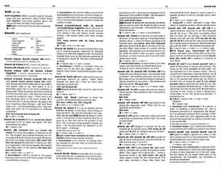 knit (4-1 b 'knoebbmt odi lusuallv before noun1 EBrA
,knltbo'gether(Enfr tsusually &for t h e m
fewand past purticiple) when broken bones
knit together, they grow together again: The
rrhsarebroken, but ihey'llknit together:
Knit isalsoused with the samemeaning.
Q u+adv
knock~nak;
.4rn~nock/
-abwt 163 - ~ n
-abwttqelher -i
n
4
n
t
o
- a W w r t h -off
-around -out, wtaf
-around together 162 -over
-arwndwrth -t o g e m
-back -UP
-down
,knack a'bout; ,knock a'bout sth (BYE) =
KNOCK AROUND,KNOCK AROUND STH
,hock~ba ' h ~ t
(BrE)=KNOCKSB AROUND
,knockstha'bout(BrE)
=KNOCKSTH AROUND
,knock a'bout wlth sb;,knock a'bout
together = KNOCK AROUND/ABOUT WITH SB,
KNOCK AROUND/ABOUTTOGETHER
,knock a'round;,knock a'round sth (BrE
also ,knock *'bout ,knock a'bwt ath) (iflor-
ma€)'
i(
e
s
- l!y BrE,(oftenusedmthepmgm-
siue tenses) wed to say that sWsth is In a
particular place, but is not doing anything or
being used: These chocobtm how kenknocking
around since New Yent o Has book was knockins
around ttw h u w f o r ages. o T
- were a fefe;;
kids knocking a b u t in rhe slm? outside. 2 to
Wave1and live in various places: Hespent a
m
years knocking abut Europe, oJ@ will know
whatto do-he'sk n d d ~ 1 h u t a
bit(= hastrav-
elled and had a lot of experience of riserent
situations),
,sm, klck amund,klck amund rth
+v+adv v+prep
,knocksb a'round( B r E o h.knoclcsb a'-)
(~nSornreI)
to hit sb again and again:Her h
w
bandknacksherabout.
6v+nlpron+adv
,knock 9th a'round ( B ~ E
a h ,knock sth
a'bout)1 to h a t sth roughly: tohammer or hit
st21: The bulldem hnw started knocking our kit-
chenubul.2(BrE)tokick stharound:W
e
s
p
@
n
fo
few hoursknockinga ball ahut.E
B
3 a ballEZ?3
klck ath around 3(ftdbrm0to d~scuss
an idea
or a suggestion wlth several pwple: Weknocked
af2w idws oborat at the meeting @
E
i
IdeaE
m
klck 8th arwnd
Q v+nlpmn+advr v+edv+n
F 'knockaboutn ( B E )a period of time spmt
kicklng a ball aroundwith otherpeople: Wehad
akmkoboul in theprk.
- . -,
~cnockabout
entertameit involvespeopleact-
ingl
nadeliberatelysilly way,for examplefalling
overor hlttlngotherpwple,inordertomake the
audiencelaugh
,knock aGroun&a'bwt with sb; ,knock
a'roundf8'bouttogether (BrE, r@rmaR to
spend a lot of tlme a ~ t h
sb: She k k s arawrd
with Sohan. o She and S h u n knock amund
together o He knocks ahut wtfh some strange
pe0p.Je1
S!3 hang around wlth sb, hang amund
together
@v+adv+prap * v+adv+ab,
,knocksb 'back 1to prevent s b h achieving
sth Or making p r o m , especially by rejecting
them orsththat they suggest oraskHehQd ken
kmked back twice by the selection wmmitlee. 2
to surprise or shock sb: Thenewsm l l y knack&
me back
Qv+nfpmn+adv
+ v+adv+n(mm)
b 'knack-back n (BrE)an occasion when sb
rejects you or sth that you suggest or ask; a
refusal Kdon't think Imuld shnd anolherknock-
back.
,knmksb 'backsth(Br&inform0tocostsba
particular amount of money: Those h k s
knocked me k k ESD.o T
h
a
t mr must h u e
knockedyouback abit!
E3set sb back ath
Knock sb back s
t
hcannot be used i
n the
passive,
&v+nlm+nrhr+n
- - - --
,knock 8
t
h 'back (!q%rnmaO to drink sth
quickly: H e k m k d h c k twopints of k
r
:
E E beer,coffee,etc. EE)Aylg +th
@ v+adv+n* v+n/pmn+adv
,knock sb 'down
1if a car or anothervehicle
knocks sb down, it Mts them, offen killing or
~njurlng
them: She was knockeddown by a bus
FZ5 run sb m r Knock sb down~s
often
used in the passive in this meaning.2 lo hit or
push sb so that they fall to the ground or the
floor: The wind W
E
. slmng emugh to bmkyou
down oHe kmked &tun his opwnenl in she
firstround (= In boxing).
-B . F W ~ h
KNOCK SB OVRR
ev+nlpron+adv v+adv+n
EQdyw could have knoelrstl me dmvn wHh a
'featherusedtoexpress great surprise
b 'knockdormn an occasion in boxing when
one competitor hits the other so hard that they
fall to theground
+steak0 KNOCK-DOWN PRICEat KNOCK STH
DOWN
,knacksblsth 'downto persuade sbto ampta
lowerpricefor sth:tomake thepriceof sthlower:
He knodred Simon down so ES.o W k m k d the
p ~ d o w n I o f f a
o m d t d y o u m a ~ g e k 7 ~
lhemdownfrwnfim3tof4W070 H
e mwedto
knoc~
thepriwdownernxmmwa
IF) h a t sblsth d m
m g n c r c k sb down sthandlmodt nth down
sth can also be used: We shoukl be die t
ok m k
t h m down ofew mu?&.oHe knmked theprim
downfivedollars.
9v +nfpron+adv v +adv +n(lasJqrren0
,knock 5th 'dwmIto destroy sU1and make It
falldown uyoudon'topen up,I'mgoingbkmk
the door down. o Theseold h o w aregoinglok
knocked down. E
S
J house, door EEl demollsh
5th (moreformal)2 (meb) to sell sth to the per-
son who offers most money at a publ~c
sale (an
auction): Thepainting was knocked down to me
fir E
S
m
. 3 to take sth apart, especially
fllrnlture, so that it canbesent or carried some
wheremore easily
~v+nlpmn+adwv+adv+n
b 'Lnoclr-dormprimnamuchlower price than
usual.lgot thesebwksat a kwkdownprim.
3mahKNOCK-DOWNat KNQCK 58 DOWN
,knock sth 'In;,knack sth 'IWinto 8th1to
makesthenter sthby hittingit,forexamplewith
a hammer: Sheknncked some ~ i k
into the m
l
L
2to makesthgoIntosth by hitting or kicking ~ t :
Barnes kmked in law goals o She Rwked tfw
hhall intothe net, goal,bmll
Qv+nlpmn+adv* v+actv+n + v+nlpron+prep
,knock 5th 'Insthto make sthsuch asa holein
6thby hitting: Theyknockedahokcnthewallfor
tRewindow
I
E
Jhole
Qv+nfpmn+m
,knock 'off;,knock 'OHrrth(ityormanto stop
doing sth, especially work: Whnt time do you
knocRofJ(work)loday?
mwork
Qu+adv + "+prep
,knock it 'oPT(spken,Ir&mml) used totellsbto
stop dolng8th annoying:Knack it fl!Ihr trying
toconcenlmle?
@v+it+ach
,knock sb 'oft(
s
-
) 1 to murder sb: He was
knocked off by anothergang. DB? krmp sb oPf
(rnJorma0 2( B E ,A,sbng)tohavesex with sb
Qv+nfpmn+adv
+ v+adv+n
,knock sb 'otf;,knack sb 'oft sthtomahsb
falloff sthby hittingthem: 1w.s kwkedofl my
bike this morning(=by a car).
' +v+nlpmn*abv*v+nlpmn+m
,knock sth 'off 1( a h,knock sth 'wt)(irlfor-
ma0 to complete sth quickly and withoutmuch
effort: Thq e q w t me m knock o r (= write) a
thousand wads rr day.Bchurn sth o
o
u
t 2
(BrE.slang)to s t d sth: He3 knocking o r TVs
and video rewrdemo These brkes have k n
k 1 w c k e d o f l 3 ~ , s l n n g ) t o a n a k e a m ~ o f a
popularproduct to sell at a cheaper prim,often
illegally
Qv+a#v+n
* v+nlpmn+adv
b ' k n w k d n WmE, frlfom0 a copy#often
Illegalal,
of apopularpmluctsoldatachmprprice
,knock sth 'm,knock 8th 'off8th 1 to
M u mthe price, value,etc.of s
t
h
:
We'w kmked
D
O off the price. o The shorl cui k
n
& about
hay an hour off the jourq! o That hairstyle
k m k s years off your uge, IEZl lop sth o
f
f
,lop
sth o
f
f 8th 2 to remove sth,and usually make ~t
fallto theground,byhitting ~ t :
Whoknocked that
glassoff thehbk? o She k&myg- o r
+v+nlpron+adv + v+adv+n + v+nlpmn*prep
m
iml knock ywr 'MoeWhslld off (BrE,
spoken,rnformal)usedtoshow that you arevery
angrywithsb,by threateningto hit themknoekl
blow ubb 'sack off to impreas or surprlse sb
vcrymuch
,knock s'b 'out1(a& ,knock yourun 'out)to
make sb fall asleepor become anmnscious: T
h
e
bum on the head knocked me out cold. o He
was kmked out in She seventhround.o H
e mn
shnighl intoa bmppost, knocking himself our 2
(In boxing) to hit an opponentso hard that they
fall to the ground and cannot get up within a
limited time, so losing the fight 3 (also,knock
yoursan but)to make sbvery tired, ill,etc. The
coursemmplelelyknocked m out, o She'sk m k -
ing herself out withall thnt ~ r k .
4(informn to
surprise sb very much; to have a strong erno-
tional effect on sb: The movie m p n t n s l i c . I
t
kmked me out.
@ 1,2,3v+nlpmn+adv v+a&+n(kss
frequent)
4v+nlpmn*&
t 'knockoul (also' k m k d ) a 1 a person, a
piece of clothiig, a performance, etc. that is
extremely attractive or Impressive:
Her dough-
#'$ an absoluteknockout. 2 (inW i g ) a blow
that ~s
so hard that your opponent falls to the
groundandcannot get up withina lfm~ted
time,
solosingthefight
+St@ a h KNOCKOUT at KNOCK SBlSTHOUT
'knockout dmpa n [pl.] ( h m m )mediche
in Iiqu~d
formthat makesyou sleeporfeelsleepy
,knock sb~sth'out;,knock sbisth 'out of
sth (sport)to defeat a penon or a team so that
they cannot wnt~nue
in thecompetition: F m
knock.& Belgium outof the EuropmnCup
@v+nlpron+a&
*v+adv+n *
r*n
f
p
m
n+a&+ prep
t 'knackout(also'knock-wt)n( e l l yB E .
sgort)acompetition inwhich thewinningplayer
or team at each stage goes on to the neKt stage,
but the losing one no longer takes part in the
competition: the European cup k?wckouto a
knockoutmmpelitfon
-B see a h KNOCKOUT at KNOCK SB OUT
 