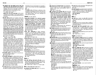 let out 170
.----..................*
I
..............._
.
.
.
.
I
I
................1.1 ....................I.*...................II................1*,,..................I
*......................................_
,let sbinth 'out;,let sbsth 'out of a
m,let
yourself 'out;,let yourself 'out of sth to
allow sbtsthlyotme1f to go out of a room or a
burlding. Can you kt youmu our70 l urns
afflnterl they Iether outofhsp~tnl
sosoon
+v+nlpmn+adv + v+adv+n4
v+ nlpron+adv+ prep
~ l e t t h s ' c a t o u t o l ~ ~ t o t e l l a s e r r e t
carelesslyor by mistake I tvastrying So keep my
promotron quicl bubSkue wentand lel thecatout
o
f the hg.
,letsth 'OM
1togive acry;tomakeasound:She
I
d out a screamof terror oHe lel out a sigh of
m!kJ B
E
Jcry, sl@h
IEE held rth In 2 to allow
secret ~nforrnation
to -me known: He3 the
only person who muld Aove kt the sacrelout.o
The mmpnny let out that they were putting in a
btd for KKF EEl w m t LEE) reveel sth (more
form0 3 (
t
o sb) (Bro to make a house, flat,
apartment, etc. available for rent: T
I
E apan-
ment's ken let out to a German coupk.Plwl
fiatlapeflment,houmZiE9 hlresm out{tosb):
rentsth out (toW4tomakean itemof clothing
lmser or Iarger:I'ue wten somuch I'llhaveto M
my beItout!lZjJ sklrt, trousers lE5take sth In
5(also,letath'auto(sth)toallowair,I~suid,
etc.
toescapcor f
l
o
wout of somewhere: W
eneed tolet
theatr outof the rudwtor:
&v+adv+n + v+nlpron+adu
5alsov+nlwDn+adv+m
--
F -r
b 'outlet n 1i k r sth) a way of expressing or
usingenergy,strongfeelings,ideas,etc:ChiMmn
&an outletfor all theirenergy 2 ashoplstore
or an organization that sells goods made by a
Particular company or of a particular type:a
retaiUfus? fmd outlet 3 ( m ~ i n i l y
AmE) a
shoptstore that sells goods of a mrticular
makelmakesatreduced priws:designeroutkts4
a pipe or hole through which water, st-, etc.
mnf
l
o
wout 5 (Ammadwice in a waLl that you
WelpnlrsmY k
t e m though w're winning.o
Doesn'tsheeverlebup?Sk's beencompIrrininga[l
dny.
9v+adv
b 'kt-up (in sth)n [sing.]a reduction i
nthe
strengthofsomething:aperidof timewhenstb
unpleasant stops: There can be no &-up in the
war against drugs. o T ~ Q
rnin m n t h w d all
uflernonnwrthno let-up.
'level sth at slusth '
I(also ,lwIsth awlnst
Wah)tosay publicly that sb is toMameforsth,
espec~ally
a mistake or a crime: The charges
IevalledagaimthimoreMust. oEnvironmenraI
g r o w have leueIiudanwnberqf criticismsatthe
proposal. EE4 critlclsm, aceusatlon, charge
Lmel sth agaItlstlat sblxth k usually
used in thepassive in this meaningAmattons
of ~ncomptence
h u e hen leueIled at theprincl-
pal. 2 to point sth, especially a wn,at s b She
Ievelled lheprstol at R l s head
A v+ nlnrnn +nran
-" ."r- . .-"V
,revel sth 'dorrl'up to make standards,
amounts, etc, be the same lowfiigh or lower1
hlgher level: The government is OEC@ of
kvelling dawns t a d r d s in schw2.s rather than
lewil~ngthemup.
ev+adv+n* v+nlpmn+&
,level'&?out 1tok o m e levelorsteadyaftera
period of sharp rises and falls: H o w prim
showed nostgnof levellkg 2 tob m e level
or hortzontal after rising or falling: The road
began m lewI off as tw approachmi the roast. o
Thephne Ievelled f l a t 20 ~Wfeet.
e v + a d v
,levelsth 'Off?ovtto makesomethingsmoothor
flat:Lewlthegroundout b&oresotuing the&
+v+nlpmn+adv * v+adv+n
use tomnnectapiece of electricalequlDment to ,I-1 sth 'up=LEVEL STH D D W N ~ P
apowersupp1y:anekzricaloutler6 theend of a
riverwhere ~tflowslntoalakeor thesea 'levelwith ab{infmml) tospeakor deal with sb
In an honest and direct way: Imgoing t
o h l
,
I
dsbtsth 'past toallow sbkth to go past yw: with you m w -your work W n ' t h w b
CQnyoukt mepast,pleasef slandordfor o
r
s
o
m
etime. o I'vegot theleelingthat
Q v + nlpmn+8du
he>not ieueIIingwith m.
Jet s M h 'through toNow sWsthto passor @ v+ prep
go through stb that is ;blocking the way: The
m
u
d m
U
e
d aside to let theambulamthrawh. tickhk1
. .
9Lei m through -Im a doclor o These bli&
don't kt rnuchiighrthrough 2(-1ai& &E)to
,lick 'oRlrup;,lick *h 'Off 8th to eat
say that sblsth is g d enough for sth or is cor- drink by moving your tongue the sw
rect:Wew m mrried the wouMndn"l th faceof lt:Shelicked t h e f m f l (thesmnro The
phnsfwthe new buikfingrhtough. cat licked upthernilkfmm #hedish.
+v+ nlpmn+a& * v+adv+n(rare) v* nlpmn+adv + v+ adv +n + v+ nlpmn+prep
,kt 'UP (inf-0 1to bmme less m n g : The Ilefl@ (lla*, lying,laypm/bln/lemn
rainshowed nosignof h i n g up.2todostbw
i
t
h
lesseffortorenergythanbefore,or stopdoingit: #Ife
a'bow:,lie a'bovt8th(Brm= AROUND,
LIE AROUND STH
~ E I
a'head;,liea'headof sbtobeinthefuture;
to be in fmnt of you: G m t op~?iuni* Ite
dmd,o Who knows what problem mkht lie
ehpadof us7
+v+adv + v+adv+pmp
rile a'round; ,lla anroundsth (BrE also ,llm
a'bout,,lie about sth) 1 (ofa pason)to spend
time beinglazy and not doing anything in par-
ticular:She's beenlymgaround theh o w all dQY
doing m t h i ~ . llare amund, laze around
sth; lounge aboutramund, lounge abwU
amund nth 2 (of a number of things)to be leR
somewhere in a careless or untidy way: HLS
clothes lay aroundail ouer ih@flm%
o 'Hoveyou
seen mypurse?' 'It was lyrng about In the kiwhen
when I Iast saw it.' o You shouldn't h u e valu-
ableslying amundthpchangingroom
Qv+adv + v+prep
b 'layabut n (oldhshioned,B E , i@rmnt) a
lazyperson whodoesvery littlework
:lie 'back.(Inlon slh) torest,relaxanddovery lit-
tle:Just iw bodiand enjoy thepwceand gUW. 0
SIlP lay back on thepi1Eowsandclosedh e r w .
+v+adv
3le be'fon,sb(litemyv)I tobe inRont o
f sb:A
WribIe sight lay &fom them. 2 to be in the
future.YourwholeIfle liesW O M Y O U .
Ov+mv
"Jk
-'hind sthtobetherealexplanationorrea-
son for sth: She undersW thefeelings that h
Y
&hindhisangry words. o W
ewillprohblynever
know what lny WbehindhisdacfPionlo resm
Q v+ prep
r[lle'downtebeormovetntoahorizontalmition
on a bed,etc, inorder to sleep orrest:Goand lie
downfor a while.o He lay downon the mfaand
went 20 sleep. o Thecoughing ~s
worse whenhe's
lying down.o She cwsbmg downonthebed
Do not confusethissense of lie downwith
lay 9th down, which must always have an
object:Jack laydownon thesofa. oJack hid the
pen down on the table.oJack was lying dotun O
n
thesofu,(notJack wasIrlymg down on thesoh).
,lie'up(BrEltohidesomewhew T ~ ~ l m
b
'
upin thecaves until itgat dark.
+v+adv
'Ilewtth shmth(te doah)(formantobetheduty
or responsibility o
f sblsth:It Zles with you lo
m p t or reject the pmposcrl. o The decision on
whetherlopmceedlles with theminkter
rnW t W i t k S b
QV+PW
Jlft 'Offwhena racket,etc. liftsoffit risesh m
the ground into the air: The racket I
W off nmt
+v+adv
b 'lift-off n [C] the moment when a rocketor
spacecraffleaves the ground and rises into the
air:Wehave lift@
,lift s
s
b
r
n
s
t
h 'up; ,lW your~df'up to raise
sblsthlyaurself to a higher maition or Iwek I
can't liftyou up -you 'reloo Wq!
0 She i f t d
herseff up on om elbow. oShe ltftd up the box
andput itontheable.
Lift ~WsthEyourselfcan
also beusedw
i
t
h
t h ~ s
meaning.
+v+nlpmn+adv + v+&+n
'Ilght onmpon sbmth (litmW)1to p
u
d
d
e
W
scc sbtsth.Hergtwe l $ R Mon her daugh&r2 to
suddenly find sblsth or think of sblsth: The
-rch teamlaas lit upon imp-t nem ttmter-
iaf. hlt onsth
Lighted Is alsoused forthepast tense and
past pastlclple.
rS_Y_ allght onlupOn&lsth
ev +prep
,IlgM'up;JlgM8
t
h 'upItobecome or tomake
sth bright with light or mlm:She swiZclPed the
mnitur on and the m n Iit up"o Flashes 4f
lightning lit up#he& o Theurale@~ll uKlslitU p
at night with pink and greenfloodlighss. 2 if a
mrson's eyes or face Ught up, or sth lights
ev+adu
take sth Wng 'dormto accept an insult, a
crlticlsm, a violent attack,etc, without protest-
ing or reactingto it:He hnshen m
&
4
f brib-
ery,but he hen't take his Iyingdown
b ,Ile-'downn[sing.]
(BrE,hformn0 ashortrest,
especially inbed:tohnuealre-down
w-
,Ile'In infornrn0to stay inbed afterthetime
you usually get up: It's W d y bt?Wrro~,
so
you rnn lie in.
them up,theybewmebrlghtw~thexcitement
or
happiness:Hereyes lit upwhenshestrw them. oA
smile of delight Iit up hisfam.o Hisfuce lit up
with plwsure. 3 (informal)to begin to smoke a
ciaarette,etc:Shet#koutocigaretFe~ndl~t
up. o
He I! t upow cigmtteofter anothe~
(4v+adv
( k s f ? w w n
rv+adv+n
t) +v+pton+a&*v+n*adu
'IlgMUPOn s b l ~ t h
=LIGHT ONhlPON XBISTH
m sbep I
n linhtenr b ~
@v+adv
-
b ,Il*'tn n [sing.J(BrE,Wrmat)anact of stay- ,Ilghten 'up(spaken) used totell sbt~ be l ~ s
sw
Ing in bed longer than usual inthe morning:0 lous or to complain or worry less abut 5th:
haw alie-in Comeon,lightm up!It m o n I y ajoke.
@v+adv
 