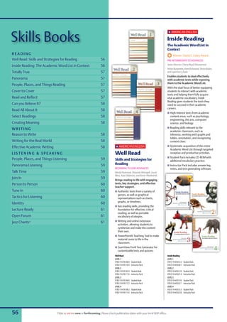 Skills Books
                                                                                                                                  h AMERICAn EngLISh
                                                                                                                                  n

                                                                                                                                 Inside Reading
                                                                                                                                 The Academic Word List in
                                                                                                                                 Context
READING                                                                                                                                Winner David E. Eskey Award
Well Read: Skills and Strategies for Reading                        56                                                           PRE-InTERMEDIATE TO ADvAnCED
                                                                                                                                 Series Director: Cheryl Boyd Zimmerman
Inside Reading: The Academic Word List in Context                   56
                                                                                                                                 Arline Burgmeier, Kent Richmond, Bruce Rubin,
Totally True                                                        57                                                           and Lawrence J Zwier
                                                                                                                                 Enables students to deal effectively
Panorama                                                            57                                                           with academic texts while exposing
                                                                                                                                 them to the Academic Word List.
People, Places, and Things Reading                                  57
                                                                                                                                 With the dual focus of better equipping
Cover to Cover                                                      57                                                           students to interact with academic
                                                                                                                                 texts and helping them fully acquire
Read and Reflect                                                    57                                                           vital academic vocabulary, Inside
                                                                                                                                 Reading gives students the tools they
Can you Believe It?                                                 58                                                           need to succeed in their academic
                                                                                                                                 careers.
Read All About It                                                   58
                                                                                                                                 n high-interest texts from academic
Select Readings                                                     58                                                              content areas, such as psychology,
                                                                                                                                    engineering, the arts, computer
Creating Meaning                                                    58                                                              science, and biology.
                                                                                                                                 n Reading skills relevant to the
WRITING
                                                                                                                                    academic classroom, such as
Reason to Write                                                     58                                                              inference, working with graphs and
                                                                                                                                    tables, annotation, and recognizing
Writing for the Real World                                          58                                                              context clues.
                                                                                 h AMERICAn EngLISh                              n Systematic acquisition of the entire
Effective Academic Writing                                          58           n
                                                                                                                                    Academic Word List through targeted
LISTENING & SPEAKING                                                            Well Read                                           receptive and productive activities.
                                                                                                                                 n Student Pack includes CD-ROM with
People, Places, and Things Listening                                59          Skills and Strategies for                           additional vocabulary practice.
Panorama Listening                                                  59          Reading                                          n Instructor Pack includes answer key,
                                                                                BEgInnIng TO LOW-ADvAnCED                           notes, and test generating software.
Talk Time                                                           59          Mindy Pasternak, Elisaveta Wrangell, Laurie
                                                                                Blass, Kate Dobiecka, and Karen Wiederholt
Join In                                                             59          Brings reading to life with engaging
Person to Person                                                    60          texts, key strategies, and effective
                                                                                teacher support.
Tune In                                                             60          n Authentic texts from a variety of
                                                                                   genres, as well as graphical
Tactics for Listening                                               60             representations such as charts,
                                                                                   graphs, or timelines.
Identity                                                            60
                                                                                n Key reading skills, providing the
Lecture Ready                                                       61             foundation for effective, critical
                                                                                   reading, as well as portable
Open Forum                                                          61             vocabulary strategies.
                                                                                n Writing and online extension
Jazz Chants®                                                        61
                                                                                   activities, allowing students to
                                                                                   synthesize and make the content
                                                                                   their own.
                                                                                n PowerPoint® Teaching Tool to make
                                                                                   material come to life in the
                                                                                   classroom.
                                                                                n Examview Pro® Test generator for
                                                                                   customizable tests and quizzes.
                                                                                Well Read                                        Inside Reading
                                                                                LEvEL 1                                          LEvEL 1
                                                                                978 0 19 476100 0   Student Book                 978 0 19 441612 2   Student Pack
                                                                                978 0 19 476110 9   Instructor Pack              978 0 19 441620 7   Instructor Pack
                                                                                LEvEL 2                                          LEvEL 2
                                                                                978 0 19 476102 4   Student Book                 978 0 19 441613 9   Student Pack
                                                                                978 0 19 476111 6   Instructor Pack              978 0 19 441621 4   Instructor Pack
                                                                                LEvEL 3                                          LEvEL 3
                                                                                978 0 19 476104 8   Student Book                 978 0 19 441614 6   Student Pack
                                                                                978 0 19 476112 3   Instructor Pack              978 0 19 441622 1   Instructor Pack
                                                                                LEvEL 4                                          LEvEL 4
                                                                                978 0 19 476106 2   Student Book                 978 0 19 441615 3   Student Pack
                                                                                978 0 19 476113 0   Instructor Pack              978 0 19 441623 8   Instructor Pack




56                            Titles in red are new or forthcoming. Please check publication dates with your local OUP office.
 