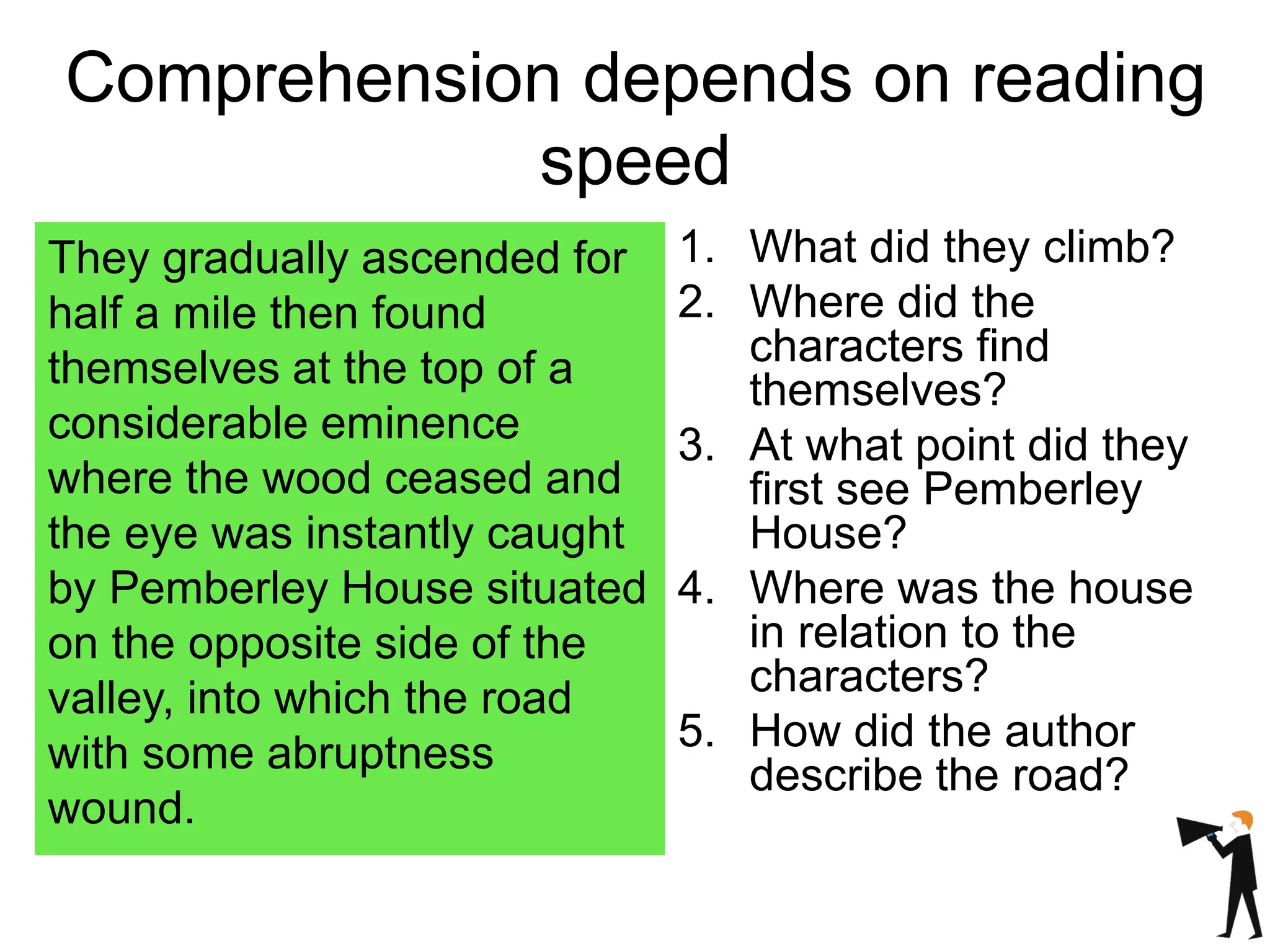 Comprehension depends on reading
speed
They gradually ascended for
half a mile then found
themselves at the top of a
considerable eminence
where the wood ceased and
the eye was instantly caught
by Pemberley House situated
on the opposite side of the
valley, into which the road
with some abruptness
wound.
1. What did they climb?
2. Where did the
characters find
themselves?
3. At what point did they
first see Pemberley
House?
4. Where was the house
in relation to the
characters?
5. How did the author
describe the road?
 